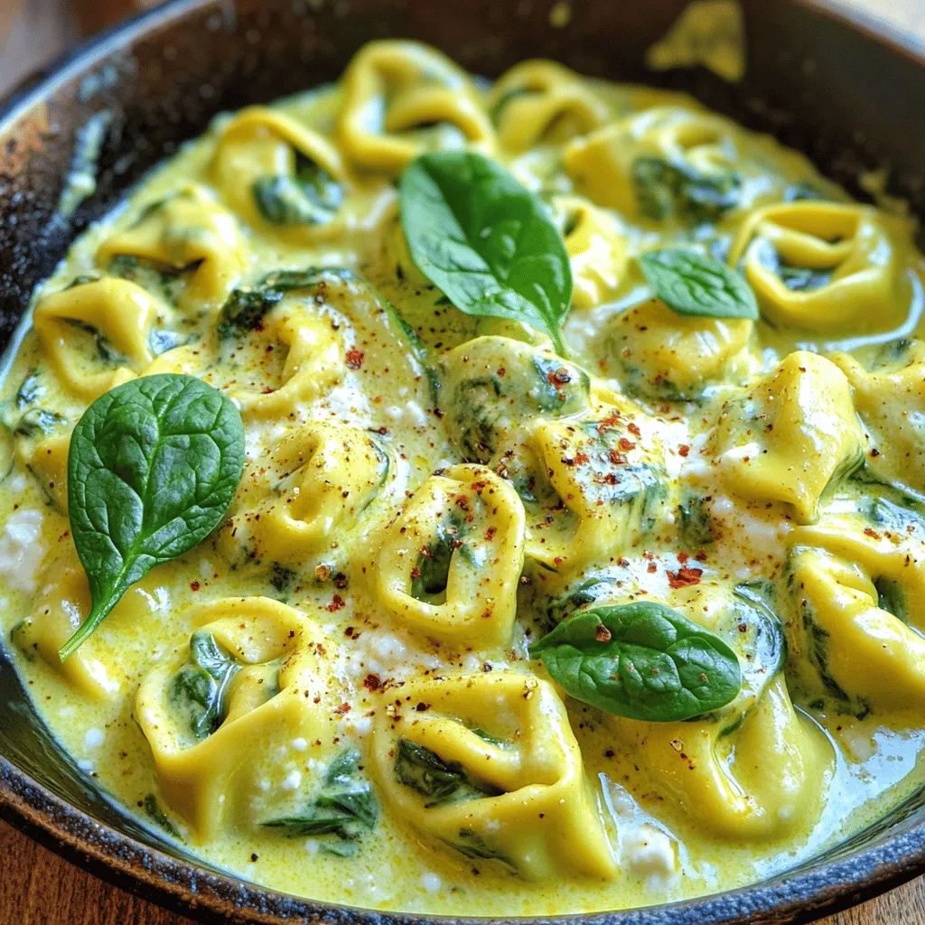 - 15 ounces fresh spinach tortellini - 2 tablespoons olive oil - 2 cloves garlic, minced - 1 cup heavy cream - 1/2 cup grated Parmesan cheese - 1/2 cup ricotta cheese - 1 teaspoon dried oregano - Salt and black pepper to taste - Fresh spinach leaves (for garnish) - A pinch of red pepper flakes (optional for a kick) Each serving of creamy spinach tortellini offers a tasty balance of flavors and nutrients. Here’s a quick breakdown: - Calories: About 480 - Protein: 18g - Fat: 28g - Carbohydrates: 40g - Fiber: 2g - Sugar: 2g This dish is rich in flavor and provides a good source of protein from both cheeses and tortellini. You can easily adjust some ingredients to fit your needs: - Tortellini: Use any stuffed pasta you prefer. Cheese or mushroom-filled versions work well. - Heavy cream: Swap with half-and-half or coconut cream for a lighter option. - Parmesan cheese: Nutritional yeast makes a great vegan substitute. - Ricotta cheese: Cottage cheese can work in a pinch. - Olive oil: Avocado oil or butter are good alternatives for cooking. - Fresh spinach leaves: Arugula or kale can add a different twist for garnish. These swaps let you customize the dish while keeping it delicious. Start by filling a large pot with water. Add a generous pinch of salt. Bring the water to a rolling boil. Once boiling, carefully add 15 ounces of fresh spinach tortellini. Cook them for about 3-4 minutes, or until they are al dente. Be sure to follow the package instructions for best results. After cooking, drain the tortellini well and set them aside in a bowl. In a spacious skillet, pour in 2 tablespoons of olive oil. Heat the oil over medium heat until it shimmers. Then, add 2 cloves of minced garlic. Sauté the garlic for around 30 seconds. Stir constantly to let the aroma fill your kitchen. Make sure not to let the garlic brown. Next, carefully add 1 cup of heavy cream to the skillet. Stir it in slowly, allowing it to heat without boiling. Now, it’s time to make the sauce creamy. Add 1/2 cup of grated Parmesan cheese and 1/2 cup of ricotta cheese. Stir continuously until both cheeses melt into the cream. This creates a rich, smooth texture. Sprinkle in 1 teaspoon of dried oregano. Season the sauce with salt and black pepper to taste. For a little heat, add a pinch of red pepper flakes if you like. Gently add the cooked tortellini to the skillet. Toss them in the creamy sauce until they are well coated. Let the tortellini simmer in the sauce for about 2-3 minutes. This lets all the flavors blend together beautifully. Your creamy spinach tortellini is now ready to serve! For a pop of color, garnish with fresh spinach leaves before plating. Enjoy your flavorful dinner delight! To cook tortellini just right, follow these tips: - Use plenty of water: Fill a large pot with water. Add a good amount of salt. This helps season the pasta. - Boil water first: Wait for the water to boil before adding the tortellini. This keeps them from getting mushy. - Don’t crowd the pot: Cook in batches if needed. This helps each piece cook evenly. - Check doneness: Taste a piece after 3 minutes to see if it’s al dente. It should have a slight bite. To make your sauce smooth and creamy, consider these points: - Heat gently: Add cream slowly to the garlic. Don’t let it boil, as this can make it separate. - Melt cheese properly: Stir in the cheeses until fully melted. This creates a rich, creamy texture. - Season carefully: Taste the sauce before adding more salt or pepper. Balance is key for flavor. - Add herbs last: Mix in oregano at the end for fresh flavor. Dried herbs can lose their taste when cooked too long. To make your dish beautiful and tasty, try these ideas: - Use fresh spinach: Garnish with fresh spinach leaves for color and crunch. It brightens the dish. - Extra cheese: A sprinkle of Parmesan on top adds flavor and looks great. - Red pepper flakes: If you like heat, add a pinch of red pepper flakes. It gives a nice kick. - Plate with care: Serve in shallow bowls for a fancy touch. Drizzle extra sauce on top for visual appeal. {{image_4}} You can make this dish vegan. For a dairy-free sauce, use coconut cream instead of heavy cream. Choose nutritional yeast for a cheesy flavor. You can also replace the cheeses with vegan options. Look for vegan ricotta and Parmesan in stores. These swaps keep the dish creamy and flavorful. Adding protein makes this meal heartier. Cooked chicken breast works well. Simply slice it and mix it with the tortellini. Shrimp is another tasty option. Sauté shrimp until they turn pink, then add them to the creamy sauce. These proteins add texture and taste. Using seasonal vegetables boosts flavor and nutrition. Try adding fresh tomatoes in summer. Their sweetness brightens the dish. In fall, mix in roasted butternut squash for a warm touch. Spinach is perfect here, but feel free to add kale or peas. These veggies make your meal colorful and exciting. To store your creamy spinach tortellini, wait for it to cool. Place it in an airtight container. It will stay fresh in the fridge for up to three days. When you’re ready to eat, just take it out and enjoy! Reheat your tortellini on the stove for the best results. Add a splash of milk or cream in a skillet. This will keep it creamy. Heat on low, stirring gently until warmed through. You can also use the microwave. Place it in a bowl, cover it, and heat for 1-2 minutes. Stir halfway for even warmth. You can freeze creamy spinach tortellini for later. Use a freezer-safe container or bag. It will stay good for up to three months. To reheat, let it thaw in the fridge overnight. Then, warm it on the stove or in the microwave as mentioned above. This way, you can enjoy a delicious meal anytime! To make creamy spinach tortellini from scratch, you need a few key steps. First, create fresh pasta dough. Combine flour and eggs to form a smooth mix. Roll the dough thin and cut it into circles. Next, prepare a filling. You can use ricotta cheese, spinach, and a pinch of salt. Place a small amount of filling in the center of each circle. Fold the dough over and seal the edges to form tortellini. Cook the tortellini in boiling salted water until they float. Then, follow the sauce steps in the recipe for a creamy delight. Yes, you can use frozen tortellini. It is a great time-saver. Just cook the frozen tortellini in boiling water for about 5-7 minutes. Follow the package instructions for the best results. After cooking, drain the tortellini and add them to the creamy sauce. The flavors will still meld well, making a delicious meal. Creamy spinach tortellini pairs well with many sides. Here are a few ideas: - A fresh garden salad with a light vinaigrette. - Garlic bread for a crunchy texture. - Roasted vegetables to add color and nutrients. - A glass of white wine, like Pinot Grigio, enhances the meal. These sides balance the creamy dish and create a delightful dining experience. In this article, we explored the magic of creamy spinach tortellini. We covered the key ingredients and their nutritional value. I shared easy steps to prepare the dish and tips for perfect results. You learned about fun variations and how to store leftovers. Embrace this dish’s flexibility to suit your taste. Enjoy cooking, experimenting, and sharing this delightful meal with friends and family. Simple, tasty, and rewarding, creamy spinach tortellini can elevate any dining experience.