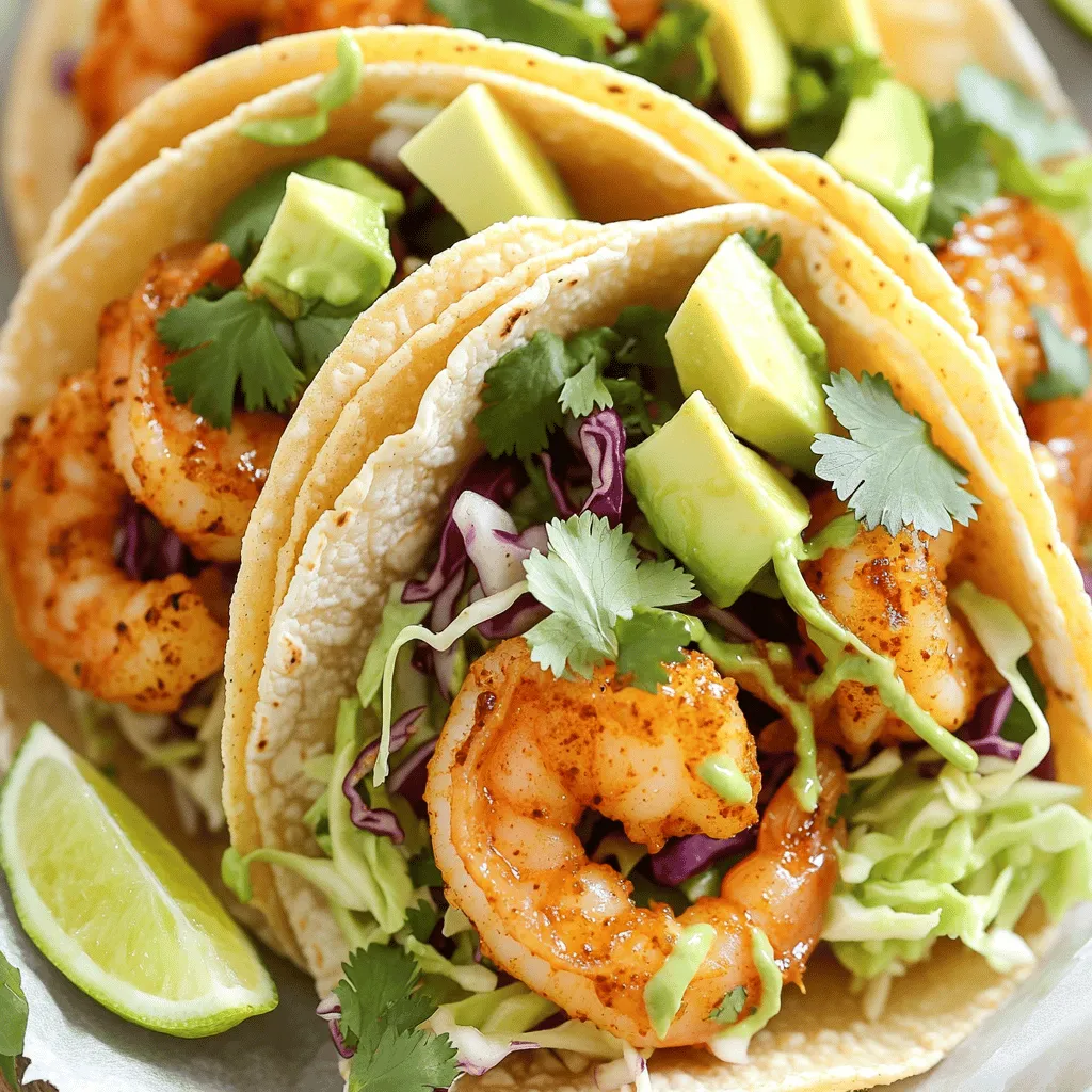 - Shrimp and Marinade Components - 1 pound large shrimp, peeled and deveined - 2 tablespoons extra-virgin olive oil - 1 teaspoon chili powder - 1 teaspoon smoked paprika - 1/2 teaspoon garlic powder - 1/2 teaspoon ground cumin - 1 teaspoon freshly grated lime zest - 2 tablespoons fresh lime juice - Salt and freshly cracked pepper, to taste - Tortilla and Topping Ingredients - 8 small corn tortillas - 1 cup finely shredded cabbage - 1 ripe avocado, sliced into thin wedges - Fresh cilantro leaves, for garnishing - Lime wedges, for serving - Optional Add-ons for Extra Flavor - Sliced jalapeños for heat - Pico de gallo for freshness - Sour cream for creaminess This recipe uses fresh shrimp and zesty lime to create a bright dish. The mix of spices adds warmth and depth to the shrimp. The corn tortillas hold everything together, giving a nice crunch. Add your favorite toppings for extra flavor. The optional ingredients can change the taste and texture to your liking. Enjoy making these tacos your own! Mixing the Marinade Ingredients To start, gather your ingredients. In a medium bowl, mix: - 2 tablespoons extra-virgin olive oil - 1 teaspoon chili powder - 1 teaspoon smoked paprika - 1/2 teaspoon garlic powder - 1/2 teaspoon ground cumin - 1 teaspoon freshly grated lime zest - 2 tablespoons fresh lime juice - Salt and freshly cracked pepper, to taste Stir them well. Aim for a smooth and even mix. This marinade is key for flavor. Marinating the Shrimp Next, add 1 pound of large, peeled, and deveined shrimp to the bowl. Toss gently until every shrimp is coated with the marinade. Let them sit for 15 to 20 minutes. This allows the shrimp to soak in all the zesty flavors. Air Fryer Preheating While the shrimp marinates, preheat your air fryer to 400°F (200°C). This step is important. A hot fryer cooks the shrimp evenly and makes them crispy. Air Frying Process Once preheated, place the marinated shrimp in the air fryer basket. Spread them in a single layer. Cook for 6 to 8 minutes. Shake the basket halfway through. This helps the shrimp cook evenly and gain that delightful crispiness. Heating the Corn Tortillas While the shrimp cooks, prepare the corn tortillas. Heat a skillet over medium heat. Warm each tortilla for about 30 seconds on each side. This keeps them soft and easy to fold. Assembling the Tacos Now it’s time to build your tacos! Take a warmed tortilla and add a few pieces of shrimp. Top with: - 1 cup finely shredded cabbage - 1 ripe avocado, sliced into thin wedges - Fresh cilantro leaves for garnish Serve immediately with lime wedges on the side. Squeeze lime juice over the tacos for extra flavor. Enjoy your tasty creations! - Recommended Marinade Timing: For the best taste, marinate your shrimp for 15 to 20 minutes. This allows the shrimp to soak up all those vibrant chili and lime flavors. If you let it sit longer, the shrimp may become too salty. - Alternative Seasonings: Feel free to mix things up! Try adding a pinch of cayenne for heat or some oregano for an earthy twist. Other herbs like thyme can also work well. Just remember to adjust the amounts to suit your taste. - Air Fryer Tips for Crispiness: To get that perfect crunch, avoid overcrowding the air fryer basket. Cook the shrimp in a single layer. Also, shaking the basket halfway through cooking ensures even crispiness on all sides. - Common Mistakes to Avoid: One common mistake is not preheating the air fryer. Preheating helps the shrimp cook evenly. Also, don’t skip the oil in the marinade; it helps with browning and flavor. Lastly, be careful not to overcook the shrimp; they should be just opaque and tender when done. {{image_4}} You can switch out shrimp for other seafood. Fish like cod or tilapia works well. Just cut the fish into small pieces. Marinate them just like the shrimp. Cook them in the air fryer for a quick meal. You’ll get a nice, flaky texture. Using chicken instead of shrimp is also a great choice. Use boneless, skinless chicken breasts or thighs. Cut them into bite-sized pieces. Coat them in the same marinade. Air fry until they reach a safe temperature. This option gives you a hearty, filling taco. For gluten-free options, use corn tortillas. They are naturally gluten-free and perfect for tacos. You can also find other gluten-free tortillas made from rice or almond flour. Check the package to ensure they meet your needs. If you want vegan tacos, skip the shrimp and use roasted veggies or beans. Bell peppers, zucchini, or black beans add great flavor. You can still use the same marinade for the veggies. This way, you keep all the zesty taste without the meat. To keep leftover shrimp fresh, store them in an airtight container. Place the container in the fridge right away. Shrimp stays good for about three days. Make sure your fridge is at 40°F (4°C) or lower. For reheating, use your air fryer. Set it to 350°F (175°C) and cook for about 3 to 5 minutes. This keeps the shrimp crispy. You can also use a skillet over low heat. Just add a splash of water to keep them moist. If you have assembled tacos, they are best eaten fresh. Store them in the fridge for no more than one day. Wrap them in foil or place them in a container. This helps prevent them from getting soggy. For long-term storage, keep the shrimp and toppings separate. Store tortillas in a sealed bag. You can freeze shrimp for up to three months. When ready to eat, thaw them in the fridge overnight. Reheat as mentioned earlier for the best taste and texture. Yes, you can use frozen shrimp. Just make sure to thaw them first. The best way is to place them in the fridge overnight. If you're short on time, you can put them in a bowl of cold water for about 15-20 minutes. Once thawed, pat them dry before marinating. This helps the seasoning stick better and keeps your tacos from getting soggy. These tacos have a mild spice level. You can adjust the heat to fit your taste. If you want more spice, add extra chili powder or a dash of cayenne pepper to the marinade. For less heat, reduce the chili powder or skip it altogether. You can also add creamy toppings, like avocado, to balance the spice. These tacos pair well with several sides. Consider serving them with: - Black beans - Mexican rice - Grilled corn - Fresh salsa - A crisp salad These sides enhance the meal and add more flavor. Feel free to mix and match based on your preferences. Enjoy your tasty taco night! This blog post covered how to make delicious shrimp tacos, from the key ingredients to storage tips. You learned how to prepare a tasty marinade and cook the shrimp perfectly. I shared options for different seafood, dietary needs, and common mistakes to avoid. Remember, the right toppings and seasonings can elevate your dish. Keep experimenting with flavors to find what you love. Enjoy your cooking journey and make these shrimp tacos your own!