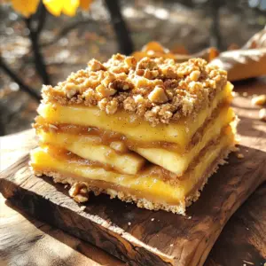 - 3 cups peeled and diced apples - 1 tablespoon freshly squeezed lemon juice - 1 teaspoon ground cinnamon - ¼ teaspoon freshly grated nutmeg - 1 cup rolled oats (whole or gluten-free) - ½ cup all-purpose flour (or gluten-free alternative) - ½ cup packed brown sugar - ½ cup unsalted butter, softened - ¼ teaspoon sea salt - Optional: 1 cup coarsely chopped walnuts or pecans The apples are the star of this recipe. I love using Granny Smith or Honeycrisp apples. They strike a perfect balance between sweet and tart. The lemon juice adds brightness to the apples. It helps keep the apples fresh. Cinnamon and nutmeg bring warmth and depth to the filling. These spices create a cozy flavor that makes the bars feel special. For the crust, I combine oats, flour, and brown sugar. This mix creates a delicious base and a crunchy topping. If you want to add a bit of crunch, toss in some chopped walnuts or pecans. They add a nice texture. Using unsalted butter is key. It lets you control the salt in the recipe. The sea salt enhances the sweetness of the bars. By using gluten-free flour or oats, you can make this recipe accessible to everyone. This way, everyone can enjoy these tasty treats! - Preheat the oven to 350°F (175°C). - Line a 9x9 inch baking pan with parchment paper. Leave some paper hanging over the edges. This makes it easy to lift the bars out later. - In a bowl, combine 3 cups of diced apples with 1 tablespoon of lemon juice. - Add 1 teaspoon of ground cinnamon and ¼ teaspoon of freshly grated nutmeg. - Toss the apples until they are evenly coated. Set this mixture aside for now. - In another bowl, mix 1 cup of rolled oats, ½ cup of flour, and ½ cup of brown sugar. - Add ½ cup of softened butter and ¼ teaspoon of sea salt. - Blend these ingredients with your hands or a pastry cutter until the mixture looks crumbly. - Set aside 1 cup of this oat mixture for the topping. Press the rest into the bottom of the lined pan to create a crust. - Pour the apple mixture evenly over the oat crust. - Sprinkle the reserved oat topping over the apples. If you like, add some chopped walnuts or pecans for extra crunch. - Place the pan in your preheated oven. Bake for 30-35 minutes until the top is golden brown. - Once done, let it cool in the pan for 10 minutes. After that, carefully lift the bars out using the parchment paper. Transfer them to a wire rack to cool completely before slicing. When making apple crisp bars, choose apples that are crisp and flavorful. I recommend using Granny Smith or Honeycrisp apples. These apples give a great balance of tartness and sweetness. They hold their shape well when baked, which is key for a good texture. Lemon juice is also important. It helps prevent the apples from browning and adds a nice zing to the flavor. Just one tablespoon mixed with your apples does wonders. Feel free to add your favorite spices to the filling. Ground ginger or allspice can enhance the flavor. You could also mix in other fruits, like sliced pears or berries, for added variety. If you need gluten-free options, swap out regular flour for a gluten-free flour blend. You can use gluten-free oats to keep the recipe safe for those with gluten sensitivities. For a delightful touch, serve the bars warm with a scoop of vanilla ice cream or a dollop of whipped cream on top. This contrast in temperature and texture is simply amazing. To make your bars look fancy, dust them lightly with powdered sugar before serving. This gives a beautiful finish to your apple crisp bars, making them even more tempting. {{image_4}} You can easily make these apple crisp bars nut-free. Just leave out the walnuts or pecans. You can also add seeds for texture. Sunflower seeds work great, or try pumpkin seeds for a fun twist. Feel free to switch up the fruit based on the season. You can use berries like blueberries or strawberries in spring and summer. For fall, consider adding sliced peaches or plums. Adjust your spices too! Use cardamom for a warm flavor in winter or lemon zest for brightness in summer. Want a healthier version? Reduce the sugar by half. You can also use applesauce instead of butter. It keeps the bars moist while cutting down on fat. Just replace half of the butter with applesauce. This way, you can enjoy a delicious treat with less guilt! To keep your apple crisp bars fresh, follow these tips: - Cool Completely: Let the bars cool down fully before storing. - Use Airtight Containers: Store them in airtight containers to prevent drying out. - Layer with Parchment: If stacking, place parchment paper between layers to avoid sticking. - Keep in a Cool Place: Store in a cool, dry spot or the fridge for extra freshness. Freezing is a great way to save apple crisp bars for later. Here are the steps to freeze: 1. Cool Bars First: Make sure the bars are completely cool. 2. Wrap Tightly: Wrap them in plastic wrap or aluminum foil. 3. Use Freezer Bags: Place the wrapped bars in freezer-safe bags. 4. Label and Date: Write the date on the bag so you remember when you froze them. For thawing: - Thaw in the Fridge: The best way is to move them to the fridge for several hours or overnight. - Reheat for Warmth: If you want them warm, reheat in the oven at 350°F (175°C) for about 10 minutes. These methods help maintain the flavor and texture of your delicious apple crisp bars! Yes, you can make Apple Crisp Bars ahead of time. To do this, prepare the bars as instructed and let them cool completely. Once cooled, cut them into squares and store them in an airtight container. They will stay fresh for up to three days. You can also freeze the bars for up to three months. Just wrap them tightly in plastic wrap and place them in a freezer-safe bag. When you want to enjoy them, simply thaw in the fridge overnight. To tell if your bars are done, look for a golden brown top. The apples should be soft but not mushy. You can also check by inserting a toothpick into the center. If it comes out clean or with a few crumbs, your bars are ready. The wonderful smell of baked apples and cinnamon will fill your kitchen, too! Absolutely! While Granny Smith and Honeycrisp are great choices, many apples work well in this recipe. Fuji, Gala, or Braeburn apples add sweetness and flavor. Mixing different apple types can create a more complex taste. Just make sure to peel and dice them before using. To cut your bars neatly, let them cool completely on a wire rack. Use a sharp knife for clean slices. If you want to serve them warm, heat each piece in the microwave for a few seconds. Pair them with a scoop of vanilla ice cream or a dollop of whipped cream for a treat everyone will love! You can dust the top with powdered sugar for an extra touch. You've learned how to create delicious apple crisp bars using simple ingredients and easy steps. By choosing the right apples and personalizing your mix, you can make a treat that suits your taste. Don't forget to store leftovers properly or freeze them for later. Enjoy these bars on their own or with your favorite toppings. With these tips, you can impress friends and family. Bake a batch today and savor every bite. It’s a tasty way to enjoy apples!