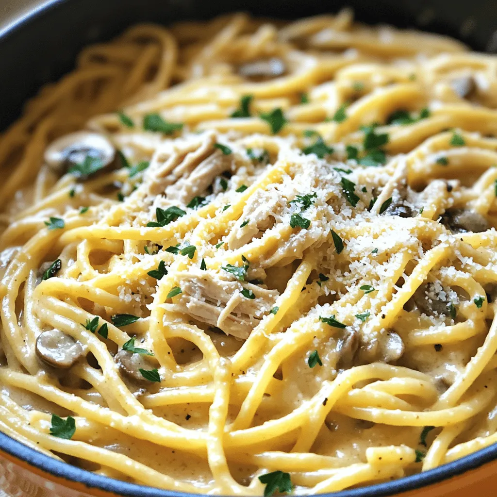 To make this tasty dish, gather these simple ingredients: - 8 oz spaghetti, uncooked - 1 tablespoon olive oil - 1 medium onion, diced - 3 cloves garlic, minced - 2 cups cooked turkey, shredded - 1 cup mushrooms, sliced - 1 teaspoon dried thyme - 1 teaspoon garlic powder - 4 cups chicken broth - 1 cup heavy cream - 1 cup grated Parmesan cheese - Salt and pepper to taste - Fresh parsley, chopped (for garnish) You can swap ingredients to fit your needs. Here are some ideas: - Spaghetti: Use gluten-free pasta for a gluten-free option. - Turkey: Chicken or cooked ham works well too. - Heavy cream: Substitute with coconut milk or cashew cream for a lighter option. - Mushrooms: If you dislike mushrooms, try using bell peppers or zucchini. - Parmesan cheese: Nutritional yeast offers a vegan cheese flavor. Choosing the right ingredients makes a big difference in taste. Here are some tips: - Pasta: Select high-quality spaghetti; it holds sauce better. - Turkey: Use leftover turkey for the best flavor and texture. - Cream: Choose heavy cream with a high fat content for a rich sauce. - Broth: Use low-sodium chicken broth for better control over salt. - Fresh herbs: Always opt for fresh parsley; it adds color and flavor to your dish. These choices will help you create a delightful One-Pot Creamy Garlic Parmesan Turkey Tetrazzini. Enjoy the process and the flavors! 1. Start by heating the olive oil in a large pot over medium heat. 2. Add the diced onion and sauté for 4-5 minutes until it turns soft and clear. 3. Stir in the minced garlic and sliced mushrooms. Cook for 2-3 minutes until the mushrooms soften. 4. Next, add the shredded turkey, dried thyme, and garlic powder. Season with salt and pepper. Cook for 2 more minutes. 5. Pour in the chicken broth and bring it to a gentle simmer. 6. Carefully add the uncooked spaghetti, making sure it is covered in broth. 7. Cover the pot and cook for 10-12 minutes, stirring often to prevent sticking. 8. Once the spaghetti is al dente, reduce heat to low. Mix in the heavy cream and grated Parmesan cheese. 9. Stir until the cheese melts and the sauce is creamy. Taste and adjust seasoning if needed. 10. Remove from heat and let it rest for a few minutes before serving. This recipe uses several key techniques. Sautéing helps bring out the flavors of the onion, garlic, and mushrooms. Simmering allows the spaghetti to cook directly in the broth, infusing it with flavor. Finally, mixing in cream and cheese creates a rich, creamy sauce. While I can’t provide photos, I suggest taking pictures at each step. Show the sautéed onions, the simmering mixture, and the final creamy dish. This can help you see your progress and confirm that you are on the right track. Sharing these images can also inspire others to try the recipe! To make sure your sauce stays creamy, you need to watch the heat. Use low heat when adding cream and cheese. If the heat is too high, the sauce could break and become grainy. Stir well while adding the cream. This keeps it smooth and mixes everything nicely. One common mistake is not stirring enough. If you don’t stir the pasta, it can stick to the pot. This can ruin the texture. Another pitfall is adding the cheese too early. Always add cheese after the pasta is cooked. This way, it melts smoothly into the sauce. To save time, prep your ingredients first. Chop the onions, garlic, and mushrooms before you start cooking. Use pre-cooked turkey if you have it. This cuts down on cooking time. You can also use a pot that’s big enough to fit everything. This means less cleanup later! {{image_4}} You can swap turkey for other proteins. Chicken works well if you prefer it. Cooked ham or even shrimp can add a fun twist. Each option brings a new taste. Just ensure you adjust cooking times. For example, shrimp cooks faster than turkey. To make a vegetarian version, skip the turkey. Use extra mushrooms or add spinach for texture. For a vegan option, replace heavy cream with coconut milk. You can also use vegan cheese to keep it creamy. Just be sure to check labels for hidden animal products. Experimenting can make this dish even better. Add sun-dried tomatoes for a tangy kick. Fresh herbs like basil or oregano can brighten the flavor. You can also mix in peas or carrots for extra veggies. Try adding a pinch of red pepper flakes for some heat. The options are endless, so get creative! Storing your leftover One-Pot Creamy Garlic Parmesan Turkey Tetrazzini is simple. First, let it cool to room temperature. This helps prevent condensation. Next, transfer it to an airtight container. You can store it in the fridge for up to three days. If you plan to keep it longer, freezing is a great option. When it's time to reheat your Tetrazzini, you want it creamy and delicious. Start by taking it out of the fridge. Heat a pan over low to medium heat. Add a splash of chicken broth or cream to the pan. This helps bring back the creamy texture. Stir gently as it heats. If you use the microwave, cover it with a damp paper towel. Heat in short bursts, stirring in between, until warm. Freezing your Tetrazzini is a smart way to save time. To freeze, portion it into smaller containers. Make sure each container is airtight. Label them with the date. You can freeze it for up to three months. When you’re ready to eat, thaw it in the fridge overnight. Then, follow the reheating tips to enjoy a creamy meal again. Yes, you can use uncooked turkey. Just make sure to cook it fully. Start by browning the turkey in the pot before adding other ingredients. This adds flavor and ensures it’s safe to eat. You can use half-and-half or whole milk. For a lighter option, try using Greek yogurt mixed with a bit of milk. These substitutes will change the flavor slightly but will still give you a creamy texture. To spice things up, add crushed red pepper flakes or diced jalapeños. Stir them in with the garlic and mushrooms. You can also use a spicy cheese or add hot sauce at the end for extra heat. This blog post covered how to make One-Pot Creamy Garlic Parmesan Turkey Tetrazzini. We explored ingredients, cooking steps, and tips to ensure a great dish. You learned about ingredient swaps for diets and how to store leftovers. With practice, you can avoid common mistakes and try fun variations. Cooking should be enjoyable and easy. Use this guide to create your own tasty tetrazzini. Your kitchen adventures will be fun and satisfying. Enjoy the delicious results!