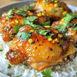 - 6 bone-in, skin-on chicken thighs - 4 cloves garlic, finely minced - 1/4 cup pure honey - 2 tablespoons soy sauce - 1 tablespoon apple cider vinegar - 1 teaspoon chili flakes (adjust based on your spice preference) - 1 teaspoon freshly grated ginger - 2 tablespoons olive oil (plus additional for searing) - Sea salt and freshly cracked black pepper, to taste - Fresh cilantro, roughly chopped for garnish In this recipe, chicken thighs take center stage. I love using bone-in, skin-on thighs for their rich flavor and juicy texture. The skin crisps up beautifully during cooking, adding a nice contrast to the tenderness of the meat. The marinade is where all the magic happens. I combine garlic, honey, soy sauce, apple cider vinegar, chili flakes, and ginger to create a balance of sweet, tangy, and spicy flavors. Each ingredient plays a role. - Garlic gives a strong, aromatic kick. - Honey adds natural sweetness that caramelizes when cooked. - Soy sauce brings umami depth. - Apple cider vinegar cuts through the richness and adds brightness. - Chili flakes deliver heat, which you can adjust based on your taste. Next, I add olive oil, sea salt, and black pepper to round out the marinade. The oil helps to keep the chicken moist, while the salt and pepper enhance the flavors. Finally, I like to garnish with fresh cilantro. It adds a pop of color and a fresh taste to every bite. This mix of ingredients creates a dish that is not just easy but also bursting with flavor. You can feel good about serving this to family and friends! 1. In a large bowl, whisk together: - 4 cloves garlic, finely minced - 1/4 cup pure honey - 2 tablespoons soy sauce - 1 tablespoon apple cider vinegar - 1 teaspoon chili flakes - 1 teaspoon freshly grated ginger - 2 tablespoons olive oil - Sea salt and black pepper to taste 2. Ensure all ingredients mix well. 3. Take your 6 chicken thighs and coat them well in the marinade. 4. Cover the bowl with plastic wrap. 5. Place it in the fridge for at least 30 minutes, or up to 2 hours for more flavor. 1. Preheat your oven to 400°F (200°C). 2. Heat a drizzle of olive oil in an oven-safe skillet over medium-high heat. 3. Remove chicken from the marinade, saving it for later. 4. Place the chicken thighs skin-side down in the skillet. 5. Sear for about 5 minutes until the skin turns golden brown. 6. Flip the thighs so the skin side is up. 7. Pour the reserved marinade over the chicken. 8. Transfer the skillet to the oven. 9. Bake for 25-30 minutes, until the chicken hits 165°F (75°C). 10. Halfway through baking, baste the chicken with the sauce in the pan for extra flavor. 1. Once cooked, take the skillet out of the oven. 2. Let the chicken rest for a few minutes in the pan. 3. Top with freshly chopped cilantro for a pop of color. 4. Serve and enjoy the flavors! To make a great marinade, you need to balance sweetness and spiciness. The honey adds a nice sweetness, while the chili flakes bring heat. You can change the amount of chili flakes to match your taste. A good mix makes the chicken flavorful. Marination time matters. For the best flavor, marinate the chicken for at least 30 minutes. If you have more time, let it sit for up to 2 hours. This soaking lets the flavors seep deep into the meat. Searing the chicken is key for crispiness. Start by heating olive oil in a skillet. Place the chicken skin-side down and let it cook for about 5 minutes. The goal is to get that skin golden and crunchy. This step adds texture and enhances the overall taste. The best temperature for baking chicken is 400°F (200°C). This heat cooks the chicken evenly while keeping it juicy. Make sure the internal temperature reaches 165°F (75°C). This ensures your chicken is safe and ready to eat. For side dishes, I recommend fluffy jasmine or basmati rice. These grains soak up the sauce well and complement the dish. Roasted vegetables add color and nutrition. Think bell peppers, carrots, or broccoli for a vibrant plate. For presentation, drizzle extra sauce over the chicken right before serving. This adds a glossy look and extra flavor. A few lime wedges on the side can give a nice zesty touch. Don't forget to sprinkle fresh cilantro on top for a pop of color and freshness! {{image_4}} You can change the honey in this recipe. Maple syrup or agave can work in its place. Both add sweetness, just like honey. You can also use boneless chicken thighs if you prefer. They cook faster and are easier to eat. Just keep an eye on the cooking time. Do you want to turn up the heat? You can add more chili flakes to the marinade. Start with a teaspoon, then taste it. If you want more heat, add more. You can also mix in other spices, like cayenne or smoked paprika. These will give your dish an extra kick and a unique flavor. You can grill the chicken for a smoky flavor. Just marinate as usual, then place the thighs on a hot grill. Cook for about 6-8 minutes per side. If you want a hands-off method, try using a slow cooker. Place the marinated chicken in the cooker and cook on low for 6-8 hours. This will make the chicken very tender and full of flavor. To keep your spicy honey garlic chicken thighs fresh, store them in the fridge. Place the chicken in an airtight container. Make sure it cools down before sealing. This helps to keep the chicken juicy. Store it for up to 3 days. If you want a longer shelf life, freeze the chicken. Wrap each piece in plastic wrap, then put it in a freezer bag. This way, the chicken lasts up to 3 months. When you're ready to enjoy leftovers, reheating is key. To keep the chicken moist, use the oven. Preheat the oven to 350°F (175°C). Place the chicken on a baking tray. Add a splash of water or chicken broth to the tray. This will create steam and prevent drying. Cover the tray with foil to lock in moisture. Heat for about 15-20 minutes or until warm. You can also use a microwave. Place the chicken on a microwave-safe plate. Add a little water and cover it with a damp paper towel. Heat in short bursts of 30 seconds. Check if it's warm enough after each burst. Always make sure to reheat chicken to an internal temperature of 165°F (75°C) for safety. Enjoy your flavorful meal again! These chicken thighs have a nice kick from the chili flakes. I use one teaspoon of chili flakes for a medium heat. If you prefer less spice, reduce the amount. For more heat, add extra chili flakes. The goal is to balance the heat with the sweetness of honey. Yes, you can! Marinate the chicken thighs for up to two hours. This adds great flavor. You can also marinate the chicken the night before. Just store it in the fridge. To reheat, bake it again at 350°F (175°C) until hot. This keeps the chicken juicy and tasty. If you don't have chicken thighs, you can use drumsticks or chicken breasts. Drumsticks will stay juicy like thighs. Chicken breasts cook faster, so watch them closely. Adjust cooking time based on the cut you choose. This blog post shared a simple way to make spicy honey garlic chicken thighs. It covered ingredients, marinating, cooking, and serving tips. I also shared variations and storage options. You now have many ideas to create this dish your way. Remember, the key is to find your ideal mix of sweet and spicy. Enjoy your cooking, and try out different methods! Don’t forget to share your results with friends and family.