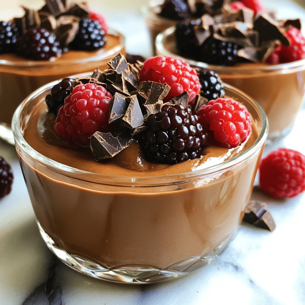- 1 cup cottage cheese (low-fat recommended) - 1/2 cup unsweetened cocoa powder - 1/4 cup honey or maple syrup - 1 teaspoon pure vanilla extract - 1/4 cup almond milk (or any milk of choice) - A pinch of salt In this recipe, cottage cheese is key. It gives the mousse a creamy texture and packs in protein. I like to use low-fat cottage cheese for a lighter feel. Cocoa powder adds deep chocolate flavor. You can choose unsweetened cocoa for control over sweetness. For sweetness, honey or maple syrup works well. You can adjust the amount based on your taste. Vanilla extract brings warmth and depth to the dish. Almond milk adds creaminess but feel free to swap in any milk you prefer. The pinch of salt is crucial. It balances the sweetness and enhances the overall flavor. - Dark chocolate shavings - Fresh berries (raspberries or strawberries) - Crushed nuts (almonds or walnuts) Toppings make this mousse even better. Dark chocolate shavings add a rich touch. Fresh berries are bright and refreshing. Raspberries and strawberries work best for flavor contrast. Crushed nuts, like almonds or walnuts, give a nice crunch. You can mix and match toppings based on what you love! First, gather your ingredients. You will need: - 1 cup cottage cheese (low-fat recommended) - 1/2 cup unsweetened cocoa powder - 1/4 cup honey or maple syrup - 1 teaspoon pure vanilla extract - 1/4 cup almond milk (or any milk of choice) - A pinch of salt Add all these ingredients into your blender or food processor. Blend on high speed for about 2-3 minutes. You want it to be smooth and creamy. Stop halfway to scrape down the sides. This helps mix everything well. After blending, taste your mousse. If you want it sweeter, add more honey or maple syrup. Blend briefly again to mix in the sweetener. This step lets you control the flavor just how you like it. Carefully pour the mousse into individual serving bowls. Once you’ve done that, refrigerate them for at least 30 minutes. This time allows the mousse to firm up and the flavors to meld. It’s a simple but key step for the best taste. To get a smooth mousse, blend the ingredients well. A thick mixture can leave lumps. Blend for about 2-3 minutes on high speed. Halfway through, stop to scrape down the sides. This step ensures all ingredients mix well and you avoid any chunks. Adjust the sweetness to fit your taste. Start with 1/4 cup of honey or maple syrup. If you want it sweeter, add more. Blend again briefly to mix in any extra sweetener. You can also swap almond milk for any milk you prefer. Try coconut milk for a tropical twist or oat milk for a creamier texture. Serve the mousse in clear glass cups. This makes it look fancy and shows off the rich color. For a fresh touch, add a sprig of mint on top. You can also sprinkle dark chocolate shavings, fresh berries, or crushed nuts for extra flair. These toppings not only add taste but also make your dessert look irresistible! {{image_4}} You can make your mousse even more delightful with a few simple tweaks. Try adding peanut butter or almond butter. This gives a rich, nutty flavor that pairs perfectly with chocolate. Just mix in a tablespoon or two when blending. You can also incorporate espresso for a mocha twist. A teaspoon of espresso powder or a shot of brewed coffee boosts the chocolate taste. Blend it in for a coffee-chocolate fusion that’s hard to resist! If you need a vegan version, swap cottage cheese for coconut cream. The cream adds a rich texture without dairy. Use full-fat coconut cream for the best results. You can also find sugar-free alternatives. Try using stevia or erythritol instead of honey or maple syrup. This way, you can enjoy a low-sugar treat without losing taste. The mousse is great on its own, but you can enhance it further! Pair it with fresh fruits like raspberries or strawberries. Their tartness balances the sweetness nicely. You can also sprinkle some granola on top for a crunchy texture. Another fun idea is to use the mousse as a filling for cakes or pastries. Imagine a chocolate mousse cake or a chocolate-filled pastry; it’s a treat that impresses everyone! You should store your Protein Packed Cottage Cheese Chocolate Mousse in the fridge. It stays fresh for up to three days. To keep it fresh longer, cover the bowls with plastic wrap or a lid. This helps avoid any unwanted odors and keeps the mousse creamy. Yes, you can freeze this protein-packed mousse! It keeps well for about two months. To thaw, move it to the fridge overnight. Avoid using the microwave, as it may change the texture. After thawing, stir gently to restore its creaminess. Chill the mousse for at least 30 minutes before serving. This helps it firm up and enhances the flavors. The taste improves as it sits, allowing the cocoa and sweet notes to blend beautifully. Enjoy it at its best after chilling! Yes, you can use different types of cottage cheese. Light cottage cheese has less fat and calories. It can make your mousse lighter. Regular cottage cheese is creamier and richer. Both options work well, so choose based on your taste. Absolutely! This mousse is great for kids. It packs protein from cottage cheese, which helps build strong muscles. The cocoa powder adds flavor and antioxidants. You can adjust the sweetness to suit their taste. It's a fun and healthy treat they will love! If you want to swap honey or maple syrup, try agave nectar or coconut sugar. Both are natural sweeteners that work well. You could also use stevia for a low-calorie option. Adjust the amount based on your sweetness preference. This blog post shared a simple and tasty way to make protein-packed mousse. You learned about key ingredients and step-by-step instructions to create it. I emphasized tips for texture, flavor, and presentation. You can also try different toppings or variations to match your taste. Remember to store it correctly for the best results. Enjoy your delicious dessert, knowing you made it with simple, wholesome ingredients. This mousse is not just tasty; it’s fun to make and good for you. Time to get blending and enjoy!