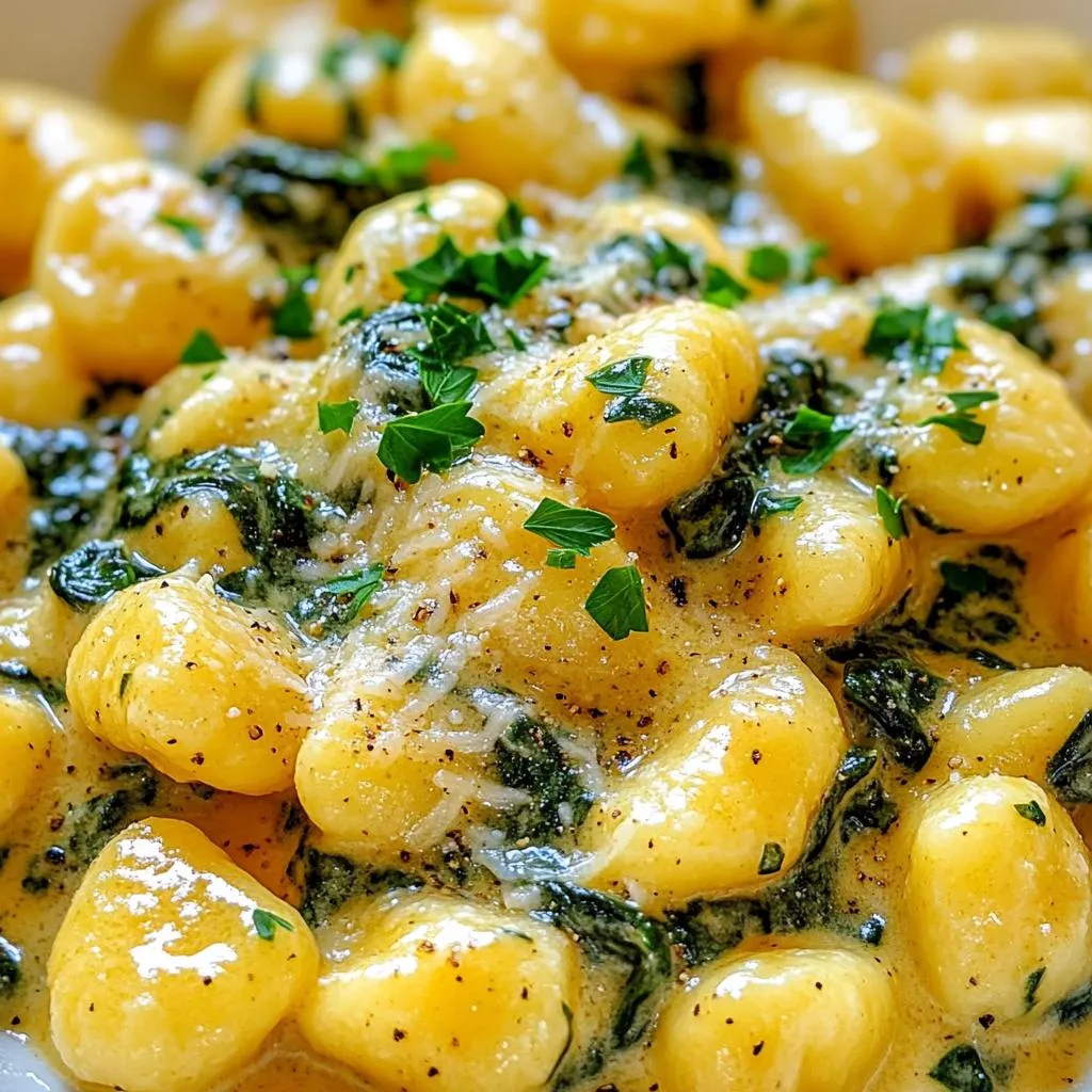 - 1 package (16 oz) potato gnocchi - 4 cups fresh spinach, washed and dried - 4 tablespoons unsalted butter - 4 cloves garlic, minced - 1 cup heavy cream - 1/2 cup freshly grated Parmesan cheese - Salt and freshly ground black pepper to taste - Fresh parsley, chopped (for garnish) Using fresh ingredients makes a big difference in flavor. Fresh spinach adds a bright taste and vibrant color. Fresh garlic gives a strong, tasty kick that dried garlic can't match. When you use quality cheese, like freshly grated Parmesan, you get a rich, creamy texture. Fresh ingredients not only taste better but also add nutrients to your meal. You can swap out ingredients if needed. If you can't find potato gnocchi, try using store-bought or homemade pasta. For a lighter option, use half-and-half instead of heavy cream. If you're dairy-free, look for plant-based cream and cheese. You can also add veggies like mushrooms or sun-dried tomatoes for extra flavor. Enjoy experimenting! To start, fill a large pot with water. Add a good amount of salt to it. Bring the water to a rolling boil. Carefully add the potato gnocchi into the pot. Cook the gnocchi for about 2-3 minutes. You will know they are ready when they float to the top. Once cooked, drain them well but do not rinse. This keeps the starch on the gnocchi, which helps the sauce stick. Next, take a large skillet and place it over medium heat. Add the unsalted butter and let it melt completely. Once melted, toss in the minced garlic. Sauté the garlic for 1-2 minutes. You want it to smell good and turn a light golden color. Stir it often to avoid burning. Now, add the fresh spinach to the skillet. Stir it around until it wilts down, which takes about 3-4 minutes. When the spinach looks soft, gently pour in the heavy cream. Stir well to mix everything together. Turn the heat up a little to bring it to a gentle simmer. Keep stirring to make sure it doesn't curdle. After the cream is simmering, reduce the heat to low. Gradually sprinkle in the grated Parmesan cheese while stirring. This will help the cheese melt smoothly into the sauce. Mix until the sauce becomes silky and smooth. Taste and add salt and freshly ground black pepper as needed. Carefully add the cooked gnocchi to the skillet. Use a spatula or tongs to toss the gnocchi gently in the creamy sauce. Make sure each piece is well coated. Let everything cook together for another 2-3 minutes. This allows the gnocchi to soak up the delicious flavors. Once heated through, take the skillet off the heat. Spoon the creamy gnocchi into serving plates or a large bowl. For a nice touch, garnish with chopped fresh parsley. This adds color and freshness to your meal. For extra flair, you can sprinkle more Parmesan cheese on top and add a twist of black pepper. To prevent overcooked gnocchi, keep an eye on the pot. Boil salted water and add the gnocchi gently. Cook them for 2-3 minutes. The gnocchi will float when they are ready. If they stay in too long, they can become mushy. Always drain them right after cooking. Do not rinse them; you want to keep the starch on them. This helps the sauce stick better. To make a richer sauce, use more butter and cream. Start by melting 4 tablespoons of unsalted butter in the skillet. Then, add 1 cup of heavy cream slowly. Stir it well to mix. You can also add more Parmesan cheese for extra creaminess. It adds depth and flavor. If you want a hint of sweetness, try a pinch of sugar. This balances the garlic's strong taste. To enhance the flavors, season your dish well. Use salt and freshly ground black pepper to taste. Fresh herbs like basil or thyme can add brightness. You can also add a squeeze of lemon juice for a zesty kick. Consider a pinch of red pepper flakes if you like some heat. These small changes can make a big difference in taste. Enjoy experimenting with different flavors! {{image_4}} You can easily add protein to this dish. Chicken or shrimp pairs well with the creamy sauce. For chicken, use cooked, diced pieces. Sauté them in the garlic butter before adding the spinach. For shrimp, add raw shrimp to the skillet. Cook them until pink, then follow the recipe as usual. Both options will make it heartier and more filling. If you want a vegetarian twist, consider adding other vegetables. Zucchini, bell peppers, or mushrooms can all be great choices. Sauté these veggies with the garlic. You can also toss in some cherry tomatoes for a burst of color and flavor. This way, the dish stays fresh and exciting. To make this dish dairy-free, swap the heavy cream for coconut cream or a dairy-free cream. Use nutritional yeast instead of Parmesan for a cheesy flavor. You can also find plant-based butter for sautéing. These swaps keep the dish creamy without dairy. To keep leftovers fresh, store the gnocchi in an airtight container. Place them in the fridge. They stay good for up to three days. Make sure to let the dish cool before sealing it. This helps prevent moisture buildup, which can make the gnocchi soggy. Reheat your gnocchi on the stove for the best results. Use a non-stick skillet over low heat. Add a splash of cream or water to help loosen the sauce. Stir gently until warmed through. You can also use the microwave. If you choose this method, place the gnocchi in a microwave-safe dish. Cover it with a damp paper towel to keep moisture in. Heat for one minute, then stir and heat again if needed. To freeze, place cooled gnocchi in a single layer on a baking sheet. Freeze them for about one hour until firm. Once frozen, transfer the gnocchi to a freezer-safe bag. Label the bag with the date. They can be frozen for up to three months. When ready to eat, cook them straight from the freezer in boiling water for about 4-5 minutes. No need to thaw! This keeps their texture intact. Yes, you can use frozen gnocchi. Just cook it straight from the freezer. Follow the package directions, usually around 3-5 minutes in boiling water. Frozen gnocchi tastes great and saves time. To add spice, try red pepper flakes. Start with a pinch and add more if needed. You can also use a dash of hot sauce or minced fresh chili. These options give your dish a nice kick. This dish pairs well with a fresh salad or garlic bread. You can also serve it with grilled chicken or shrimp for extra protein. A light white wine complements the flavors nicely, too. Gnocchi is cooked when it floats to the top of the boiling water. This usually takes 2-3 minutes. Once it rises, it's ready to be drained and tossed with the sauce. Yes, you can make this dish gluten-free. Look for gluten-free gnocchi made from potato or other gluten-free flours. The rest of the ingredients are naturally gluten-free, so you can enjoy every bite worry-free. This blog post covers the key steps to make creamy garlic butter spinach gnocchi. We explored the importance of fresh ingredients and shared helpful substitutions. I provided step-by-step cooking instructions, tips to avoid overcooked gnocchi, and ways to enhance the flavor. You learned about delicious variations, storage tips, and common questions. In essence, cooking this dish can be fun and satisfying. With fresh ingredients and a few tricks, you can impress anyone at your table. Now, go enjoy making your gnocchi!