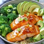 - 2 salmon fillets - 2 tablespoons honey - 2 tablespoons Sriracha sauce - 1 tablespoon soy sauce - 1 teaspoon garlic powder - 1 teaspoon ginger powder - Salt and freshly ground pepper to taste The salmon fillets are the stars of the dish. They provide a rich, buttery flavor that pairs perfectly with the sweet and spicy marinade. Honey adds a touch of sweetness, while Sriracha brings heat. Soy sauce adds depth, and garlic and ginger enhance the taste. - 2 cups cooked quinoa or brown rice - 1 cup fresh broccoli florets, steamed until bright green - 1 ripe avocado, sliced into wedges - 2 green onions, thinly sliced For the base, you can choose quinoa or brown rice. Both add a nutty flavor and texture. The steamed broccoli adds color and crunch. Avocado slices bring creaminess, and green onions add a fresh bite. - Toasted sesame seeds - Lime wedges - Crushed red pepper flakes Garnishes make your dish pop. Toasted sesame seeds add a nice crunch. Lime wedges give a zesty kick. Crushed red pepper flakes can spice things up for those who like a bit more heat. - Combine 2 tablespoons of honey, 2 tablespoons of Sriracha sauce, and 1 tablespoon of soy sauce in a bowl. - Add 1 teaspoon of garlic powder, 1 teaspoon of ginger powder, and salt and pepper to taste. - Whisk the mix until it is smooth and well blended. - Take 2 salmon fillets and place them in a shallow dish. - Pour the marinade over the fillets. Make sure you coat them well on all sides. - Cover the dish and let the salmon sit for 15-20 minutes to soak up all the flavors. - While the salmon marinates, preheat your air fryer to 400°F (200°C). This takes about 5 minutes. - After marinating, gently place the salmon fillets in the air fryer basket, skin side down. - Cook for 8-10 minutes. Check if the salmon flakes easily with a fork to know it’s done. - Divide 2 cups of cooked quinoa or brown rice into two bowls as a base. - Neatly arrange 1 cup of steamed broccoli and sliced avocado around the base. - Place the cooked salmon on top and drizzle any remaining marinade over it. - For extra flavor, sprinkle sliced green onions and toasted sesame seeds on top. To get the best salmon, you need to check for doneness. Look for the salmon to flake easily. This means it is cooked right. You can also check the color. Cooked salmon turns from bright pink to a pale hue. If your fillets are thick, adjust your cooking time. Thicker pieces need more time. Start with 8 minutes, then check. If it’s not flaking, give it another minute or two. Want to add more flavor? Consider spices like paprika or cayenne. They can boost the heat and depth. You can also add fresh herbs like cilantro or parsley for freshness. Balancing sweetness and spiciness is key. If your dish is too sweet, add a bit more Sriracha. If it’s too spicy, a drizzle of honey can help. Taste as you go to find your perfect mix. For a beautiful bowl, use color! Arrange the green broccoli beside the golden quinoa. The bright green avocado adds a nice touch too. Don’t forget to serve with lime wedges. A squeeze of lime adds a zesty kick. You can also sprinkle crushed red pepper flakes on top. This adds both flavor and charm to your dish. {{image_4}} You can switch out salmon for chicken or tofu. When using chicken, cut it into smaller pieces. This helps it cook evenly. For tofu, press it to remove extra water. Then, cut it into cubes. Adjust the marinade for these proteins. For chicken, you might want to add a bit more soy sauce. For tofu, keep the marinade the same. Both will soak up the flavors well. While quinoa is great, brown rice works too. Both provide a nice base for your bowl. You can also try other grains like farro or barley. These add different textures and flavors. If you want greens, use spinach or kale instead of grains. These add a fresh twist and are packed with nutrients. Get creative with sauces! Try teriyaki or garlic butter instead of honey sriracha. Each sauce brings its own flavor. Adding seasonal veggies can change the dish. Try bell peppers in summer or carrots in fall. Mix and match to keep your bowls exciting! To store your Air Fryer Honey Sriracha Salmon Bowls, follow these steps: - Refrigeration: Place leftovers in an airtight container. This keeps out air and moisture. Use glass or plastic containers with tight lids for the best results. - Time Frame: Consume the leftovers within 2-3 days. This ensures freshness and taste. If you wait longer, the salmon might lose its flavor and texture. When it’s time to enjoy your leftovers, here’s how to reheat them: - Best Methods: Use the air fryer or a stovetop pan. These methods help keep the salmon crispy. Avoid the microwave if you can, as it may make the fish soggy. - Keeping Flavorful and Moist: Add a splash of water or broth when reheating. This helps maintain moisture. You can also cover the dish with a lid to trap steam. This way, you keep the salmon moist and delicious. Yes, you can make the marinade early. Just mix honey, Sriracha, soy sauce, garlic powder, and ginger powder in a bowl. Store it in the fridge for up to three days. This saves time and enhances flavors. When ready, just pour it over the salmon. Yes, this recipe can be gluten-free. Use tamari instead of regular soy sauce. Tamari is a gluten-free option that tastes great. Always check labels to ensure other ingredients are gluten-free too. Yes, you can use frozen salmon. Just make sure to thaw it first. Place the fillets in the fridge overnight or run them under cool water. After thawing, follow the recipe as usual. The cook time might be slightly longer, so check for doneness. Many sides work well with these salmon bowls. Here are some tasty options: - Steamed green beans - Roasted sweet potatoes - Cucumber salad - Mixed greens with a light vinaigrette These sides add variety and balance to your meal. Enjoy your cooking! This post covered how to make a tasty salmon bowl. We discussed key ingredients like salmon, honey, and quinoa. You learned step-by-step instructions for marinating and cooking the salmon. I shared tips for ensuring perfect doneness and ideas for adding flavor. In the end, this dish is easy to make and delicious. Try the variations and store leftovers well. Enjoy your cooking adventure and make it your own!