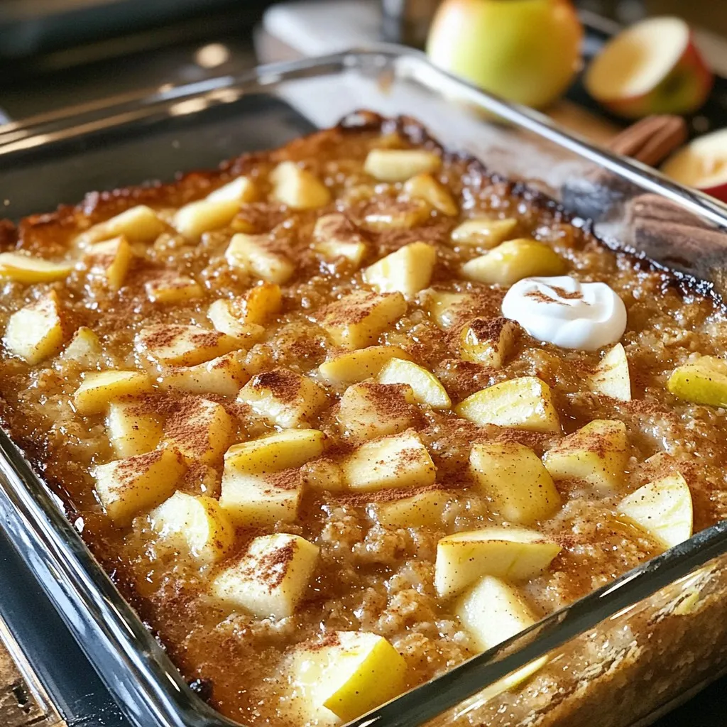 - 2 cups rolled oats - 2 cups almond milk (or any milk of your choice) - 2 medium apples (suggestions: Granny Smith or Honeycrisp) - 1/2 cup brown sugar or coconut sugar - 1/4 cup pure maple syrup - 1 teaspoon ground cinnamon - 1/2 teaspoon ground nutmeg - 1/2 teaspoon vanilla extract - 1/2 teaspoon baking powder - 1/4 teaspoon salt - 1/2 cup walnuts (optional) - 1/2 cup raisins or dried cranberries (optional) - 1 tablespoon coconut oil (or butter) This Cozy Apple Cinnamon Oatmeal Bake uses simple and healthy ingredients. Rolled oats form the base and give it a chewy texture. I prefer almond milk, but any milk works. Apples bring a sweet and tart taste. I suggest Granny Smith for a nice zing or Honeycrisp for sweetness. The sugars in this recipe help enhance flavor. I often choose brown sugar or coconut sugar for a warm taste. Maple syrup adds a touch of natural sweetness, which I love. Ground cinnamon and nutmeg create that cozy vibe, reminding me of autumn. Vanilla extract adds depth, while baking powder helps the bake rise. A pinch of salt balances everything nicely. If you want extra crunch, add walnuts. For a sweet burst, toss in raisins or dried cranberries. Finally, I use coconut oil or butter to grease the dish and add flavor. When you gather these ingredients, you set the stage for a comforting dish. Each bite is warm and inviting, perfect for breakfast or a snack. Set your oven temperature to 350°F (175°C). This step is key. A preheated oven helps the oatmeal bake cook evenly. Grease a 9x9 inch baking dish well. You can use coconut oil or butter. This keeps the bake from sticking. In a large bowl, combine these ingredients: - 2 cups rolled oats - 2 cups almond milk (or any milk of your choice) - 1/2 cup brown sugar or coconut sugar - 1/4 cup pure maple syrup - 1 teaspoon ground cinnamon - 1/2 teaspoon ground nutmeg - 1/2 teaspoon vanilla extract - 1/2 teaspoon baking powder - 1/4 teaspoon salt Use a spatula or whisk to mix everything well. Make sure all the ingredients blend nicely. Gently fold in the diced apples. I suggest using Granny Smith or Honeycrisp apples for a tart flavor. If you like, add: - 1/2 cup walnuts, chopped (optional) - 1/2 cup raisins or dried cranberries (optional) These add sweetness and a nice crunch. Pour the mixture into your prepared baking dish. Spread it out evenly. Drizzle some melted coconut oil on top. This helps it get crispy while baking. Place the dish in the oven and bake for 35-40 minutes. Look for a golden brown top and a set texture. Once baked, remove it from the oven. Let it cool for about 10 minutes. This helps the oatmeal bake firm up. Now, it's ready to slice and serve! You can easily change some ingredients to fit your needs. If you want a dairy-free option, use almond milk or any plant milk. For nut-free, skip the walnuts or swap them for seeds. If you're looking for a sugar-free version, try using mashed bananas or applesauce instead of brown sugar. This still keeps the bake sweet and tasty. To get a perfect bake, spread the mixture evenly in the dish. This way, each part cooks well. If you want to avoid sogginess, make sure to use rolled oats. They absorb liquid slowly and stay firm. Also, let the bake cool for a few minutes after it comes out of the oven. This helps it set and makes slicing easier. This oatmeal bake is great on its own, but you can make it even better! Serve it warm with a dollop of yogurt for creaminess. A light drizzle of maple syrup adds more sweetness. You can also sprinkle a bit of cinnamon on top for extra flavor. Adding fresh apple slices makes it look nice too! {{image_4}} You can change up the fruit in your Cozy Apple Cinnamon Oatmeal Bake. Here are some ideas: - Pears: Swap in diced pears for a softer texture. - Berries: Try blueberries or raspberries for a tart kick. - Bananas: Mashed bananas can add natural sweetness. - Nuts: Use pecans or almonds for a different crunch. Mix and match these options based on what you have. This makes each bake unique and fun! You can also change the spices to make your bake more exciting. Here are some great options: - Cardamom: A pinch adds warm, spicy notes. - Ginger: Fresh or ground ginger gives a zesty twist. - Pumpkin Spice: This mix can bring a cozy autumn vibe. - Almond Extract: Just a drop can add rich flavor. Feel free to experiment with these flavors to find your perfect blend! How you serve your oatmeal bake can make it even better. Here are some fun ideas: - Cold Servings: Let the bake cool completely and slice it for a cold treat. - Individual Portions: Bake in muffin tins for grab-and-go servings. - Toppings: Serve with yogurt, a drizzle of syrup, or fresh fruit. These serving styles can help you enjoy this dish in new ways! To store your Cozy Apple Cinnamon Oatmeal Bake, let it cool first. Once cool, cut it into squares. Place the squares in an airtight container. You can keep it in the fridge for up to five days. This helps lock in the flavors and keeps it fresh. If you want to reheat, just warm it in the microwave. You can freeze the oatmeal bake for later. Wrap each square in plastic wrap. Then, place them in a freezer-safe bag. Be sure to remove all the air. This helps prevent freezer burn. When you're ready to eat, take out a square. You can reheat it in the microwave or bake it at 350°F (175°C) until warm. When stored properly, the bake stays fresh for about five days in the fridge. If frozen, it can last for up to three months. Be sure to label your containers with the date. This way, you’ll always know when to enjoy your delicious treat! Yes, you can prepare this dish ahead of time. Mix the ingredients and store them in the fridge. Bake it fresh in the morning for a warm breakfast. If you want to reheat leftovers, just cover and warm them in the oven at 350°F for about 15 minutes. Granny Smith and Honeycrisp apples work best. They add a nice tartness and hold their shape. Other good options include Fuji and Gala, which offer sweetness and a firm texture. Yes, this recipe can be gluten-free. Use certified gluten-free oats to make sure there are no traces of gluten. Most oats are naturally gluten-free, but check the label to be safe. You can use coconut sugar or maple syrup instead of brown sugar. Coconut sugar has a lower glycemic index. Maple syrup adds a rich flavor but can make the bake a bit wetter. The bake is done when the top is golden brown and the oatmeal is set. You can also insert a fork; it should come out clean. The texture should feel firm but soft inside. This blog post covers a warm, healthy recipe for Apple Cinnamon Oatmeal Bake. You learned about the key ingredients, step-by-step cooking, and tips for success. The flexible variations and storage tips make it easy to enjoy. Remember, you can adapt this dish to suit your tastes and needs. It’s a cozy meal for anyone at any time. Enjoy your cooking and share this delightful recipe with friends and family!