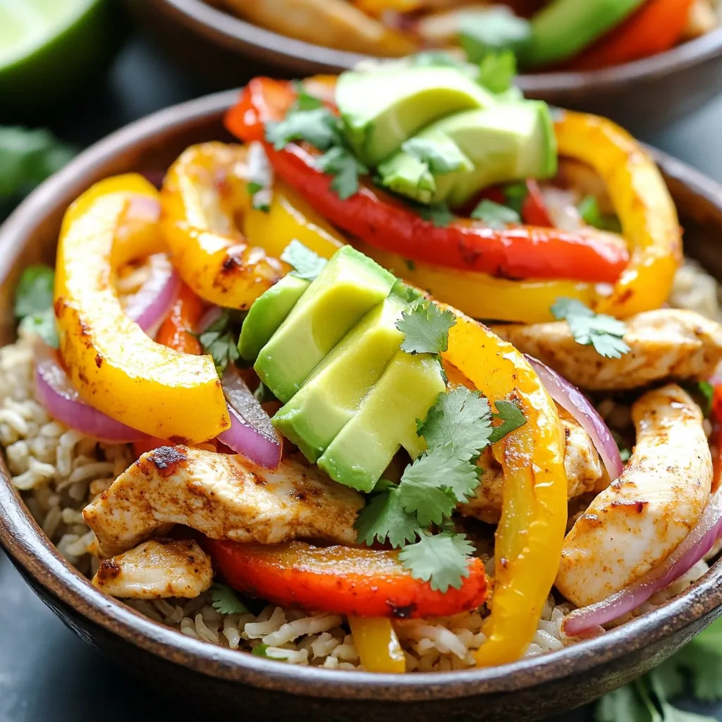 - 1 lb chicken breast, sliced into thin strips - 1 red bell pepper, sliced into strips - 1 yellow bell pepper, sliced into strips - 1 red onion, sliced into thin wedges - 2 tablespoons olive oil - 2 tablespoons chipotle seasoning (or a mix of smoked paprika, oregano, and cayenne) - 1 teaspoon garlic powder - 1 teaspoon ground cumin - Salt and black pepper to taste - Juice of 1 lime - 1 cup cooked brown rice or quinoa Chicken breast forms the base of the dish. I like to slice it into thin strips. This helps it cook quickly and soak up flavor. Bell peppers add color and crunch, while the red onion gives sweetness. Olive oil helps the food roast nicely. The chipotle seasoning brings heat and depth. Garlic powder and cumin add warmth, making the dish more complex. - Fresh salsa - 1 ripe avocado, sliced - Sour cream - Shredded cheese - Fresh cilantro, finely chopped, for garnish Toppings can elevate your meal. Fresh salsa adds zest. Sliced avocado brings creaminess. Sour cream cools the heat. Shredded cheese adds richness. Finally, cilantro gives a fresh finish. You can mix and match these toppings to suit your taste. 1. Preheat the oven and prepare your baking sheet. Set your oven to 425°F (220°C). This heat helps cook the chicken and veggies perfectly. Line a baking sheet with parchment paper. This makes cleanup simple. 2. Combine chicken and vegetables in a mixing bowl. Take 1 pound of chicken breast and slice it into thin strips. Next, slice one red bell pepper, one yellow bell pepper, and one red onion into strips or wedges. Toss all these into a large bowl. 1. Drizzle oil and toss with seasonings. Pour 2 tablespoons of olive oil over the chicken and veggies. Then, add 2 tablespoons of chipotle seasoning, 1 teaspoon of garlic powder, and 1 teaspoon of ground cumin. Sprinkle in some salt and black pepper to taste. Mix everything well until all the strips are coated. 2. Roast in the oven and stir halfway through. Spread the mixture evenly on the baking sheet. Place it in the oven and roast for 20 to 25 minutes. Halfway through, give it a good stir to help everything cook evenly. The chicken is done when it is no longer pink and the veggies are soft. 1. Layering the base with rice or quinoa. Take 1 cup of cooked brown rice or quinoa and divide it among serving bowls. This will be the base for your meal. 2. Topping with chicken, veggies, and garnishes. Once the chicken and veggies are done, carefully spoon them over the rice or quinoa. Add sliced avocado on top. You can also add fresh salsa, sour cream, or shredded cheese if you like. Finish with a sprinkle of chopped cilantro for extra flavor. To ensure even cooking for the chicken and veggies, spread them out on the baking sheet. Avoid stacking them on top of each other. This helps everything cook nicely. Stir the mix halfway through roasting. This step keeps the chicken juicy and the veggies crisp. You can adjust the seasoning to taste. If you like it spicy, add more chipotle seasoning. For a milder flavor, reduce the amount. Always taste before serving. A squeeze of lime juice can brighten the dish too. Serving suggestions can make your meal pop. Use colorful bowls for a fun look. You can layer the rice or quinoa first, then top it with the chicken and veggies. This creates a beautiful contrast of colors. Garnishing tips include adding lime wedges on the side. They add a fresh touch and let guests control the zest. You can also sprinkle chopped cilantro on top for added color and flavor. This makes the dish look inviting and gourmet. {{image_4}} You can change the protein in these fajita bowls for more variety. Instead of chicken, try turkey. Turkey has a similar taste and texture. It’s lean and cooks quickly. You can also use tofu for a plant-based option. Tofu absorbs flavors well and adds protein. If you're in the mood for seafood, shrimp is a great choice. It cooks fast and brings a fresh taste. Just toss it in the same seasoning mix. Beef can also be a tasty twist. Use thin strips of flank steak or sirloin. Cook until tender, and enjoy the rich flavors. When it comes to the base, you have options. Brown rice is a classic, but quinoa is a great choice too. Quinoa is high in protein and cooks in less time. It adds a nice nutty flavor to your bowl. If you want something lighter, consider cauliflower rice. It’s low in carbs and adds a fresh crunch. Other grains, like farro or barley, can work well too. They provide a chewy texture and pair nicely with the chicken and veggies. To keep your Chipotle Chicken Fajita Bowls fresh, store leftovers in the fridge. Use airtight containers to prevent moisture loss. They will stay safe for up to three days. When you reheat, do it gently. Microwave on medium power, stirring halfway through. This helps the chicken and veggies retain their flavor. You want every bite to taste just as good as the first! If you want to save some for later, freezing is a great option. Divide the fajita bowls into single portions. Use freezer-safe bags or containers for best results. They can last for up to three months in the freezer. To thaw, place them in the fridge overnight. For a quick option, use the microwave. Heat until they are hot all the way through. Enjoy your meal without the fuss! How long does it take to cook chicken on a sheet pan? It takes about 20-25 minutes to cook chicken on a sheet pan at 425°F. I recommend stirring the mixture halfway through. This helps the chicken cook evenly and the veggies to soften. Can I make this recipe ahead of time? Yes, you can prepare the chicken and veggies ahead. Just store them in the fridge. When you’re ready to eat, simply roast them in the oven. This saves time and makes meal prep easy. What is the calorie count per serving? Each serving of these fajita bowls has about 450 calories. This can change based on your toppings and the grain you choose. Are there healthier substitutions for this recipe? Yes, you can use skinless chicken thighs for more flavor. You can also swap brown rice for cauliflower rice to reduce calories. Mixing in more veggies is another great way to add nutrients without many calories. In this post, we explored how to make delicious Chipotle Chicken Fajita Bowls. We began with the main ingredients like chicken, bell peppers, and spices. Then, we walked through the steps from prep to cooking and gave tips for a perfect finish. You can add fun toppings or even try different proteins and grains. Remember, these bowls are easy to customize. Enjoy experimenting with flavors and make this meal your own!