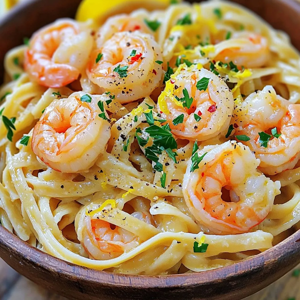 To make Garlic Butter Shrimp Scampi Linguine, you will need: - 8 oz linguine pasta - 1 lb large shrimp, peeled and deveined - 4 tablespoons unsalted butter - 4 cloves garlic, minced - 1 teaspoon red pepper flakes (adjust to taste) - Zest and juice of 1 lemon - 1/2 cup chicken broth (or vegetable broth for a lighter option) - 1/4 cup fresh parsley, finely chopped - Salt and pepper to taste - Grated Parmesan cheese for serving (optional) You can easily swap some ingredients to fit your taste or needs. Here are a few options: - Use spaghetti or fettuccine instead of linguine if you prefer. - Frozen shrimp works well if fresh shrimp is hard to find. - Swap chicken broth for vegetable broth for a lighter dish or to keep it vegetarian. - If you want less heat, skip the red pepper flakes. - For a dairy-free option, leave out the butter and cheese and use olive oil. Garnishes add a nice touch to the dish. Consider these options: - Fresh lemon wedges brighten the flavors and add a nice touch. - Extra parsley gives a pop of color and freshness. - Grated Parmesan cheese enhances the umami flavor. - Serve with crusty bread to soak up the delicious garlic butter sauce. - A light salad with vinaigrette pairs well for a complete meal. These ingredients and suggestions will help you create a delightful Garlic Butter Shrimp Scampi Linguine that shines on any table. To start, grab a big pot. Fill it with water and add a good amount of salt. Bring the water to a boil. Once it bubbles, add 8 ounces of linguine pasta. Cook it according to the package instructions. Aim for al dente, which means it should be firm to the bite. After cooking, save half a cup of the water. Drain the pasta and set it aside for later. Next, take a large skillet. Place it on medium heat and add 4 tablespoons of unsalted butter. Wait until the butter melts and starts to bubble. Then, toss in 4 minced garlic cloves. Stir it for 1-2 minutes, but don’t let it brown. You want the garlic to smell great, not burnt. This will create a rich base for your sauce. Now, it’s time for the shrimp. Add 1 pound of peeled and deveined shrimp to the skillet. Season them with salt, black pepper, and 1 teaspoon of red pepper flakes. Cook the shrimp for about 2-3 minutes on each side. They should turn pink and opaque when done. This step is key for getting juicy shrimp. Once cooked, we will move on to adding the broth and lemon. When selecting shrimp, size matters. Look for large shrimp, which are about 16-20 per pound. Fresh shrimp should smell like the ocean. Avoid shrimp with a strong fishy smell. If buying frozen shrimp, choose those that are peeled and deveined for ease. Check the packaging for a “wild-caught” label. This usually means better flavor and quality. One common mistake is overcooking the shrimp. Shrimp cook quickly. They turn pink and opaque in just a few minutes. If you leave them on the heat too long, they become rubbery. Another mistake is not seasoning enough. Salt brings out the shrimp’s natural taste. Lastly, do not skip the lemon. It adds brightness and balances the dish. You can boost flavor in many ways. Consider adding ingredients like capers or sun-dried tomatoes for a twist. Fresh herbs like basil or dill can elevate the dish further. A splash of white wine adds depth, too. For heat lovers, more red pepper flakes can enhance the spice. Just remember to adjust to your taste. {{image_4}} If you want to switch things up, try scallops or chicken. Scallops cook fast. They add a sweet, rich flavor. Use the same cooking method as shrimp. For chicken, cut it into bite-sized pieces. Sauté it until golden brown, then follow the sauce steps. Making this dish vegetarian is simple. Swap shrimp with mushrooms or zucchini. They soak in the garlic butter sauce well. For a vegan version, use olive oil instead of butter. Replace chicken broth with vegetable broth. You can still enjoy a bright lemon flavor. Shrimp scampi has many regional twists. In Italy, you might find it with white wine. This adds depth to the sauce. In New Orleans, chefs mix in spices and andouille sausage. It gives a nice kick. These variations show how versatile shrimp scampi can be! After you enjoy your Garlic Butter Shrimp Scampi Linguine, store any leftovers right away. Place the pasta in an airtight container. It helps keep the flavors fresh. Be sure to let it cool before sealing the container. This way, it won't steam and spoil. You can enjoy the leftovers for up to three days in the fridge. When ready to eat your leftovers, reheating is key. I suggest using a skillet. Heat it over medium-low heat. Add a splash of water or broth to keep the dish moist. Stir gently for a few minutes until warmed through. This method keeps the shrimp tender and the flavors intact. Avoid using the microwave if you want to keep the best texture. Want to save some for later? Freezing is a great option! First, let the dish cool completely. Then, portion it into freezer-safe bags or containers. Squeeze out as much air as possible. This step helps prevent freezer burn. You can freeze it for up to two months. When you're ready to enjoy, thaw it in the fridge overnight. Reheat as mentioned for a delicious meal again! Making Garlic Butter Shrimp Scampi Linguine takes about 30 minutes. You spend 10 minutes prepping the ingredients. Cooking the dish takes around 20 minutes. This quick meal is perfect for busy nights or special occasions. Yes, you can use frozen shrimp. Just make sure to thaw them first. Place them in the fridge overnight or run them under cold water for a quick thaw. Frozen shrimp can taste just as good as fresh when cooked right. You can serve this dish with a simple salad or garlic bread. A fresh green salad adds a nice crunch and balances the meal. Garlic bread complements the dish well, soaking up the tasty sauce. For a lighter option, pair it with steamed vegetables. In this post, we explored how to make Garlic Butter Shrimp Scampi Linguine. You learned about the key ingredients, cooking steps, and tips to perfect your dish. We looked at variations, storage tips, and common questions. Cooking shrimp scampi can be fun and rewarding. With this guide, you can create a meal that impresses. Enjoy the flavors and share this dish with others. Happy cooking!