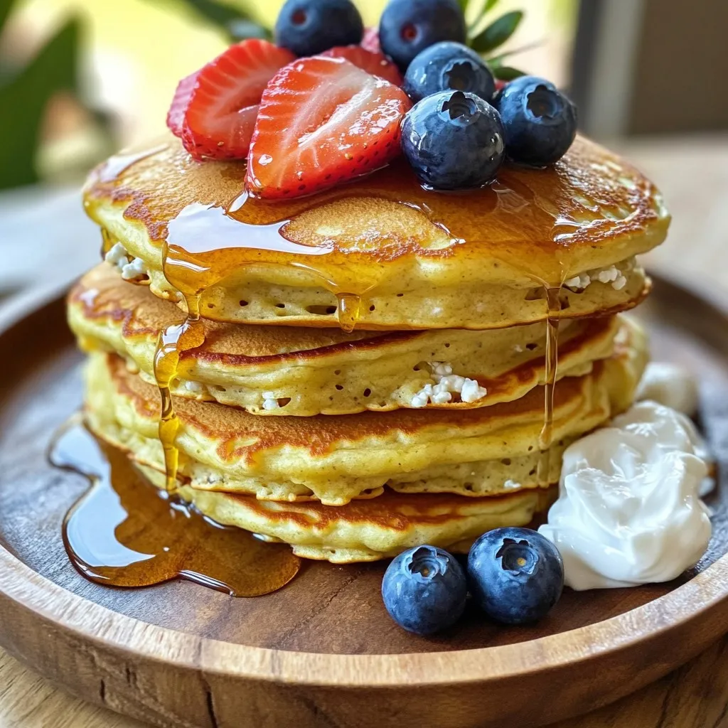 - 1 cup cottage cheese - 3 large eggs - 1/2 cup rolled oats - 1 ripe banana, mashed - 1 tablespoon honey (for sweetness) - 1 teaspoon vanilla extract - 1/2 teaspoon baking powder - Pinch of salt - Cooking spray or coconut oil (for frying) The main ingredients for these pancakes are simple and wholesome. Cottage cheese gives a great protein boost. The eggs bind everything together and add richness. Rolled oats provide texture and fiber. The ripe banana adds natural sweetness and moisture. You can also choose optional ingredients. Honey can sweeten your pancakes a bit more. Vanilla extract adds a nice flavor that many love. Baking powder helps the pancakes rise nicely. A pinch of salt balances all the flavors. For cooking, use cooking spray or coconut oil to keep pancakes from sticking. This mix of ingredients makes for a nutritious, filling meal. Each bite is packed with protein and flavor. You can easily customize your pancakes based on what you have at home. Enjoy the fun of making these pancakes your own! To make the batter, first, gather your ingredients. You will need cottage cheese, eggs, rolled oats, a ripe banana, honey, vanilla extract, baking powder, and salt. Place all these ingredients in a blender. Blend them on medium speed. You want a smooth and creamy mix. This blend will be your pancake base. The cottage cheese gives protein, while the banana adds sweetness. The oats help bind everything together. Next, heat a non-stick skillet over medium heat. Lightly grease it with cooking spray or coconut oil. This step is key to prevent sticking. Measure about 1/4 cup of your batter. Pour the batter onto the skillet. Cook each pancake for 2-3 minutes. You will see small bubbles form on top. This means it’s time to flip. Now, use a spatula to flip the pancakes. Cook for another 2-3 minutes on this side. Look for a nice golden-brown color. Once cooked, gently remove them from the skillet. Place them on a warm plate. Serve them while they are hot. Enjoy your pancakes with fresh fruit or a drizzle of syrup for a tasty breakfast! To get fluffy pancakes, adjust the cooking temperature. Keep the heat at medium. If it’s too high, the pancakes may burn outside but stay raw inside. If it’s too low, they won’t rise well. Find that sweet spot for the best fluffiness. Ensure all ingredients blend fully. Use a blender to mix cottage cheese, eggs, oats, and the rest. Blend until the mix is smooth. Lumpy batter leads to uneven cooking and texture. A well-blended batter creates light and airy pancakes. For toppings, think fresh fruits. Strawberries, blueberries, or bananas add color and flavor. Greek yogurt gives a creamy touch and extra protein. If you like sweetness, drizzle maple syrup or honey on top. Presentation matters! Stack the pancakes high for a nice look. Add a sprinkle of nuts or seeds for crunch. A colorful plate makes your breakfast more inviting. Enjoy your beautiful, tasty pancakes! {{image_4}} You can easily change the flavor of your cottage cheese pancakes. Here are some fun ways to do it: - Adding chocolate chips or nuts: Mix in some chocolate chips for a sweet touch. You can also add chopped nuts for crunch. Both options make the pancakes more exciting. - Experimenting with different fruits: Try adding fruits like blueberries, strawberries, or even apples. These fruits add natural sweetness and bright colors. They also boost the nutritional value of your pancakes. Catering to specific diets is simple with these pancakes. Here are some adjustments you can make: - Gluten-free options: Use gluten-free rolled oats instead of regular ones. This makes the pancakes safe for those with gluten sensitivities. - Vegan adaptations: If you want a vegan version, replace the eggs with flaxseed or chia seed. Mix one tablespoon of flaxseed or chia seed with three tablespoons of water. Let it sit for a few minutes until it thickens. This acts as a great egg substitute. These variations make the pancakes versatile and fun. Enjoy playing with flavors and dietary needs! After you cook your pancakes, let them cool on a wire rack. This helps keep them fluffy. Once cooled, stack them with parchment paper between each pancake. Place the stack in an airtight container. Store the container in the fridge. These pancakes will last for about 3 days. To reheat, you can use a microwave or skillet. For the microwave, place one pancake on a plate. Heat on high for 20-30 seconds. If using a skillet, warm it over low heat for a few minutes. This way, the pancakes stay soft and tasty. You can prepare the batter ahead of time to save time. Just blend your ingredients as usual. Once mixed, place the batter in a sealed container. Keep it in the fridge for up to 24 hours. If you want quick breakfasts, consider freezing the pancakes. After cooking, let them cool, then stack with parchment paper between. Wrap the stack in plastic wrap and place it in a freezer bag. These pancakes can last for up to 2 months in the freezer. To enjoy, simply reheat them straight from the freezer. You can mix these pancakes by hand. Start by using a large bowl. Use a fork to mash the cottage cheese and banana together. Then, add the eggs, oats, honey, vanilla, baking powder, and salt. Stir until well combined. This method may leave some lumps, but they will cook well. Yes, you can. Ricotta or cream cheese can work well too. These cheeses may change the taste and texture. Ricotta will make them lighter, while cream cheese adds creaminess. Experiment and find what you like best! Adding protein powder is a great option. Mix in a scoop when you combine the batter. Greek yogurt is another choice. You can substitute some cottage cheese with Greek yogurt. Both options will give you a nice protein boost! This blog post covered tasty cottage cheese pancakes. You learned about the main and optional ingredients. We included simple steps for preparing, cooking, and serving them. You saw tips for a perfect texture and tasty variations. Plus, we shared how to store leftovers and meal prep. I encourage you to try these pancakes. They are easy and fun to make. Enjoy exploring different flavors and toppings. Happy cooking!