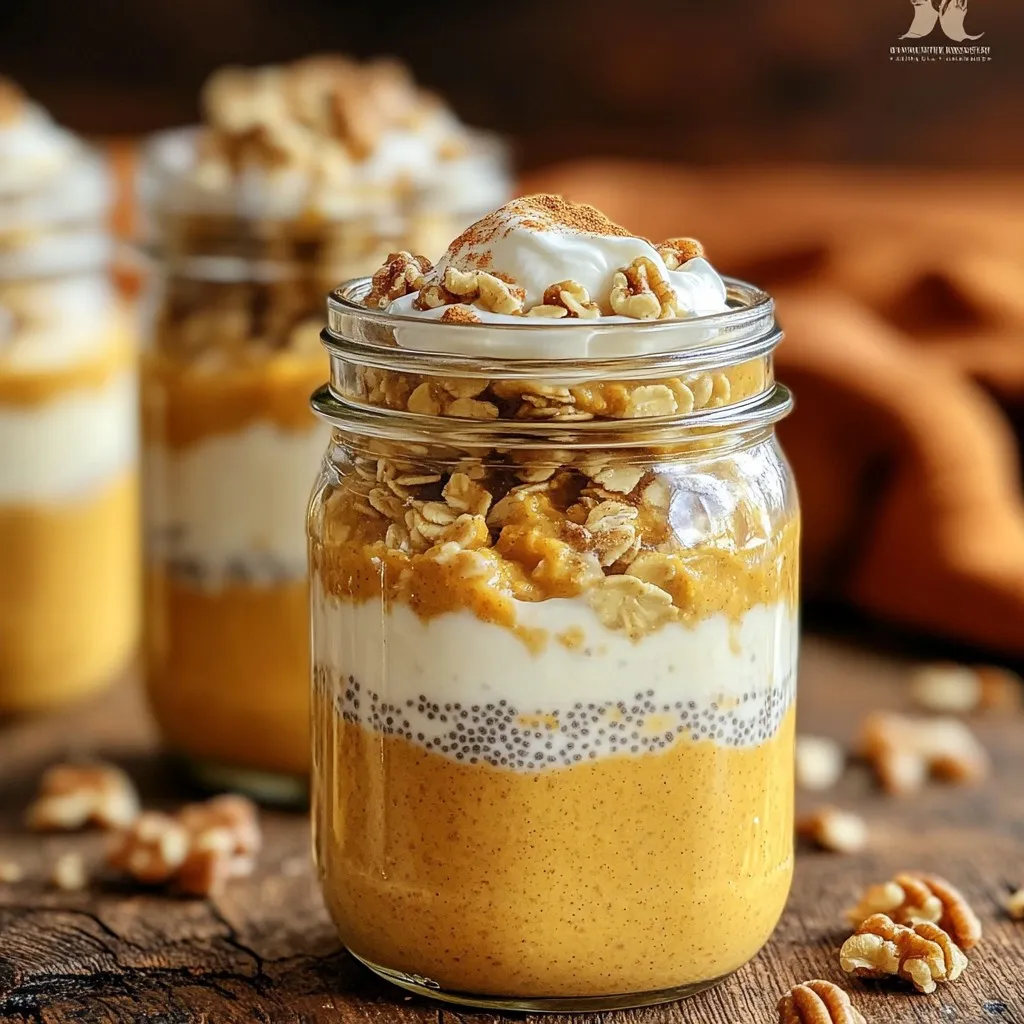 - 1 cup rolled oats - 2 tablespoons chia seeds - 1 cup almond milk (or any milk of your choice) - 1/2 cup pure pumpkin puree - 2 tablespoons maple syrup - 1 teaspoon pumpkin pie spice - 1/2 teaspoon vanilla extract - Pinch of salt The main ingredients for pumpkin spice chia overnight oats are simple and wholesome. You start with rolled oats, which are a great source of fiber. Chia seeds add a nice crunch and boost the nutrition. For the liquid, almond milk works well, but feel free to use any milk you like. The pumpkin puree gives a smooth texture and a rich flavor. Maple syrup sweetens the mix, while the pumpkin pie spice brings that cozy fall taste. A splash of vanilla and a pinch of salt round it all out. - Crushed walnuts - Dollop of yogurt - Sprinkle of cinnamon Toppings can make your oats even better. I love adding crushed walnuts for a nice crunch. A dollop of yogurt adds creaminess and a touch of tang. A sprinkle of cinnamon on top enhances the flavor and makes it look pretty. - Calories per serving: Approximately 250-300 - Macronutrient breakdown: - Carbs: 40g - Fats: 8g - Proteins: 8g - Fiber content: Around 10g These oats are not just tasty; they are nutritious too! Each serving has about 250 to 300 calories. You get a good mix of carbs, fats, and proteins. The oats and chia seeds pack in roughly 10 grams of fiber, which helps you feel full longer. They make a healthy start to your day! 1. First, grab a mixing bowl. Add 1 cup rolled oats and 2 tablespoons chia seeds. Stir them together well. 2. In a separate bowl, whisk 1 cup almond milk, 1/2 cup pure pumpkin puree, 2 tablespoons maple syrup, 1 teaspoon pumpkin pie spice, 1/2 teaspoon vanilla extract, and a pinch of salt. Make sure it is smooth. 3. Pour the pumpkin mixture over the oats and chia seeds. Stir gently until everything is mixed. Ensure no dry bits remain. 1. Take two mason jars or airtight containers. Divide the mixture evenly. Make sure each jar has the same amount. 2. Seal the jars tightly to keep the mixture fresh. 1. Place the jars in the fridge. Let them soak for at least 4 hours or overnight. This helps the oats and chia seeds absorb the liquid. 2. For the best texture, stir the mixture before serving. If it seems thick, add a splash of milk to reach your desired consistency. To make your pumpkin spice chia overnight oats even tastier, you can adjust the sweetness. If you want a sweeter taste, add more maple syrup. Start with one extra teaspoon at a time. This lets you find the right balance for you. You can also experiment with spice levels. If you love strong flavors, add more pumpkin pie spice or a pinch of nutmeg. This will give your oats a warm, cozy flavor. Sometimes your oats might be too thick for your liking. If that happens, just thin them with extra milk. Add a splash of almond milk and stir well. Let it sit for a minute to soak in. This will help you get the perfect creamy texture. Chill times are key too! For the best texture, let your oats soak for at least four hours, but overnight is best. This helps the oats and chia seeds absorb the flavors. Serving your oats in mason jars gives them a fun, rustic look. It makes breakfast feel special! If you want a more elegant touch, you can transfer them to different bowls. Layering the oats with toppings like yogurt and cinnamon can make it look fancy. Try to arrange toppings in a way that looks nice. A sprinkle of walnuts on top adds a nice crunch and visual appeal. {{image_4}} You can use many non-dairy milk options for your oats. Almond milk is popular, but you can also try oat milk, coconut milk, or soy milk. Each option brings its own flavor and texture. For toppings, consider coconut yogurt or almond-based yogurt. They add creaminess and fit a vegan diet. If you want a chocolate twist, add cocoa powder. Just a tablespoon or two can make a rich change. You can also add nuts and seeds for crunch. Chopped almonds, pecans, or sunflower seeds work well. They will give your oats a nice texture and added nutrients. For fall, switch to apple cinnamon. Just replace the pumpkin with applesauce and add some cinnamon. In summer, think fruity! You can use berries or sliced bananas as toppings. They add a fresh taste and bright colors to your dish. To keep your pumpkin spice chia overnight oats fresh, store them in the fridge. Use airtight jars or containers. This way, they stay safe from odors and moisture. The maximum time to store these oats is 4 to 5 days. After this period, they may lose flavor and texture. Can you freeze overnight oats? Yes, you can! However, I recommend freezing these oats only if needed. To freeze, place the jars in the freezer. Make sure they are sealed tightly. To thaw, move the jars to the fridge the night before you plan to eat them. This method helps maintain their creamy texture. If you need them quicker, you can also leave them at room temperature for a couple of hours. If you enjoy them warm, here’s how to serve them if chilled. Simply stir the oats well. If they are too thick, add a splash of almond milk to your liking. For quick heating, use the microwave. Place your jar in the microwave without the lid. Heat in short bursts, about 30 seconds at a time. Stir between heating to ensure even warmth. Enjoy your cozy breakfast! Chia seeds are tiny black seeds from the Salvia hispanica plant. They are packed with nutrients. - Nutritional benefits: Chia seeds are high in fiber, protein, and omega-3 fatty acids. These nutrients help keep you full and support heart health. - Health properties: They can absorb water, forming a gel-like substance. This helps with digestion and keeps you hydrated. Yes, you can make these oats ahead of time. It’s a great way to save time. - Best practices for making ahead: Mix all the ingredients the night before. Store them in jars. - Storage duration: These oats last in the fridge for up to five days. Just grab a jar each morning. Yes, they can fit well into a weight loss plan. They are filling and nutritious. - Discussing calorie count and satiation: Each serving has about 300 calories. The fiber and protein help keep you satisfied longer. - Incorporating into a balanced diet: Pair these oats with fruit or nuts to add more nutrients without extra calories. You can keep overnight oats in the fridge for several days. - Recommended storage duration: They stay fresh for about five days. - Signs of spoilage: If you see mold or if they smell sour, it’s time to toss them out. Pumpkin spice chia overnight oats are a delicious and nutritious meal option. We covered the main ingredients, like oats, chia seeds, and pumpkin puree, along with preparation steps. Don’t forget optional toppings for extra flavor. I also shared tips for consistency, storage, and exciting variations for any season. Using these oats in your diet can be fun and flexible. Enjoy creating your perfect jar and savoring every bite. You now have everything to make this tasty dish your own.