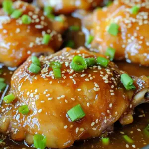 - Chicken and Marinade Components - 4 bone-in, skin-on chicken thighs - 1/2 cup honey - 1/4 cup soy sauce (or tamari for a gluten-free option) - 3 cloves garlic, finely minced - 1 tablespoon fresh ginger, finely grated - 1 tablespoon sesame oil - 1/2 teaspoon freshly ground black pepper - 1/4 teaspoon red pepper flakes (optional for an extra kick) - Optional Garnishes - 2 green onions, finely chopped (for garnish) - Sesame seeds (for garnish) Gather these ingredients before you start. The chicken thighs give a rich flavor. Honey adds sweetness, while soy sauce brings umami. Garlic and ginger add depth. Sesame oil gives a nice finish. The black pepper and red pepper flakes offer a bit of heat. If you want to add some color, consider garnishing with green onions and sesame seeds. They not only look good, but they also add flavor. This dish is simple, yet every bite is full of taste. Happy cooking! To make the honey garlic marinade, start with a medium bowl. Add 1/2 cup honey, 1/4 cup soy sauce, and 3 cloves of minced garlic. Then, grate 1 tablespoon of fresh ginger into the bowl. Next, pour in 1 tablespoon of sesame oil. Finally, add 1/2 teaspoon black pepper and 1/4 teaspoon red pepper flakes if you want some heat. Whisk everything together until smooth. This marinade is the key to great flavor. Lightly grease your slow cooker for easy cleanup. Place 4 bone-in, skin-on chicken thighs in the cooker. Pour the honey garlic marinade over the chicken. Make sure each piece is well coated. Secure the lid. Cook on Low for 6 hours or on High for 3 hours. The chicken is done when it is tender and reaches 165°F (75°C). This slow cooking makes the chicken juicy and full of flavor. Once the chicken is cooked, use tongs to lift it from the slow cooker. Let excess sauce drip off. If you like, skim any fat from the sauce with a spoon. For a thicker sauce, transfer the cooking liquid to a medium saucepan. Simmer it for about 10 minutes until it thickens. To serve, place the chicken on a platter. Drizzle it with the thickened sauce. Top with chopped green onions and sesame seeds for a nice look. Enjoy this tasty dish with friends or family! To get the best flavor, use fresh garlic and ginger. They add a bright taste. Make sure to whisk the marinade well. This helps all the flavors mix. If you want more spice, add extra red pepper flakes. Let the chicken marinate for a few hours or overnight. This gives the meat time to soak up the flavors. Cooking times matter. For tender chicken, cook on Low for 6 hours. If you’re in a hurry, you can cook on High for 3 hours. Always check the internal temperature. The chicken should reach 165°F (75°C). This ensures it is safe to eat. If you have a meat thermometer, use it to check. You need a few tools for this recipe. A slow cooker is key. A medium mixing bowl works well for the marinade. Tongs help you lift the chicken out safely. You might want a whisk for mixing the sauce. If you want to thicken the sauce, use a medium saucepan to simmer it down. This makes the sauce rich and tasty. {{image_4}} You can change up the ingredients for more flavor. Try using boneless chicken thighs instead of bone-in ones. This will cut down on cooking time. If you want a different taste, swap honey for maple syrup. You can also add a splash of apple cider vinegar for a tangy kick. For more crunch, toss in some sliced bell peppers or carrots with the chicken. If you don’t have a slow cooker, you can use an oven. Preheat it to 375°F (190°C). Place the chicken in a baking dish and pour the sauce over it. Bake for about 45 minutes, or until the chicken reaches 165°F (75°C). You can also grill the chicken for a smoky flavor. Just marinate as usual and grill for about 6-7 minutes per side. For a gluten-free option, use tamari instead of soy sauce. If you want a lower sugar version, try using a sugar substitute like monk fruit or stevia. For a lighter dish, you can remove the skin from the chicken thighs. This will cut down on fat while still keeping the flavor. If you're vegan, substitute chicken with firm tofu, and adjust cooking times as needed. Store your leftover honey garlic chicken thighs in an airtight container. Make sure to let them cool first. Place the container in the fridge. They will stay fresh for up to four days. For best taste, try to eat them within two days. To reheat, take the chicken out of the fridge. You can use a microwave or an oven. If using a microwave, heat for one to two minutes. Check that it is hot all the way through. For the oven, preheat to 350°F (175°C). Place the chicken on a baking sheet for about 10-15 minutes. If you want to freeze the chicken, wrap it well. Use plastic wrap or a freezer bag. It will last up to three months in the freezer. When ready to eat, thaw it in the fridge overnight. Reheat as mentioned above for the best taste. Yes, you can use boneless chicken thighs. They will cook faster than bone-in thighs. Adjust the cooking time to about 4 hours on low or 2 hours on high. The meat will still soak up the tasty honey garlic sauce. To add spice, increase the amount of red pepper flakes. You can also add sliced fresh jalapeños or a dash of hot sauce. Adjust the heat level to your liking. Just remember, spice can change the flavor balance. Honey garlic chicken goes well with many sides. Here are some ideas: - Steamed rice - Roasted vegetables - Mashed potatoes - Asian slaw - Quinoa salad These sides will complement the sweet and savory flavors of the chicken. Yes, you can substitute chicken with pork or tofu. Adjust cooking times as needed. Pork should be cooked to an internal temp of 145°F (63°C). Tofu cooks quicker, so check it at about 2 hours on low. Store leftovers in an airtight container. They can last in the fridge for 3 to 4 days. Make sure to let the chicken cool before storing. Yes, you can freeze it. Place the chicken in a freezer-safe container. It will last for up to 3 months. Thaw it overnight in the fridge before reheating. If you don’t have sesame oil, you can use olive oil or vegetable oil instead. The flavor will be different but still tasty. To thicken the sauce, simmer it in a saucepan. Cook it over medium heat until it reduces to your desired thickness. This makes a richer sauce that clings to the chicken. Absolutely! You can add vegetables like carrots or bell peppers. Just cut them into even pieces. Add them halfway through cooking for the best texture. This blog post covers how to make honey garlic chicken. You learned about the key ingredients, cooking steps, and helpful tips. We discussed ingredient swaps and variations for dietary needs. Finally, we explored storage and reheating options. Cooking can be fun and easy. With these steps, you can impress anyone with your skills. Enjoy your honey garlic chicken in new ways!