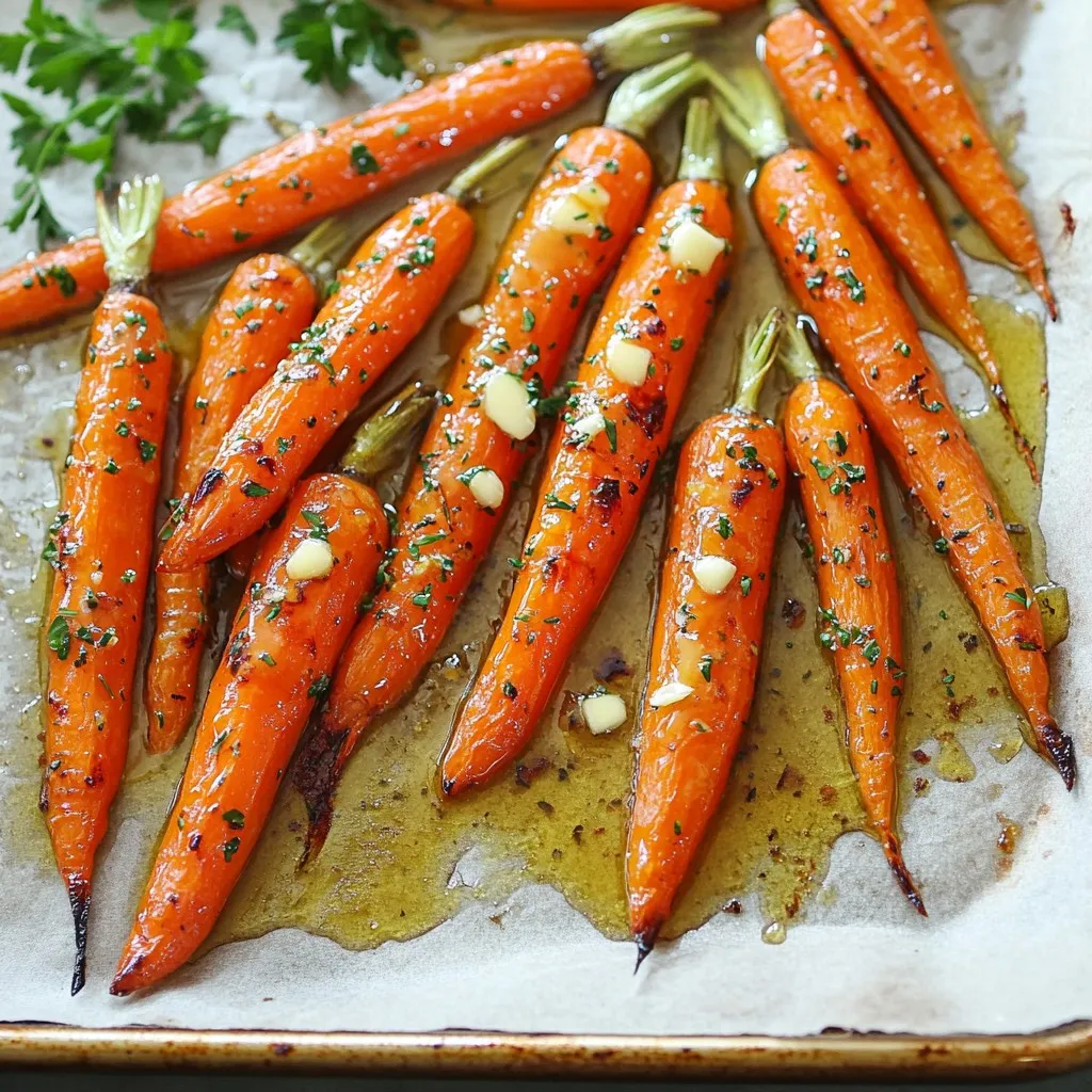 To make honey garlic butter roasted carrots, you will need: - 1 pound baby carrots (or 2-3 regular carrots, peeled and cut into sticks) - 3 tablespoons unsalted butter, melted - 2 tablespoons honey - 3 cloves garlic, finely minced - 1 teaspoon salt - ½ teaspoon freshly ground black pepper - 1 teaspoon fresh thyme leaves (or ½ teaspoon dried thyme) These ingredients come together to create a sweet and savory glaze that makes the carrots shine. For a fresh touch, you can add: - Fresh parsley leaves, finely chopped This adds a pop of color and bright flavor to your dish. You can easily swap some ingredients if needed: - Use olive oil instead of unsalted butter for a dairy-free option. - Maple syrup can replace honey for a vegan-friendly glaze. - If you don't have thyme, rosemary or oregano can work well too. These substitutions keep the essence of the dish while catering to your needs. First, heat your oven to 400°F (200°C). This step is key for crispy, caramelized carrots. Gather your ingredients: 1 pound of baby carrots, 3 tablespoons of melted unsalted butter, 2 tablespoons of honey, 3 cloves of minced garlic, 1 teaspoon of salt, ½ teaspoon of black pepper, and 1 teaspoon of fresh thyme. If you want, you can also chop some fresh parsley for garnish. In a large bowl, whisk together the melted butter, honey, minced garlic, salt, black pepper, and thyme. Mix until it’s all smooth and blended. This mixture gives the carrots their sweet and savory flavor. It’s simple but oh-so-tasty! Next, add the carrots to the bowl. Toss them well in the honey garlic butter mixture. Make sure every carrot is coated nicely. Line a baking sheet with parchment paper for easy cleanup. Spread the carrots in a single layer on the sheet. Roast them for 25-30 minutes. Halfway through, give them a gentle toss to help them brown evenly. When they are tender and shiny, take them out. Drizzle any leftover sauce over the top. If you like, sprinkle fresh parsley on top before serving. Enjoy these warm and fragrant carrots right away! To get the most flavor, use fresh garlic. Fresh garlic gives a strong taste. Try to use raw honey, too. It adds a nice sweetness. Don’t skip the thyme; it boosts the taste. Fresh thyme works best, but dried thyme works fine, too. You can also add a pinch of chili for a kick. To ensure even cooking, cut the carrots into similar sizes. Baby carrots are great since they are small and cook fast. If you use regular carrots, cut them into sticks. Spread the carrots out on the baking sheet so they have space. This helps them roast, not steam. Toss them halfway through cooking for even browning. Serve these carrots warm for the best taste. They make a great side dish for meats. Try them with chicken or pork. For a fresh touch, sprinkle parsley on top before serving. You can also pair them with rice or quinoa for a full meal. Enjoy your tasty honey garlic butter roasted carrots! {{image_4}} You can use many types of carrots for this dish. Baby carrots are sweet and tender. You can also use regular carrots. Just peel and cut them into sticks. Try rainbow carrots for color and fun. Their sweet taste adds a nice twist. Look for fresh carrots at your local market for the best flavor. Want to shake things up? Add spices like cumin or paprika. They give a warm kick to the dish. For a sweet twist, try a pinch of cinnamon. If you like heat, add red pepper flakes. Fresh herbs like rosemary or dill can also boost the flavor. Mix and match to find what you love best! Carrots pair well with many seasonal ingredients. In spring, add peas for extra sweetness. In fall, try adding roasted squash for richness. You can also mix in some parsnips for a unique flavor. During winter, sprinkle some pomegranate seeds for a pop of color. These additions keep the dish exciting all year long! After enjoying your honey garlic butter roasted carrots, let them cool down. Place them in an airtight container. Store the container in your fridge. Leftovers will stay fresh for up to four days. If you want to keep them longer, freezing is a great option. To reheat your roasted carrots, take them out of the fridge. You can use the microwave for quick warming. Just heat in 30-second intervals until warmed through. For a crispier texture, use the oven. Preheat the oven to 350°F (175°C). Spread the carrots on a baking sheet and heat for about 10 minutes. If you want to freeze your carrots, follow these steps. First, let them cool completely. Then, place them in a freezer-safe bag. Try to remove as much air as possible before sealing. They can last in the freezer for up to three months. When you're ready to eat them, thaw in the fridge overnight before reheating. Yes, you can use regular carrots. Just peel and cut them into sticks. Aim for similar sizes to ensure even cooking. If you use larger carrots, they may take a bit longer to roast. To make this recipe vegan, replace the butter with vegan margarine or coconut oil. Use maple syrup instead of honey for a sweet touch. The garlic and herbs will still give great flavor. These carrots pair well with many dishes. Serve them alongside grilled chicken, fish, or tofu. They also go great with rice or quinoa for a healthy meal. Leftovers can last for about 3 to 5 days in the fridge. Store them in an airtight container to keep them fresh. Reheat them in the oven for the best taste. Yes, you can prep the carrots before roasting. Toss them in the honey garlic butter mix and store them in the fridge for up to 24 hours. Just roast them when you are ready to enjoy. This post covered how to make honey garlic butter roasted carrots. We looked at key ingredients, optional garnishes, and great swaps. I shared step-by-step instructions for oven prep, mixing the sauce, and perfect roasting. You can use tips for flavor, cooking evenness, and serving ideas to wow your family. We also explored fun variations and storage methods. Try this recipe, and bring simple joy to your meals. You’ll love the taste and ease!