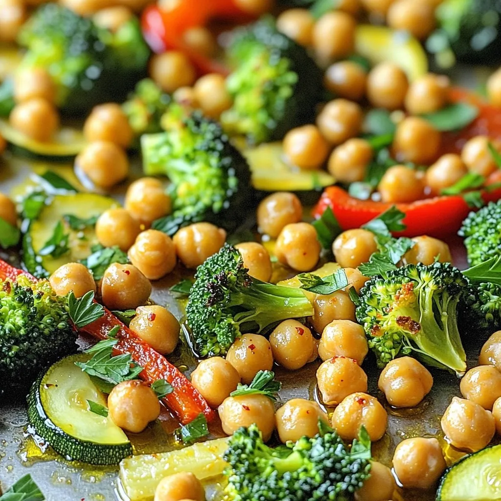 - 1 can (15 oz) chickpeas - 2 cups fresh broccoli florets - 1 vibrant red bell pepper - 1 medium zucchini - 1 large red onion - 4 cloves of garlic - 3 tablespoons extra-virgin olive oil - Zest and juice from 1 large lemon - 1 teaspoon smoked paprika - 1 teaspoon ground cumin - Salt and black pepper - Fresh parsley - Large mixing bowl - Sheet pan - Whisk - Measuring spoons I love how simple this dish is! You need just a few fresh veggies and a can of chickpeas. The bright flavors come from the lemon and garlic. The chickpeas add protein and taste great when roasted. Main Ingredients: Start with a can of chickpeas. Make sure to rinse them well. Next, grab some fresh broccoli florets. They add a nice crunch. A red bell pepper brightens the dish with color and sweetness. Don’t forget the zucchini! It cooks quickly and adds tenderness. Lastly, a large red onion gives a sharp taste that balances the other flavors. You also need garlic, minced finely for that bold flavor. Seasoning and Garnish: For seasoning, you need three tablespoons of extra-virgin olive oil. It helps everything stick and adds richness. The zest and juice of one large lemon bring brightness. Smoked paprika adds warmth, while ground cumin gives an earthy tone. Season with salt and black pepper to taste. Fresh parsley is perfect for a sprinkle on top. Equipment Needed: You will need a large mixing bowl to mix all your veggies and chickpeas. A sheet pan is essential for roasting everything together. A whisk will help you blend the seasoning well. Finally, measuring spoons ensure you get the right amounts. With these ingredients and tools, you're set to create a delicious meal! - Preheat the oven to 425°F (220°C). - Drain and rinse the chickpeas. - Prepare the vegetables: chop broccoli, slice bell pepper, zucchini, and onion. - Combine the vegetables and chickpeas in a large bowl. - In a small bowl, whisk together minced garlic, olive oil, lemon zest, lemon juice, smoked paprika, cumin, salt, and pepper until well mixed. - Drizzle the seasoning mix over the vegetables. - Spread the mix evenly on a sheet pan and roast in the oven for 20-25 minutes. - Stir halfway through cooking to ensure even roasting. - Keep vegetables evenly spaced on the pan. This lets hot air circulate for even cooking. - Adjust cooking time based on veggie size. Smaller pieces cook faster than larger ones. - Use parchment paper for easier cleanup. It prevents sticking and saves time. - Experiment with additional spices. Try cumin, coriander, or even a pinch of cayenne. - Add more lemon for extra zing. A splash of lemon juice brightens the dish. - Use fresh herbs for enhanced taste. Basil or thyme can add wonderful flavors. - Pair with grains like quinoa or rice. This adds texture and makes it filling. - Serve as a side dish or a main course. It works well in both roles. - Add protein for a heartier meal. Chicken or tofu can boost the protein content. {{image_4}} You can easily swap out the broccoli for other veggies. Asparagus or green beans work great too. They add a nice crunch. Sweet potatoes or carrots bring a touch of sweetness. This change gives a new flavor to the dish. Want to change the flavor profile? Use different citrus like lime or orange. Each brings a unique twist. For a bit of heat, add chili flakes. This step adds depth and excitement to every bite. This dish is vegan, making it perfect for many diets. You can also ensure it’s gluten-free. For a Mediterranean twist, add feta cheese. This extra step creates a creamy contrast with the lemon and garlic. Enjoy the mix of flavors! To keep your Lemon Garlic Chickpeas and Veggies fresh, refrigerate them in an airtight container. This helps lock in the flavors. Enjoy your leftovers within 3-4 days for the best taste and texture. After that, they may lose their freshness. If you want to save some for later, freezing is a great option. Place the cooled dish in a freezer-safe container. This method allows you to enjoy a tasty meal even weeks later. When you're ready to eat, thaw it in the fridge overnight. To reheat, you can use the microwave or bake them in the oven. If you microwave, do so in short bursts to avoid overheating. If you choose the oven, warm it at 350°F (175°C). Add a splash of water to keep it moist and prevent dryness. Enjoy your delicious leftovers! Yes, you can prepare this recipe a few hours in advance. Just follow the steps until you are ready to roast. Cover the pan with foil or plastic wrap. When you are ready, simply pop it in the oven. This makes dinner planning easier. You can add chicken, shrimp, or tofu. These proteins blend well with the chickpeas and veggies. They also absorb the lemon and garlic flavors nicely. You can add more smoked paprika or fresh chilies. Both options will give the dish a nice kick. Adjust it to your spice level. Experiment to find what you like best! Absolutely, this recipe is great for meal prep. It stores well and is easy to portion. You can pack it in containers for quick meals during the week. Enjoy it warm or cold! This blog post shared a simple and tasty recipe for roasted chickpeas and veggies. We covered key ingredients, clear steps for preparation, and tips for perfect roasting. You can switch up the veggies and flavors to fit your taste. Remember, this dish is great for meal prep and lasts in the fridge for several days. Enjoy getting creative with leftovers and serving this dish any way you like. Cooking should be fun, so explore different flavors and enjoy every bite!