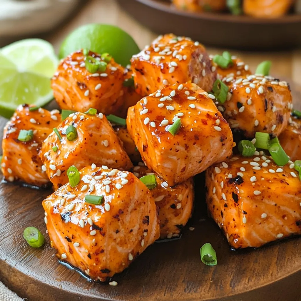 - 1 pound fresh salmon fillet, skin removed and cut into bite-sized cubes - 1/4 cup sweet chili sauce - 2 tablespoons soy sauce - 1 tablespoon fresh ginger, minced - 2 cloves garlic, minced - 1 tablespoon sesame oil - 1 tablespoon honey - 1 teaspoon red pepper flakes - Chopped green onions - Sesame seeds To make the marinade, I start by mixing a few simple ingredients. In a medium-sized bowl, I combine: - 1/4 cup sweet chili sauce - 2 tablespoons soy sauce - 1 tablespoon fresh ginger, minced - 2 cloves garlic, minced - 1 tablespoon sesame oil - 1 tablespoon lime juice - 1 tablespoon honey (optional) - 1 teaspoon red pepper flakes (optional) I stir these together until well blended. The sweet and spicy aroma fills the air. Adding minced ginger and garlic gives the sauce a fresh kick. This mixture is the heart of our dish and adds rich flavor to each salmon bite. Next, I prepare the salmon. I take 1 pound of fresh salmon fillet, skin removed, and cut it into bite-sized cubes. I gently add these salmon pieces to the marinade. Each cube needs to be well coated to soak up all the flavors. I cover the bowl with plastic wrap and pop it into the fridge for at least 30 minutes. This marinating time is crucial. It allows the salmon to absorb the flavors, making every bite delicious. While the salmon marinates, I preheat my air fryer to 400°F (200°C). This usually takes about 5 minutes. Preheating is key for getting that nice crispy texture. Once heated, I lightly spray the air fryer basket with cooking oil. This helps to prevent sticking. After marinating, I take the salmon bites from the marinade. I let any excess marinade drip back into the bowl. I arrange the salmon cubes in a single layer in the air fryer basket. It's important to leave space between each piece. This helps them cook evenly. I air fry the salmon bites for 8-10 minutes. Halfway through, I shake the basket to ensure even cooking. The salmon should be fully cooked and crispy on the outside. When done, I carefully remove the bites from the air fryer. For a beautiful finish, I garnish them with chopped green onions and sesame seeds before serving. To cook salmon just right, keep an eye on the temperature. Set your air fryer to 400°F (200°C). This high heat gives the salmon a nice sear while keeping it moist. Cook the salmon bites for 8 to 10 minutes. Check if they are opaque and flaky when done. For a crispy texture, lightly spray cooking oil in the air fryer basket. This helps the salmon get that perfect crunch. Make sure not to overcrowd the basket. Each piece needs room to breathe. The marinade is key to a flavorful dish. Mix sweet chili sauce, soy sauce, ginger, garlic, sesame oil, lime juice, and honey well. Let the salmon soak for at least 30 minutes. This lets the flavors seep in. Adjust the sweetness by adding more honey. If you like heat, toss in red pepper flakes. This will make your salmon bites spicy and sweet. Play around with these ingredients until you find your perfect balance. Arrange the salmon bites in a single layer in the air fryer basket. This allows hot air to flow around each piece for even cooking. If you stack them, some will not cook properly. Shaking the basket halfway through cooking is essential. It helps brown the salmon evenly. Just give it a gentle shake to move the pieces around. This small step makes a big difference in texture and taste. {{image_4}} You can switch up the sauce for a fresh taste. If you want a sweet twist, try teriyaki sauce. It gives a nice glaze on the salmon and adds a rich flavor. For those who love heat, a sriracha-infused option works great. Just mix sriracha with the sweet chili sauce to make it spicy and fun. Feel free to swap out the salmon for other fish types. Tuna is a fantastic choice and has a meaty texture. You can also try using shrimp for a different bite. For those who prefer plant-based options, tofu works well too. Just marinate it the same way for flavor. Serving these salmon bites is easy and fun. They pair perfectly with a bed of rice, soaking up all the flavors. A fresh garden salad is another great side. You can also create an appetizer platter. Just arrange the salmon bites with fresh veggies and dipping sauces for a colorful spread. To store leftovers, place the salmon bites in an airtight container. Make sure the lid seals well. This keeps the bites fresh and safe to eat. You can refrigerate them for up to three days. If you want to eat them later, store them right after cooking. Freezing is a great option if you want to save some salmon bites. To freeze them, let the bites cool completely. Then, place them in a freezer-safe bag. Squeeze out as much air as possible. They will keep well for up to three months. When you are ready to eat, thaw them overnight in the fridge. To reheat, air fry them at 350°F for about 5-7 minutes. This helps them regain their crispiness. You can prepare these salmon bites in advance. Marinate the salmon cubes the night before. This allows the flavors to soak in deeply. Use the same marinade as in the recipe. Just be sure to keep it in the fridge until you are ready to cook. For best results, cut the salmon into cubes before marinating. This makes it easy to cook and eat later. You should marinate the salmon for at least 30 minutes. This time allows the flavors to soak in well. If you have more time, you can marinate it for up to two hours. Longer marinating enhances the taste even more. Yes, you can! If you don’t have an air fryer, you can bake or pan-sear the salmon. For baking, preheat your oven to 400°F (200°C). Place the marinated salmon on a lined baking sheet and bake for about 12-15 minutes. For pan-searing, heat a non-stick skillet over medium heat. Cook the salmon for 3-4 minutes on each side until crispy and cooked through. These salmon bites pair nicely with several side dishes. Here are some ideas: - Steamed rice - Quinoa salad - Fresh garden salad - Roasted vegetables - Cucumber salad These options balance the rich flavors of the salmon and add freshness to your meal. To wrap up, we explored how to make tasty sweet chili salmon bites, starting from key ingredients to step-by-step cooking. I shared tips for perfect texture and flavor, plus variations to fit your taste. Remember, you can adjust the marinade and find new sauces to try. Whether you air fry or use another method, these bites can be a hit. Enjoy experimenting with this easy recipe for delicious meals or snacks!