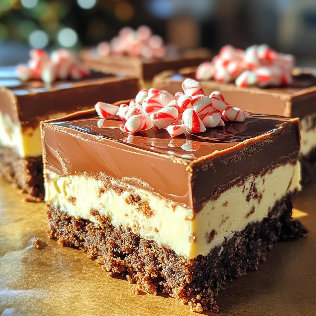To make No-Bake Peppermint Chocolate Cheesecake Bars, you'll need a few key ingredients. Each one adds to the rich and festive flavor. Here’s the list: - 1 ½ cups chocolate cookie crumbs - ½ cup unsalted butter, melted - 16 oz cream cheese, softened to room temperature - 1 cup powdered sugar - 1 teaspoon peppermint extract - 1 cup heavy whipping cream - ½ cup semi-sweet chocolate chips, melted - ¼ teaspoon salt - Crushed peppermint candies, for garnish - Chocolate cookie crumbs form the crust. They give the bars a sweet, crunchy base. - Unsalted butter binds the crumbs together. It helps create a firm crust. - Cream cheese acts as the main filling. Its smooth texture is key to the cheesecake. - Powdered sugar sweetens the mixture. It makes the dessert extra tasty. - Peppermint extract adds that fresh minty flavor. It gives the bars a holiday twist. - Heavy whipping cream creates a light and airy texture. It makes the filling rich and fluffy. - Semi-sweet chocolate chips provide a chocolatey touch. They bring depth to the flavor. - Salt balances the sweetness. It enhances all the flavors in the dish. - Crushed peppermint candies add a festive crunch. They make the bars look pretty and taste great. These ingredients come together to create a delicious treat that is perfect for any occasion! Start by mixing the chocolate cookie crumbs with melted butter in a medium bowl. Stir until the crumbs soak up the butter and become crumbly. Next, take a lined 9x9 inch baking pan. Firmly press the cookie mixture into the bottom of the pan. This forms a solid base for your cheesecake. Place the pan in the fridge while you prepare the filling. In a large bowl, beat the softened cream cheese with an electric mixer. Mix until it is smooth and creamy, which should take about 2 minutes. Slowly add the powdered sugar and peppermint extract. Keep mixing until the cream cheese is fluffy and well combined. In a separate bowl, whip the heavy cream until stiff peaks form. This usually takes about 2 to 3 minutes. Be careful not to over-whip. Gently fold the whipped cream into the cream cheese mixture. Do this in three additions to keep the whipped cream light and airy. Pour half of the cheesecake mixture over the chilled crust and spread it evenly. Drizzle half of the melted semi-sweet chocolate on top. Use a knife or spatula to swirl the chocolate into the cheesecake layer. Next, pour the remaining cheesecake mixture on top and smooth it out. Drizzle the rest of the melted chocolate over this layer and swirl it again for a nice design. Cover the pan with plastic wrap. Put it in the fridge for at least 4 hours. This time helps the cheesecake set and become firm. Once set, carefully lift the cheesecake out of the pan using the parchment paper edges. Place it on a cutting board. Cut it into 16 equal squares to serve. For a festive touch, sprinkle crushed peppermint candies on top of each bar. This adds a pop of color and flavor that makes each bite special. To make the best no-bake peppermint chocolate cheesecake bars, start with cream cheese. Ensure it is at room temperature. Cold cream cheese mixes poorly. A soft texture leads to a smooth filling. Next, when you fold in the whipped cream, be gentle. This keeps the air in the cream. A light filling will help your bars stay fluffy and delicious. One mistake to watch out for is overmixing the cream cheese. Mixing too long can make it too runny. You want a thick, creamy texture for your bars. Also, don’t skip chilling the cheesecake long enough. If you take it out too early, the bars may fall apart. A minimum of four hours in the fridge is key to a firm set. When serving, think about how to impress your guests. Use a decorative platter for the bars. Drizzle some extra melted chocolate on top. It adds flair and makes them look fancy. For garnish, crushed peppermint candies are a classic choice. But you can also try crushed nuts or chocolate shavings. These add variety and color to your dessert. {{image_4}} You can change the flavor of your cheesecake bars. Try using different extracts. Almond or vanilla extract adds a nice twist. You can also add layers of fruit flavors. Raspberry or strawberry puree works great. Just swirl it into the cheesecake before chilling. This adds both color and taste. The crust can be made in many ways. You might use graham crackers or Oreo cookies. Both give a tasty base. For a gluten-free option, use gluten-free cookies. There are many brands that offer great choices. Just crush them like regular cookies and mix with melted butter. If you want a dairy-free version, there are good options. Use cashew cream instead of cream cheese. It blends well and tastes great. For heavy cream, you can try coconut cream. It whips up nicely and adds a hint of coconut flavor. These swaps keep the taste rich while being plant-based. To store leftover bars, place them in an airtight container. This keeps them fresh and moist. You can also cover the pan with plastic wrap if you prefer. The ideal temperature for storage is the fridge. Keep your cheesecake bars chilled to maintain their texture and flavor. You can freeze the cheesecake bars for later enjoyment. Cut them into squares and wrap each piece in plastic wrap. Then, place them in a freezer-safe bag or container. For thawing, take them out of the freezer and let them sit in the fridge overnight. This method helps keep the texture creamy and smooth. These bars will last about 5 to 7 days in the fridge. Store them properly to ensure their freshness. Watch for signs of spoilage like a sour smell or a change in texture. If you see any mold, it’s best to discard them. Enjoy your delicious treats! Yes, you can make these bars ahead of time. I recommend preparing them a day in advance. This gives the bars time to firm up nicely in the fridge. They taste even better after chilling overnight. Just cover them well to keep them fresh. You can use low-fat cream cheese, but it changes the texture a bit. The bars may not be as rich or creamy. The flavor might also be less intense. Full-fat cream cheese gives the best results for taste and texture. If you don’t have peppermint extract, you can use vanilla extract. You can also try almond extract for a different twist. Another option is to add crushed peppermint candies for that minty flavor. Just adjust the amount to your taste. Serve these bars chilled for the best flavor. Cut the bars into squares and place them on a pretty plate. Drizzle with extra melted chocolate for a nice touch. Top with crushed peppermint candies for color and crunch. They are great for parties or special events! This blog post covered how to make delicious cheesecake bars with peppermint flavor. We explored each ingredient, from chocolate cookie crumbs to crushed peppermint candies. You learned step-by-step instructions for preparing, mixing, and layering your cheesecake. Tips helped avoid common mistakes, while variations let you customize your bars. Finally, we shared storage info to keep them fresh. Get creative and experiment with different flavors. Enjoy each bite of your tasty treat!
