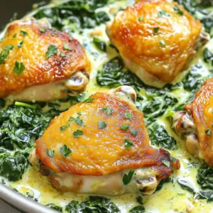 - 6 chicken thighs, bone-in and skin-on - 4 tablespoons unsalted butter - 6 cloves garlic, finely minced - 1 cup chicken broth, low-sodium preferred - 1 cup heavy cream - 1 teaspoon Italian seasoning - 1 teaspoon smoked paprika - Salt and freshly ground black pepper to taste - Fresh parsley, chopped - 2 cups fresh spinach, washed and stems removed Gather these ingredients to start your one-pan creamy garlic butter chicken thighs. The chicken thighs are juicy and flavorful. The butter adds richness, while garlic brings that lovely aroma. Chicken broth forms the base of your sauce, and heavy cream gives it a lush texture. For seasonings, Italian seasoning adds a nice herbal note. Smoked paprika gives warmth and depth. Don’t forget salt and black pepper; they enhance all the flavors. The optional garnishes of fresh parsley and spinach are perfect. Parsley adds color and freshness, while spinach wilts beautifully in the sauce. Enjoy this simple yet stunning dish with your loved ones. First, pat the chicken thighs dry with paper towels. This step is key for a crispy skin. Season both sides with salt, black pepper, smoked paprika, and Italian seasoning. Make sure every inch is coated well. Next, heat 2 tablespoons of butter in a large, heavy skillet over medium heat. Once the butter is bubbling, place the chicken thighs skin-side down. Sear them for about 5-7 minutes until the skin is golden and crispy. Flip the thighs and cook for another 5 minutes. After browning, set the chicken aside on a plate. In the same skillet, add the remaining butter to the drippings. Once it melts, add the minced garlic. Sauté it for about 30 seconds, stirring all the time. You want the garlic fragrant but not brown. Now, pour in the chicken broth and scrape up the tasty bits stuck to the pan. Bring it to a gentle simmer and stir in the heavy cream. Let the sauce bubble for 2-3 minutes until it thickens slightly. Return the seared chicken thighs to the skillet, skin-side up. Scatter fresh spinach around the chicken in the sauce. Cover the skillet and let it simmer on low heat for 15-20 minutes. The chicken should reach an internal temperature of 165°F (75°C). The spinach will wilt down nicely. Taste the sauce and adjust with more salt and pepper if needed. To get crispy skin on your chicken thighs, start by patting them dry with paper towels. This helps remove moisture that can make the skin soggy. Next, season both sides with salt, pepper, and smoked paprika. When you sear the chicken, use a hot skillet with melted butter. Place the chicken skin-side down and do not move it for the first few minutes. This helps form a nice crust. Sear for about 5-7 minutes until golden brown, then flip and sear the other side for 5 minutes. To thicken your sauce properly, focus on the cooking time after you add the heavy cream. Allow the sauce to bubble gently for 2-3 minutes. This will help it thicken naturally. If you want it thicker, you can also add a cornstarch slurry. Mix one tablespoon of cornstarch with two tablespoons of cold water. Stir this mixture into the sauce and cook for a few more minutes until it thickens to your liking. For extra flavor, consider adding herbs like thyme or rosemary. You can also try a pinch of red pepper flakes for some heat. A squeeze of fresh lemon juice can brighten the dish too. Feel free to mix in some freshly grated Parmesan cheese for a richer sauce. These small changes can elevate your creamy garlic butter chicken thighs to a new level of deliciousness. Enjoy experimenting! {{image_4}} You can change ingredients to suit your taste. Instead of chicken thighs, try bone-in chicken breasts. They will still cook well and stay juicy. For a lighter version, swap heavy cream for half-and-half or coconut milk. Both options will add creaminess without the full fat. You can use the oven if you prefer. Preheat your oven to 400°F (200°C). Sear the chicken on the stove first, then move it to a baking dish. Pour the sauce over the chicken and bake for about 25-30 minutes. This method allows for a crispy skin and a rich sauce. To make this dish gluten-free, ensure the chicken broth is labeled as such. Use gluten-free pasta or rice as a side. If you want a dairy-free option, switch heavy cream for almond milk or cashew cream. This keeps the dish creamy but removes dairy. To store leftovers, let the chicken cool first. Place the chicken and sauce in an airtight container. Make sure to cover it well. Store in the fridge for up to three days. This keeps the flavors fresh and tasty. Before serving, check for any off smells or changes in color. For freezing, allow the dish to cool completely. Transfer the chicken and sauce to a freezer-safe bag or container. Remove as much air as possible to prevent freezer burn. Label the bag with the date. You can freeze it for up to three months. When you’re ready to eat, just thaw it in the fridge overnight. To reheat, you have a few options. The best way is to use the stove. Place the chicken in a skillet over low heat. Add a splash of chicken broth to keep it moist. Cover the skillet to heat evenly. You can also use a microwave, but be careful not to overcook it. Heat in short bursts and stir often to keep the sauce creamy. Enjoy your meal again without losing flavor! Yes, you can use boneless chicken thighs. They cook faster than bone-in thighs. You should reduce the cooking time by about 5-10 minutes. Check for an internal temperature of 165°F (75°C) to ensure they are done. Boneless thighs will still be juicy but may lack some flavor from the bones. To add spice, include red pepper flakes when you sauté the garlic. You can also add a dash of hot sauce to the creamy sauce. For a fresh kick, try slicing fresh jalapeños and stirring them into the sauce. Adjust the amount based on your heat preference. Several sides work well with this dish. Here are some ideas: - Rice: White or brown rice soaks up the sauce well. - Mashed Potatoes: Creamy potatoes complement the dish perfectly. - Steamed Vegetables: Broccoli or green beans add color and nutrients. - Crusty Bread: Great for dipping into the rich sauce. These sides create a balanced meal and enhance the chicken's flavors. You now know how to make One-Pan Creamy Garlic Butter Chicken Thighs. We covered key ingredients like chicken thighs, garlic, and heavy cream. I detailed how to prepare, sear, and simmer the chicken perfectly. Plus, I shared tips for crispy skin and sauce consistency. You can swap ingredients or change cooking methods to fit your taste. Don't forget about storage and reheating for later enjoyment. With this guide, you can create a delicious meal any day. Enjoy every bite!