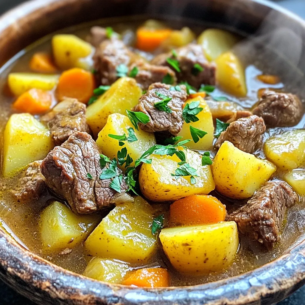 - 2 pounds beef chuck, cut into 1-inch cubes - 4 medium potatoes, peeled and diced - 3 large carrots, peeled and sliced - 1 large onion, chopped - 4 cloves garlic, minced - 4 cups beef broth (preferably low sodium) - 2 tablespoons tomato paste - 1 tablespoon Worcestershire sauce - 1 teaspoon dried thyme - 1 teaspoon dried rosemary - Salt and freshly ground black pepper to taste - 2 tablespoons olive oil - 2 tablespoons fresh parsley, chopped (for garnish) To make this stew, you need simple and fresh ingredients. First, I use beef chuck. It has rich flavor and becomes very tender when cooked slowly. Next, I add potatoes and carrots for heartiness. These vegetables soak up the beef's juices, making the stew extra tasty. I also include onion and garlic. These two add depth to the dish. I prefer low-sodium beef broth to control salt levels. Tomato paste and Worcestershire sauce enhance the stew's flavor. Thyme and rosemary bring warmth and earthiness, perfect for comfort food. Lastly, I finish with fresh parsley. It adds a pop of color and freshness to each bowl. When you mix all these ingredients together, you create a cozy meal that warms the soul. - Season the beef cubes with salt and pepper. Make sure to coat all sides. - Sear the beef in olive oil for browning. Heat oil in a skillet over medium-high heat. Add beef cubes in batches. Cook for 3-4 minutes per side until brown. This step adds great flavor. - Add vegetables: potatoes, carrots, onion, and garlic. Place them evenly over the beef in the slow cooker. - Combine liquids and flavorings in a mixing bowl. Mix beef broth, tomato paste, Worcestershire sauce, dried thyme, and dried rosemary. Whisk until blended. Pour this mixture over the beef and veggies. - Set the slow cooker to low heat for 8 hours or high heat for 4 hours. The longer cooking time makes the beef really tender. - Check for doneness before serving. The beef should be fork-tender, and the vegetables should be soft. Adjust seasoning with more salt and pepper if needed. To make your stew taste great, adjust the seasoning to your liking. Always taste before serving. You might want to add more salt or pepper. This helps bring out all the rich flavors. Browning the beef is key. Searing the meat before slow cooking adds a deep, savory taste. It creates a nice crust that seals in juices. Use medium-high heat and sear for about 3-4 minutes on each side. This step is worth it! Choosing the right slow cooker makes a difference. Look for one with even heat distribution. Models with a ceramic pot work well. They cook food evenly and keep it warm. For searing, use a heavy skillet or Dutch oven. A good non-stick option helps prevent sticking. Ensure your pan is hot before adding the beef. This way, you get that perfect golden brown crust. Serve your stew with crusty bread. It’s perfect for soaking up the savory broth. You can also try serving it with a side salad or steamed veggies. They add color and freshness to your meal. Another great side is rice or mashed potatoes. They complement the stew nicely. Enjoy your hearty meal with family and friends! {{image_4}} You can change the meat in the stew. Try using brisket for a different flavor. It adds a nice richness. If you want to switch up the veggies, use seasonal ones. Swap out potatoes for sweet potatoes. You can also add parsnips or turnips for fun. For a lighter stew, use low-fat broth. This cuts down on calories. You can also reduce the olive oil. Adding more vegetables boosts nutrition. Toss in green beans, peas, or even spinach. These add color and vitamins without many calories. Want to spice things up? Add cumin, paprika, or curry powder for a new flavor. Each spice gives the stew a different feel. You might also try adding a splash of beer or wine. This adds depth to the taste. Just make sure to let the alcohol cook off. Store your leftover beef and potato stew in the fridge. Use airtight containers for best results. Glass or BPA-free plastic work well. Make sure to let the stew cool before sealing it. This step helps keep it fresh. To freeze portions, let the stew cool completely. Then, spoon it into freezer-safe bags or containers. Be sure to leave some space at the top, as the stew may expand. When ready to eat, thaw it in the fridge overnight. You can also use the microwave for quicker thawing. Reheat on the stove over low heat, stirring often. In the fridge, your stew lasts about 3 to 4 days. In the freezer, it can last up to 3 months. Always check for signs of spoilage. If it smells sour or has a strange color, it’s best to toss it. Keeping an eye on these details ensures you enjoy every bite safely. Yes, you can use frozen beef. Just remember to thaw it first for best results. Frozen beef may not brown well, which can affect the flavor. If you skip browning, your stew might taste less rich. Always season the beef well, no matter its state. If your stew is too watery, there are easy ways to thicken it. You can mix one tablespoon of cornstarch with two tablespoons of cold water. Stir this mix into the stew and let it cook for a few more minutes. Another option is to mash some of the potatoes. This will give the stew a thicker texture without adding extra ingredients. When cooking at high altitude, you might need to increase the cooking time. The lower air pressure can slow down cooking. For instance, add an extra hour to your low setting or 30 minutes to your high setting. Always check if the beef is tender before serving. Adjust as needed for your specific altitude. This blog post covers a delicious beef stew recipe that is easy and satisfying. We looked at key ingredients like beef, potatoes, and carrots. I shared step-by-step instructions for preparing and cooking your stew. Keep in mind the tips for seasoning and selecting the right tools. Don't hesitate to try variations for different flavors and health needs. Enjoy making this stew today! You will love how it warms your home and your heart.