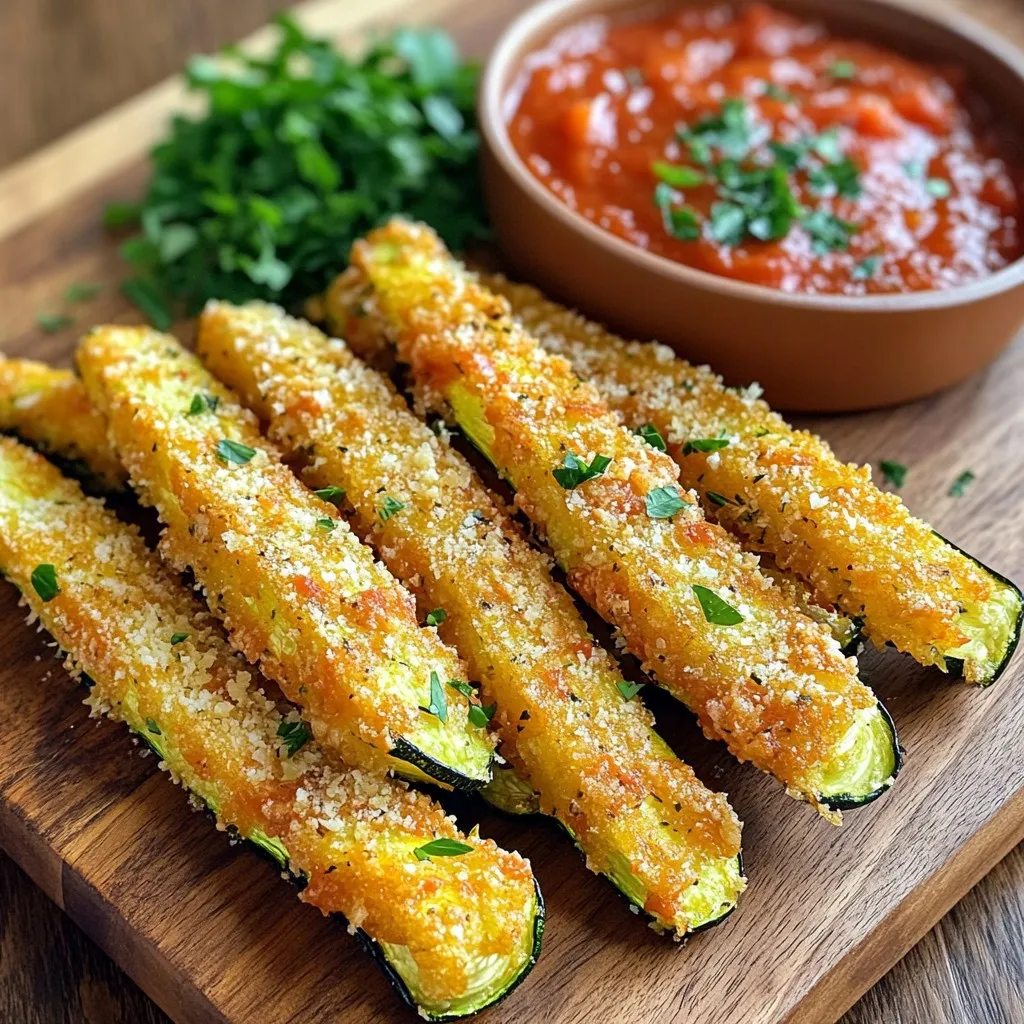 - 2 medium zucchini - 1 cup Panko breadcrumbs - ½ cup freshly grated Parmesan cheese - 1 teaspoon garlic powder - ½ teaspoon onion powder - 1 teaspoon Italian seasoning - Salt and black pepper - 1 large egg - 1 tablespoon extra-virgin olive oil When making crispy Parmesan zucchini fries, you need fresh, quality ingredients. Start with two medium zucchini. Slice them into fry shapes. This helps them cook evenly and fit in your air fryer. Next, grab a cup of Panko breadcrumbs. These breadcrumbs give your fries an extra crunch. You also need half a cup of freshly grated Parmesan cheese. This cheese adds a rich, salty flavor. For seasoning, gather garlic powder, onion powder, and Italian seasoning. You’ll need one teaspoon of garlic powder, half a teaspoon of onion powder, and one teaspoon of Italian seasoning. Add salt and black pepper to taste. These spices will make your fries pop with flavor. To bind everything together, use one large egg and one tablespoon of extra-virgin olive oil. The egg helps the coating stick to the zucchini. The olive oil adds moisture and richness. With these ingredients ready, you are set to create a snack that is both tasty and fun to make! Start by setting your air fryer to 400°F (200°C). This step warms up the fryer, ensuring crispy fries. Grab two bowls. In the first bowl, mix these dry ingredients: - 1 cup Panko breadcrumbs - ½ cup freshly grated Parmesan cheese - 1 teaspoon garlic powder - ½ teaspoon onion powder - 1 teaspoon Italian seasoning - Salt and freshly ground black pepper to taste Stir them well to combine. In the second bowl, whisk one large egg with 1 tablespoon of extra-virgin olive oil. Mix until smooth. Take a zucchini fry and dip it into the egg mixture. Make sure to coat it fully. Next, transfer it to the breadcrumb mix. Roll it around until it’s evenly coated. Repeat this for all zucchini fries. This method ensures a nice, even coverage. Arrange the coated fries in a single layer in the air fryer basket. Avoid stacking them to help them cook evenly. You might need to fry in batches if your air fryer is small. Set the timer for 10-12 minutes. Halfway, shake the basket to promote even cooking. Look for a golden brown color to know when they're done. The fries should be crispy on the outside. Shaking the basket helps them crisp up evenly. If they need more time, give them another minute or two. Enjoy the crunch! To make your zucchini fries super crispy, always use Panko breadcrumbs. They are lighter and airier than regular breadcrumbs. This helps create that perfect crunch you want. When you coat your zucchini, make sure to press the breadcrumbs well. This step ensures they stick tightly. Cooking in batches is key. If you crowd the air fryer, the fries steam instead of fry. This can lead to sogginess. Frying in smaller groups lets hot air circulate. You get crispy results every time. These crispy fries pair perfectly with dips. Marinara sauce is a classic choice. It adds a nice tang. Garlic aioli also works well. Its creaminess complements the crunch. For presentation, arrange the fries on a bright platter. A splash of color makes them look even more appetizing. You can garnish with fresh parsley or basil leaves. This adds a touch of green and a hint of flavor. You can prepare the ingredients in advance. Slice the zucchini and mix the coatings. Store them in the fridge. This way, you can quickly fry them later. If you want to reheat the fries, do so in the air fryer. This keeps them crispy. Avoid using the microwave, as it makes them soggy. Just a few minutes in the air fryer brings back that crunch. {{image_4}} You can spice up your crispy Parmesan zucchini fries. Try adding smoked paprika for a smoky flavor. If you like heat, sprinkle in some cayenne pepper. Both spices boost the taste and make each bite exciting. You can also switch cheese types. Instead of Parmesan, use Pecorino Romano or even cheddar. Each cheese adds a different twist. Zucchini isn’t the only veggie to fry. Try eggplant for a rich taste. Green beans work well too; they get crispy quickly. Remember to adjust cooking times. Eggplant may need a few extra minutes, while green beans could take less time. Keep an eye on them to avoid burning. Want a gluten-free version? Use gluten-free breadcrumbs instead of Panko. They still give a nice crunch. You can also replace the egg with a mixture of ground flaxseed and water. This swap binds your fries without gluten. These options make the dish friendly for everyone! To store leftover zucchini fries, place them in an airtight container. Make sure they are cool before sealing. For best taste, eat them within 2-3 days. After this time, they may lose their crunch. The air fryer is the best way to reheat zucchini fries. Preheat it to 375°F (190°C). Place the fries in a single layer and heat for 5-7 minutes. This helps them regain their crispy texture. You can also use an oven. Set it to 375°F (190°C) and bake for about 10 minutes. Avoid using the microwave, as it can make them soggy. To freeze zucchini fries, place them on a baking sheet in a single layer. Freeze them for 1-2 hours until firm. Then, transfer them to a freezer bag. They can stay fresh for up to 3 months. When ready to eat, thaw them in the fridge overnight. Reheat in the air fryer or oven as mentioned earlier. This will give you that crispy bite again. To keep your zucchini fries crispy, focus on coating them well. Use Panko breadcrumbs for extra crunch. Make sure to shake off any excess coating after breading. Air frying at 400°F (200°C) helps achieve that ideal crispiness. Avoid overcrowding the basket; this allows hot air to circulate. Fry in batches if needed. Remember to shake the basket halfway through cooking. This ensures even crispness and golden color. Yes, you can use regular breadcrumbs, but the texture will differ. Panko breadcrumbs are coarser and create a crunchier fry. Regular breadcrumbs may yield a denser coating. If you prefer a softer texture, stick with regular breadcrumbs. However, for that delightful crunch, Panko is the way to go! Zucchini fries taste great with a variety of dips. Here are some ideas: - Marinara sauce for a classic touch. - Creamy garlic aioli for a rich flavor. - Ranch dressing for a cool contrast. - Spicy sriracha mayo for a kick. You can easily make aioli by mixing mayo with minced garlic and lemon juice. To adjust the recipe, simply scale the ingredients. For a smaller batch, use one zucchini and halve the other ingredients. For a larger batch, double the amount of zucchini and other ingredients. Just keep your air fryer size in mind. You may need to cook in batches for best results. Yes, you can bake these zucchini fries in the oven. Preheat your oven to 425°F (220°C). Arrange the coated fries on a baking sheet lined with parchment paper. Bake for 20-25 minutes, flipping halfway through. Look for a golden brown color to know they are ready. Baking will give you a different texture but still delicious! Zucchini fries are simple and fun to make. You start with fresh zucchini, mix in Panko breadcrumbs and tasty spices. The air fryer gives them a crispy texture without deep frying. Remember to check doneness for perfect crunch. You can get creative with flavors and choose different veggies too. It's easy to store leftovers and reheat them. Enjoy these delicious fries with your favorite dip. I hope you try this recipe and share your thoughts!