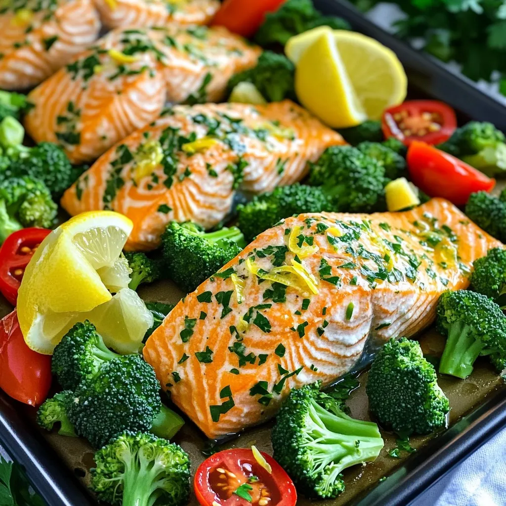- 4 boneless salmon fillets - 1 large lemon (zested and juiced) - 3 tablespoons extra virgin olive oil - 2 teaspoons dried oregano - 1 teaspoon garlic powder - Sea salt and freshly cracked black pepper - 2 cups fresh broccoli florets - 1 red bell pepper (thinly sliced) - 1 cup cherry tomatoes (halved) - Fresh parsley (finely chopped for garnish) Gathering these ingredients is the first step to making this dish shine. Each item plays a role in flavor and texture. The salmon provides a rich base. The lemon brings brightness and freshness. Olive oil adds depth, while oregano and garlic create warmth. Broccoli adds a nice crunch. The red bell pepper gives color and sweetness. Cherry tomatoes add juiciness and tang. Fresh parsley, chopped finely, not only looks great but also adds a burst of freshness at the end. Make sure to use good quality salmon. This makes a big difference. Fresh vegetables will enhance the dish. Choose bright-colored veggies for the best taste. You can find all these ingredients at your local grocery store. If you want, consider sourcing some from a farmer's market to get the best flavor! Remember, quality ingredients lead to a better meal. Preheating the oven is key. Start by setting it to 400°F (200°C). This ensures your food cooks evenly. A hot oven helps the salmon and veggies roast well. If the oven is not hot, the dish may not cook right. In a small bowl, whisk these items together: - Juice and zest from 1 large lemon - 3 tablespoons of extra virgin olive oil - 2 teaspoons of dried oregano - 1 teaspoon of garlic powder - Sea salt and freshly cracked black pepper to taste This zesty mixture adds flavor to both the salmon and the veggies. The lemon gives a bright taste, while the olive oil keeps everything moist. Place 4 boneless salmon fillets in a shallow dish. Pour half of the marinade over the salmon. Let it sit for about 10 minutes. This time allows the salmon to soak up the flavors. Marinating is essential for a tasty dish. On a large sheet pan, spread out 2 cups of fresh broccoli florets, 1 sliced red bell pepper, and 1 cup of halved cherry tomatoes. Drizzle the rest of the marinade over the veggies. Use your hands or a spatula to toss them well. Make sure every piece is coated. This step makes the veggies flavorful and delicious. Push the veggies to one side of the sheet pan. Lay the marinated salmon fillets on the other side, with the skin side down. Place the pan in the preheated oven. Bake for 15-20 minutes. The salmon is done when it flakes easily with a fork. The veggies should be soft and slightly charred. After baking, remove the sheet pan from the oven. Let it rest for a couple of minutes. This helps the juices settle. Just before serving, sprinkle chopped parsley on top. It adds color and freshness. For an attractive look, transfer everything to a serving platter. You can drizzle any remaining marinade over the top and serve with lemon wedges. This way, guests can add more zesty flavor if they like. To avoid overcooking your salmon, pay attention to the time. Bake for 15 to 20 minutes. The salmon is done when it flakes easily with a fork. You can also check the internal temperature. It should reach 145°F (63°C). If you prefer a softer texture, cook it for less time. Always let the salmon rest for a few minutes after baking. This helps the juices stay inside. You can boost the flavor of your sheet pan meal with a few extra spices. Try adding paprika for a hint of smokiness. A pinch of red pepper flakes brings heat. You might also mix in fresh herbs, like dill or thyme. For a sweet twist, drizzle a bit of honey over the veggies. This will add depth and balance to the dish. Serving your lemon herb salmon and veggies nicely can impress your guests. Transfer everything to a large serving platter. Drizzle any remaining marinade over the top for added flavor. You can also add lemon wedges on the side. This allows guests to squeeze fresh lemon juice on their servings. Finally, sprinkle chopped parsley over the dish for color and freshness. {{image_4}} You can change up the veggies in this dish. Here are some tasty options: - Asparagus: This veggie cooks fast and adds a nice crunch. - Zucchini: Slice it thin for quick cooking and a light flavor. - Carrots: Cut them into sticks for a sweet bite. - Cauliflower: Use small florets for a hearty addition. - Green beans: These add a fresh snap that pairs well with salmon. Feel free to pick what you have on hand or what is in season. Fresh veggies taste the best! Want to switch up the flavor? Here are a few ideas: - Asian-inspired: Use soy sauce, ginger, and sesame oil instead of olive oil. This gives the dish a savory kick. - Mediterranean: Mix in some balsamic vinegar and fresh herbs like thyme or rosemary. This adds depth and aroma. - Spicy: Add some chili flakes or sriracha to your marinade for heat. This will wake up your taste buds! These options let you explore new flavors while keeping the same cooking method. You don’t have to bake this dish if you don’t want to. Here are some other ways to cook it: - Grilling: Preheat your grill and cook the salmon and veggies on a grill pan. This adds a smoky flavor. - Pan-searing: Heat a skillet with oil and cook the salmon skin-side down until crispy. Then add the veggies and sauté until tender. These methods can give you a different texture and taste while staying simple and quick. To store leftovers safely, let your dish cool first. Place the salmon and veggies in an airtight container. Make sure to cover it well to keep moisture in. Store it in the fridge for up to three days. Always check for freshness before eating. Yes, you can freeze this dish! To freeze, make sure the salmon and veggies are fully cooled. Place them in a freezer-safe bag or container. Squeeze out any air to prevent freezer burn. You can freeze it for up to three months. When ready to eat, thaw it in the fridge overnight. To reheat without losing quality, use the oven. Preheat it to 350°F (175°C). Place the salmon and veggies on a baking sheet. Heat for about 10-15 minutes, or until warmed through. You can also use a microwave, but it may not keep the texture as nice. Enjoy your meal! Yes, you can! Try using trout, cod, or tilapia. These fish have a mild taste and cook well. Each of these alternatives brings a unique flavor. If you choose a thicker fish, adjust the cooking time. Adjust the seasoning to match your fish choice. Many sides go well with lemon herb salmon. Here are a few ideas: - Garlic mashed potatoes - Quinoa salad - Roasted asparagus - Couscous with herbs - Mixed green salad These sides add flavor and texture. They also complement the fresh taste of the salmon. Check the salmon for a few signs. Look for flakes when you poke it with a fork. The flesh should look opaque and not shiny. If the salmon is firm but not hard, it's ready. You can also use a food thermometer. The internal temperature should reach 145°F (63°C). This ensures it’s safe and tasty to eat. In this guide, we covered how to prepare a delicious lemon herb salmon dish. You learned the ingredients, step-by-step cooking instructions, and tips to perfect your meal. Remember to marinate the salmon well and choose your favorite veggies. This dish is quick and easy, making it great for any night. Don't hesitate to explore variations like different vegetables or cooking methods. Enjoy your cooking and impress your family or guests with this flavorful meal!