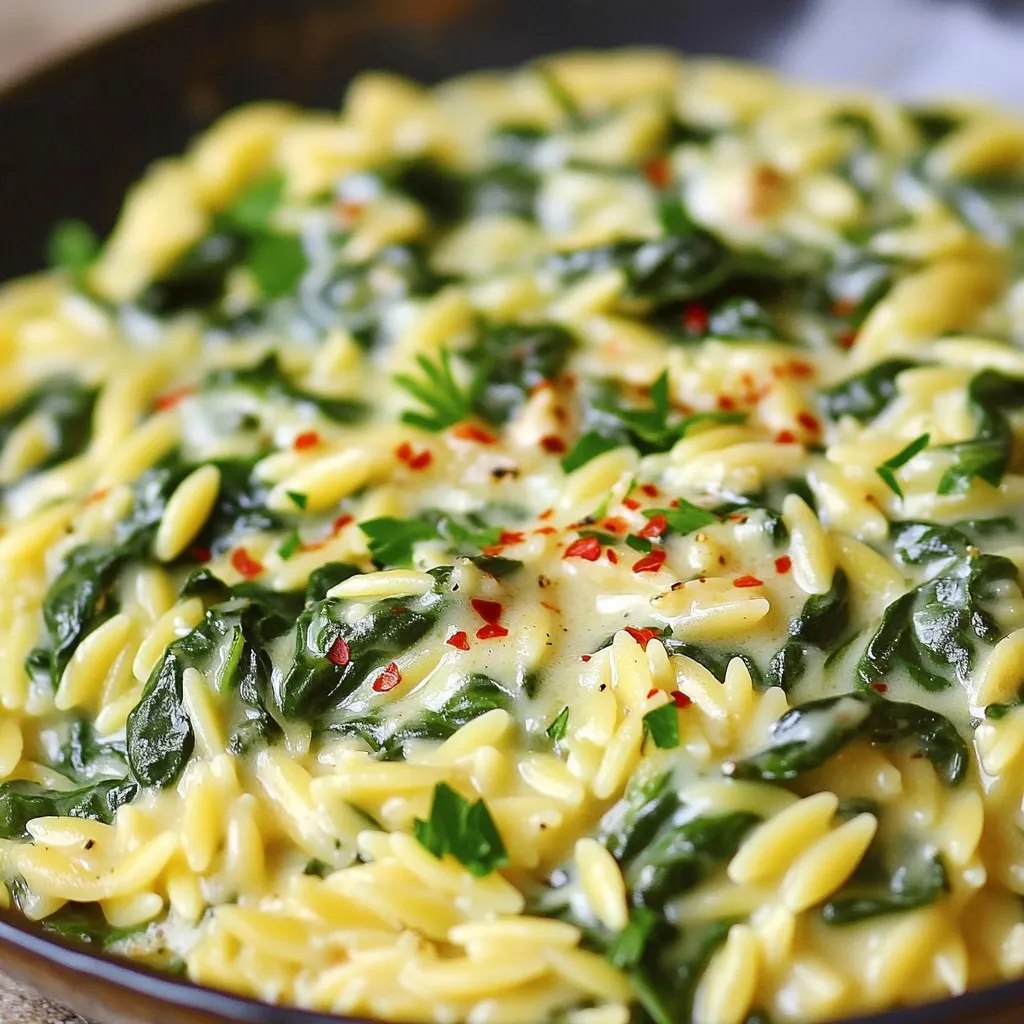 - 1 cup orzo pasta - 2 cups fresh spinach, roughly chopped - 4 cloves garlic, minced - 1 cup vegetable broth - 1/2 cup heavy cream - 1 cup finely grated Parmesan cheese - 2 tablespoons extra-virgin olive oil - Salt and freshly cracked black pepper to taste - 1/2 teaspoon red pepper flakes (optional for a spicy kick) - Fresh parsley, chopped for garnish You can add some protein to this dish. Grilled chicken or shrimp works well. For a vegetarian option, toss in some chickpeas for added protein. Sun-dried tomatoes add a nice flavor too. If you don’t have orzo, use any small pasta like couscous or ditalini. You can replace heavy cream with coconut milk for a lighter dish. For cheese, any grated cheese will work, but Parmesan gives the best taste. If you want a dairy-free option, try cashew cream instead. Start by boiling a large pot of salted water. Add 1 cup of orzo pasta. Cook it for 8 to 10 minutes until tender but firm. Drain the orzo and set it aside. This will be the base for your creamy dish. In the same pot, heat 2 tablespoons of extra-virgin olive oil over medium heat. Add 4 minced garlic cloves and sauté for 1 to 2 minutes. Stir often to keep the garlic from burning. It should smell great! Next, add 2 cups of roughly chopped spinach. Sauté for another 2 minutes until the spinach wilts down. Pour in 1 cup of vegetable broth and bring it to a gentle simmer. This mixes the flavors well. Now add 1/2 cup of heavy cream. Let it simmer for 2 to 3 minutes until it thickens a bit. Stir in the drained orzo and 1 cup of finely grated Parmesan cheese. Mix until the cheese melts and everything blends. Season with salt, black pepper, and optional red pepper flakes. Let the dish rest for a minute before serving. It allows the flavors to deepen. Serve hot, garnished with fresh parsley. Enjoy your creamy garlic Parmesan spinach orzo! To get a creamy texture in your orzo, use heavy cream. This rich cream blends well with cheese. Stir the mixture often as it simmers. This helps the cheese melt evenly. If the sauce seems too thick, add a splash of vegetable broth. This way, you keep the smooth creaminess. Sauté garlic over medium heat. This prevents burning and keeps it sweet. Mince the garlic finely for even cooking. Cook it for only 1-2 minutes. You want it fragrant, not brown. Stir it often to avoid any browning. Brown garlic can taste bitter, which we don’t want in our dish. Season your orzo with salt and black pepper to taste. Freshly cracked pepper adds great flavor. For a spicy kick, add red pepper flakes. Start with a small amount. You can always add more later. Taste as you go to find your perfect balance. Fresh parsley adds a nice touch and color. {{image_4}} You can easily boost this dish with protein. Chicken or shrimp works well. Cook the protein separately and add it to the orzo before serving. For a plant-based option, consider chickpeas or lentils. They add great texture and protein without meat. This creamy garlic Parmesan spinach orzo is already vegetarian friendly. But, you can add more veggies. Try mushrooms, bell peppers, or zucchini. Sauté these before adding spinach. They add flavor and color to your meal. Want to change the flavor? Use different herbs like basil or thyme. They add freshness and depth. For a tangy twist, squeeze lemon juice over the dish before serving. You can also swap the Parmesan for feta cheese. This gives a salty and creamy touch. Once you have made the creamy garlic Parmesan spinach orzo, let it cool. Place it in an airtight container. Store it in the fridge for up to 3 days. When you want to eat it again, check for any off smells or changes in texture. If it looks and smells good, it’s ready! You can freeze this dish too! First, let the orzo cool completely. Then, use a freezer-safe container. It will stay good in the freezer for about a month. To avoid freezer burn, press out any air before sealing. When ready to eat, thaw it in the fridge overnight before reheating. To reheat, use a pot over low heat. Add a splash of vegetable broth or cream to keep it creamy. Stir often until it warms up. You can also use the microwave, but add some liquid to avoid dryness. Heat it in short bursts, stirring in between. Enjoy your creamy orzo just like fresh! Yes, you can use other pasta types. Try using small shapes like penne or shells. Just adjust the cooking time as needed. I love orzo for its bite-sized shape, but variety keeps it fun! Absolutely! You can replace the heavy cream with coconut milk or cashew cream. For cheese, try nutritional yeast or a plant-based Parmesan. These swaps still give you a rich flavor without dairy. This dish pairs well with grilled chicken or shrimp. You can also serve it alongside a fresh salad. A crusty bread is great for soaking up the creamy sauce too! This blog post covered everything you need for Creamy Garlic Parmesan Spinach Orzo. We discussed essential ingredients, optional add-ins, and substitutes. I shared step-by-step cooking instructions to ensure great results. Tips helped you achieve a creamy texture and perfect seasoning. Variations let you tailor the dish to your taste. Lastly, I provided storage tips for leftover orzo. Enjoy making this dish, knowing you can adjust it to your liking and store it for later!