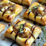 - 1 sheet of puff pastry, thawed - 2 large onions, thinly sliced - 1 tablespoon olive oil - 1 tablespoon unsalted butter - 1 teaspoon granulated sugar - 1 teaspoon fresh or dried thyme leaves - 8 oz brie cheese, cut into small cubes - Salt and freshly cracked pepper to taste - 1 egg, beaten (for egg wash) - Balsamic glaze for drizzling You can swap the brie cheese with goat cheese for a tangy taste. For a vegan option, use a plant-based puff pastry and cheese. Instead of thyme, you can try rosemary or oregano for a different flavor. If you do not have sugar, honey can work well to enhance the onions' sweetness. Start by preheating your oven to 400°F (200°C). This helps the pastry cook evenly and puff up nicely. While the oven heats, take a baking sheet and line it with parchment paper. This step keeps the tartlets from sticking. Next, grab a large skillet and add one tablespoon of olive oil and one tablespoon of unsalted butter. Heat this mixture over medium heat. Once the butter melts, toss in two large, thinly sliced onions. Stir them gently every few minutes. You want to cook them for about 15 to 20 minutes until they turn soft and see-through. After that, sprinkle one teaspoon of granulated sugar and one teaspoon of thyme leaves onto the onions. This adds sweetness and flavor. Keep cooking for another 10 to 15 minutes. Stir often until the onions turn a deep, golden brown. Don’t forget to add salt and pepper to taste. Once done, set the onions aside to cool a bit. Now, let’s get to the puff pastry. Roll out one sheet on a lightly floured surface. Make sure it’s even and not too thick. Use a sharp knife or pizza cutter to slice the pastry into squares, each about 3x3 inches. Place these squares on your prepared baking sheet. To form a tartlet base, score a smaller square inside each one, about half an inch from the edges. Be careful not to cut all the way through. This will create a border that rises nicely when baked. Next, add a small cube of brie cheese in the center of each scored area. Spoon the caramelized onions on top of the brie. Make sure to fill each tartlet well. For that perfect golden look, brush the exposed edges of the pastry with a beaten egg. This step is simple yet important. Finally, bake your tartlets in the preheated oven for 15 to 20 minutes. Look for a puffed, flaky, and golden finish. After baking, if you like, drizzle some balsamic glaze on top. It adds a nice touch and flavor! To caramelize onions well, start with good onions. Yellow onions work best. Slice them thinly for even cooking. Use a mix of olive oil and butter. This mix helps with flavor and browning. Cook on medium heat, stirring often. This process takes time, around 25 to 35 minutes. Be patient. Add granulated sugar after 15 minutes for sweetness. The sugar helps achieve that lovely golden color. Season with salt and pepper to taste. Once done, let them cool slightly before using. A great puff pastry is all about layers. When rolling out the pastry, keep it even and not too thick. Use a lightly floured surface to avoid sticking. After cutting the pastry into squares, score a smaller square inside each. This scoring creates a border that puffs up during baking. Brush the edges with egg wash for a golden finish. Keep your oven hot at 400°F (200°C) for the best puff. Baking the tartlets at 400°F (200°C) is key. This high heat puffs the pastry and cooks the filling well. Bake for 15 to 20 minutes. Keep an eye on them after 15 minutes. You want them golden brown and flaky. If you notice uneven browning, rotate the baking sheet halfway through. This tip ensures even baking. Let them cool briefly before serving for the best texture. {{image_4}} You can use other cheeses besides brie. Cream cheese is a great choice. It has a smooth texture and mild flavor. Goat cheese adds a tangy kick. It pairs well with sweet onions. Cheddar can bring a sharpness to your tartlets. Choose a cheese you love for a tasty twist. Herbs and spices can boost the flavor of your tartlets. Fresh rosemary adds a woodsy note. Basil gives a sweet and aromatic touch. You can also try smoked paprika for a hint of smokiness. Adding a pinch of red pepper flakes adds a bit of heat. Experiment with your favorites to make these tartlets your own. Get creative with toppings and drizzles. Sliced figs or pears add sweetness and texture. Chopped nuts like walnuts or pecans bring crunch. You can drizzle honey for a sweet finish. A splash of balsamic glaze enhances the flavors. Don’t be afraid to mix and match for fun combinations. To keep your leftover tartlets fresh, place them in an airtight container. You can store them in the fridge for up to three days. Make sure they cool completely before sealing the container. This will help maintain their texture and flavor. To reheat, preheat your oven to 350°F (175°C). Place the tartlets on a baking sheet. Heat for about 10-15 minutes, or until they are warm and the pastry is crispy again. Avoid using the microwave, as it can make the pastry soggy. You can freeze the tartlets if you want to save them for later. Place the cooled tartlets in a single layer on a baking sheet and freeze them for about an hour. Once frozen, transfer them to a freezer bag. They can last for up to two months. When ready to enjoy, bake them directly from the freezer at 400°F (200°C) for about 20-25 minutes. Yes, you can make these tartlets ahead of time. Prepare the caramelized onions and assemble the tartlets. Cover them and place them in the fridge for up to 24 hours. When ready to serve, bake them directly from the fridge. This keeps the pastry fresh and flaky. These tartlets pair well with a simple green salad or a fruit platter. Consider serving them with a light vinaigrette. A glass of chilled white wine also complements the flavors nicely. For an extra touch, you can add a cheese board alongside. Caramelized onions can last in the fridge for about 5 to 7 days. Store them in an airtight container. If you want to keep them longer, you can freeze them. They freeze well for up to three months. This blog post covered the key ingredients, steps, and tips for making delicious tartlets. You learned how to create the perfect base with caramelized onions and flaky pastry. Additionally, we explored variations and how to store leftovers for later enjoyment. In summary, these tartlets are flexible and fun. With simple swaps and tricks, you can make them your own. Enjoy experimenting with flavors and impressing your family and friends!