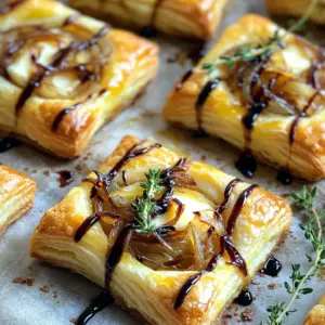 - 1 sheet of puff pastry, thawed - 2 large onions, thinly sliced - 1 tablespoon olive oil - 1 tablespoon unsalted butter - 1 teaspoon granulated sugar - 1 teaspoon fresh or dried thyme leaves - 8 oz brie cheese, cut into small cubes - Salt and freshly cracked pepper to taste - 1 egg, beaten (for egg wash) - Balsamic glaze for drizzling You can swap the brie cheese with goat cheese for a tangy taste. For a vegan option, use a plant-based puff pastry and cheese. Instead of thyme, you can try rosemary or oregano for a different flavor. If you do not have sugar, honey can work well to enhance the onions' sweetness. Start by preheating your oven to 400°F (200°C). This helps the pastry cook evenly and puff up nicely. While the oven heats, take a baking sheet and line it with parchment paper. This step keeps the tartlets from sticking. Next, grab a large skillet and add one tablespoon of olive oil and one tablespoon of unsalted butter. Heat this mixture over medium heat. Once the butter melts, toss in two large, thinly sliced onions. Stir them gently every few minutes. You want to cook them for about 15 to 20 minutes until they turn soft and see-through. After that, sprinkle one teaspoon of granulated sugar and one teaspoon of thyme leaves onto the onions. This adds sweetness and flavor. Keep cooking for another 10 to 15 minutes. Stir often until the onions turn a deep, golden brown. Don’t forget to add salt and pepper to taste. Once done, set the onions aside to cool a bit. Now, let’s get to the puff pastry. Roll out one sheet on a lightly floured surface. Make sure it’s even and not too thick. Use a sharp knife or pizza cutter to slice the pastry into squares, each about 3x3 inches. Place these squares on your prepared baking sheet. To form a tartlet base, score a smaller square inside each one, about half an inch from the edges. Be careful not to cut all the way through. This will create a border that rises nicely when baked. Next, add a small cube of brie cheese in the center of each scored area. Spoon the caramelized onions on top of the brie. Make sure to fill each tartlet well. For that perfect golden look, brush the exposed edges of the pastry with a beaten egg. This step is simple yet important. Finally, bake your tartlets in the preheated oven for 15 to 20 minutes. Look for a puffed, flaky, and golden finish. After baking, if you like, drizzle some balsamic glaze on top. It adds a nice touch and flavor! To caramelize onions well, start with good onions. Yellow onions work best. Slice them thinly for even cooking. Use a mix of olive oil and butter. This mix helps with flavor and browning. Cook on medium heat, stirring often. This process takes time, around 25 to 35 minutes. Be patient. Add granulated sugar after 15 minutes for sweetness. The sugar helps achieve that lovely golden color. Season with salt and pepper to taste. Once done, let them cool slightly before using. A great puff pastry is all about layers. When rolling out the pastry, keep it even and not too thick. Use a lightly floured surface to avoid sticking. After cutting the pastry into squares, score a smaller square inside each. This scoring creates a border that puffs up during baking. Brush the edges with egg wash for a golden finish. Keep your oven hot at 400°F (200°C) for the best puff. Baking the tartlets at 400°F (200°C) is key. This high heat puffs the pastry and cooks the filling well. Bake for 15 to 20 minutes. Keep an eye on them after 15 minutes. You want them golden brown and flaky. If you notice uneven browning, rotate the baking sheet halfway through. This tip ensures even baking. Let them cool briefly before serving for the best texture. {{image_4}} You can use other cheeses besides brie. Cream cheese is a great choice. It has a smooth texture and mild flavor. Goat cheese adds a tangy kick. It pairs well with sweet onions. Cheddar can bring a sharpness to your tartlets. Choose a cheese you love for a tasty twist. Herbs and spices can boost the flavor of your tartlets. Fresh rosemary adds a woodsy note. Basil gives a sweet and aromatic touch. You can also try smoked paprika for a hint of smokiness. Adding a pinch of red pepper flakes adds a bit of heat. Experiment with your favorites to make these tartlets your own. Get creative with toppings and drizzles. Sliced figs or pears add sweetness and texture. Chopped nuts like walnuts or pecans bring crunch. You can drizzle honey for a sweet finish. A splash of balsamic glaze enhances the flavors. Don’t be afraid to mix and match for fun combinations. To keep your leftover tartlets fresh, place them in an airtight container. You can store them in the fridge for up to three days. Make sure they cool completely before sealing the container. This will help maintain their texture and flavor. To reheat, preheat your oven to 350°F (175°C). Place the tartlets on a baking sheet. Heat for about 10-15 minutes, or until they are warm and the pastry is crispy again. Avoid using the microwave, as it can make the pastry soggy. You can freeze the tartlets if you want to save them for later. Place the cooled tartlets in a single layer on a baking sheet and freeze them for about an hour. Once frozen, transfer them to a freezer bag. They can last for up to two months. When ready to enjoy, bake them directly from the freezer at 400°F (200°C) for about 20-25 minutes. Yes, you can make these tartlets ahead of time. Prepare the caramelized onions and assemble the tartlets. Cover them and place them in the fridge for up to 24 hours. When ready to serve, bake them directly from the fridge. This keeps the pastry fresh and flaky. These tartlets pair well with a simple green salad or a fruit platter. Consider serving them with a light vinaigrette. A glass of chilled white wine also complements the flavors nicely. For an extra touch, you can add a cheese board alongside. Caramelized onions can last in the fridge for about 5 to 7 days. Store them in an airtight container. If you want to keep them longer, you can freeze them. They freeze well for up to three months. This blog post covered the key ingredients, steps, and tips for making delicious tartlets. You learned how to create the perfect base with caramelized onions and flaky pastry. Additionally, we explored variations and how to store leftovers for later enjoyment. In summary, these tartlets are flexible and fun. With simple swaps and tricks, you can make them your own. Enjoy experimenting with flavors and impressing your family and friends!