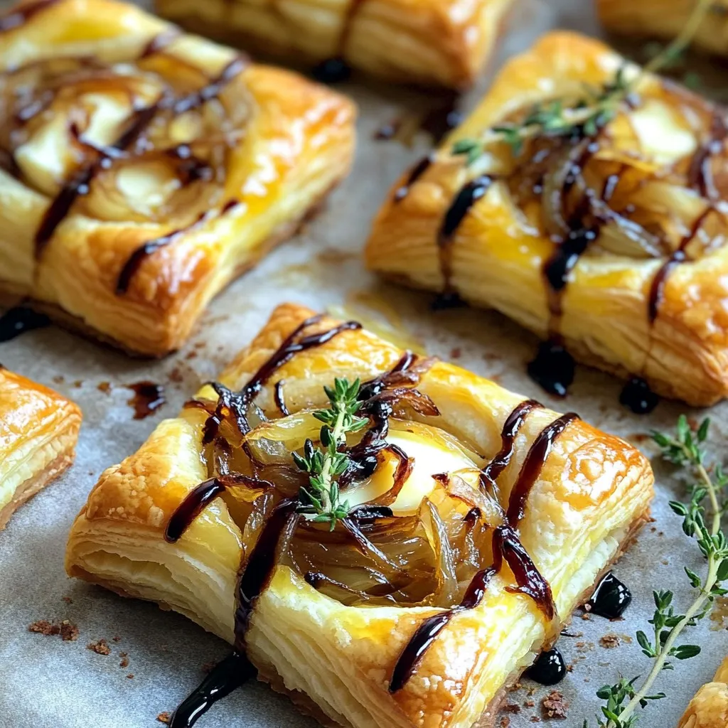 - 1 sheet of puff pastry, thawed - 2 large onions, thinly sliced - 1 tablespoon olive oil - 1 tablespoon unsalted butter - 1 teaspoon granulated sugar - 1 teaspoon fresh or dried thyme leaves - 8 oz brie cheese, cut into small cubes - Salt and freshly cracked pepper to taste - 1 egg, beaten (for egg wash) - Balsamic glaze for drizzling You can swap the brie cheese with goat cheese for a tangy taste. For a vegan option, use a plant-based puff pastry and cheese. Instead of thyme, you can try rosemary or oregano for a different flavor. If you do not have sugar, honey can work well to enhance the onions' sweetness. Start by preheating your oven to 400°F (200°C). This helps the pastry cook evenly and puff up nicely. While the oven heats, take a baking sheet and line it with parchment paper. This step keeps the tartlets from sticking. Next, grab a large skillet and add one tablespoon of olive oil and one tablespoon of unsalted butter. Heat this mixture over medium heat. Once the butter melts, toss in two large, thinly sliced onions. Stir them gently every few minutes. You want to cook them for about 15 to 20 minutes until they turn soft and see-through. After that, sprinkle one teaspoon of granulated sugar and one teaspoon of thyme leaves onto the onions. This adds sweetness and flavor. Keep cooking for another 10 to 15 minutes. Stir often until the onions turn a deep, golden brown. Don’t forget to add salt and pepper to taste. Once done, set the onions aside to cool a bit. Now, let’s get to the puff pastry. Roll out one sheet on a lightly floured surface. Make sure it’s even and not too thick. Use a sharp knife or pizza cutter to slice the pastry into squares, each about 3x3 inches. Place these squares on your prepared baking sheet. To form a tartlet base, score a smaller square inside each one, about half an inch from the edges. Be careful not to cut all the way through. This will create a border that rises nicely when baked. Next, add a small cube of brie cheese in the center of each scored area. Spoon the caramelized onions on top of the brie. Make sure to fill each tartlet well. For that perfect golden look, brush the exposed edges of the pastry with a beaten egg. This step is simple yet important. Finally, bake your tartlets in the preheated oven for 15 to 20 minutes. Look for a puffed, flaky, and golden finish. After baking, if you like, drizzle some balsamic glaze on top. It adds a nice touch and flavor! To caramelize onions well, start with good onions. Yellow onions work best. Slice them thinly for even cooking. Use a mix of olive oil and butter. This mix helps with flavor and browning. Cook on medium heat, stirring often. This process takes time, around 25 to 35 minutes. Be patient. Add granulated sugar after 15 minutes for sweetness. The sugar helps achieve that lovely golden color. Season with salt and pepper to taste. Once done, let them cool slightly before using. A great puff pastry is all about layers. When rolling out the pastry, keep it even and not too thick. Use a lightly floured surface to avoid sticking. After cutting the pastry into squares, score a smaller square inside each. This scoring creates a border that puffs up during baking. Brush the edges with egg wash for a golden finish. Keep your oven hot at 400°F (200°C) for the best puff. Baking the tartlets at 400°F (200°C) is key. This high heat puffs the pastry and cooks the filling well. Bake for 15 to 20 minutes. Keep an eye on them after 15 minutes. You want them golden brown and flaky. If you notice uneven browning, rotate the baking sheet halfway through. This tip ensures even baking. Let them cool briefly before serving for the best texture. {{image_4}} You can use other cheeses besides brie. Cream cheese is a great choice. It has a smooth texture and mild flavor. Goat cheese adds a tangy kick. It pairs well with sweet onions. Cheddar can bring a sharpness to your tartlets. Choose a cheese you love for a tasty twist. Herbs and spices can boost the flavor of your tartlets. Fresh rosemary adds a woodsy note. Basil gives a sweet and aromatic touch. You can also try smoked paprika for a hint of smokiness. Adding a pinch of red pepper flakes adds a bit of heat. Experiment with your favorites to make these tartlets your own. Get creative with toppings and drizzles. Sliced figs or pears add sweetness and texture. Chopped nuts like walnuts or pecans bring crunch. You can drizzle honey for a sweet finish. A splash of balsamic glaze enhances the flavors. Don’t be afraid to mix and match for fun combinations. To keep your leftover tartlets fresh, place them in an airtight container. You can store them in the fridge for up to three days. Make sure they cool completely before sealing the container. This will help maintain their texture and flavor. To reheat, preheat your oven to 350°F (175°C). Place the tartlets on a baking sheet. Heat for about 10-15 minutes, or until they are warm and the pastry is crispy again. Avoid using the microwave, as it can make the pastry soggy. You can freeze the tartlets if you want to save them for later. Place the cooled tartlets in a single layer on a baking sheet and freeze them for about an hour. Once frozen, transfer them to a freezer bag. They can last for up to two months. When ready to enjoy, bake them directly from the freezer at 400°F (200°C) for about 20-25 minutes. Yes, you can make these tartlets ahead of time. Prepare the caramelized onions and assemble the tartlets. Cover them and place them in the fridge for up to 24 hours. When ready to serve, bake them directly from the fridge. This keeps the pastry fresh and flaky. These tartlets pair well with a simple green salad or a fruit platter. Consider serving them with a light vinaigrette. A glass of chilled white wine also complements the flavors nicely. For an extra touch, you can add a cheese board alongside. Caramelized onions can last in the fridge for about 5 to 7 days. Store them in an airtight container. If you want to keep them longer, you can freeze them. They freeze well for up to three months. This blog post covered the key ingredients, steps, and tips for making delicious tartlets. You learned how to create the perfect base with caramelized onions and flaky pastry. Additionally, we explored variations and how to store leftovers for later enjoyment. In summary, these tartlets are flexible and fun. With simple swaps and tricks, you can make them your own. Enjoy experimenting with flavors and impressing your family and friends!