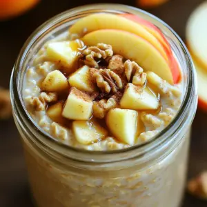 - 1 cup rolled oats - 1 cup unsweetened almond milk - 1 scoop vanilla protein powder Rolled oats are the base of this dish. They soak well and give a nice texture. I use unsweetened almond milk, but you can choose any milk you like. The vanilla protein powder adds a boost of flavor and nutrition. - 1 teaspoon ground cinnamon - 1 tablespoon maple syrup (optional) Ground cinnamon gives a warm, cozy taste. It pairs perfectly with apples. The maple syrup is optional but adds a nice sweetness. You can skip it if you want to keep it lighter. - Chopped walnuts or pecans - Extra apple slices for garnish I love adding chopped walnuts or pecans for a crunch. They also add healthy fats. Extra apple slices make a great garnish. They look pretty and taste great on top of your oats. 1. Start with a large bowl. Add 1 cup of rolled oats, 1 scoop of vanilla protein powder, 1 teaspoon of ground cinnamon, and 1 tablespoon of chia seeds. Mix these dry ingredients well. 2. Next, add 1 cup of unsweetened almond milk. If you want it sweeter, add 1 tablespoon of maple syrup. Sprinkle a pinch of salt in for flavor. Stir everything together until smooth. 1. Now, take 1 medium apple, core it, and cut it into small pieces. Gently fold the diced apple into the oat mixture. This adds texture and freshness. 2. Spoon the mixture into jars or containers. Make sure to divide it evenly. Seal them tightly to keep the goodness in. 1. Place the containers in the refrigerator. Let them soak overnight or for at least 4 hours. This allows the oats to soak up the milk. 2. For a creamier texture, stir the oats when you take them out. If they seem thick, add a splash of milk to reach your preferred consistency. These simple steps ensure you have a delicious breakfast waiting for you! Getting the right ingredient ratios is key. I always use 1 cup of oats and 1 cup of almond milk. This ratio gives the oats a great texture. If you want a sweeter taste, add 1 tablespoon of maple syrup. You can adjust sweetness to your liking. If you want it creamier, add more almond milk. Use any milk you like. Almond milk works well, but oat or soy milk is great too. If you want more protein, try adding Greek yogurt. You can also use more protein powder. This will keep you full longer and add flavor. These oats are perfect for breakfast. Pair them with yogurt or a smoothie for a balanced meal. You can make them ahead of time, too. Store them in jars for easy grab-and-go meals. This way, your mornings stay stress-free. {{image_4}} You can make your apple cinnamon protein overnight oats even better by adding more fruit. Try slicing up a banana and mixing it in. Bananas add natural sweetness and creaminess. You can also use berries like strawberries or blueberries. They bring bright flavor and color. If you like dried fruit, consider adding raisins or cranberries. They give a chewy texture and extra sweetness. You can mix dried fruits with fresh ones for a fun mix. Want to change the taste? You can use different spices, like nutmeg or ginger. They add warmth and depth. Just a pinch can make a big difference. Swapping protein powders is another way to switch things up. Try chocolate protein powder for a richer taste. You can even use plant-based protein if you prefer. To make your oats vegan, ensure you use plant-based milk. Almond milk works great, but feel free to try oat or soy milk. Check that your protein powder is vegan too. For gluten-free oats, choose certified gluten-free rolled oats. They ensure you avoid any gluten cross-contamination. This way, everyone can enjoy your delicious overnight oats! You can keep overnight oats in the fridge for up to five days. Store them in airtight containers to keep them fresh. After five days, check for any off smells or signs of spoilage. If they seem fine, they should still be good to eat. Yes, you can freeze overnight oats. It’s a great way to save time. When freezing, use freezer-safe containers. Leave some space at the top for expansion. You can freeze oats for up to three months. Just remember to label your containers with the date. To enjoy chilled oats, just stir them and add a splash of milk if needed. If you want to heat them, microwave on low for 30 seconds. Stir again and heat in short bursts until warm. Avoid overheating, as this can make them dry out. Enjoy your oats warm or cold, whichever you prefer! Rolled oats are the best choice for overnight oats. They soak up liquid well and give a great texture. Quick oats can turn mushy and lose their shape. If you want a chewy bite, stick with rolled oats. They maintain their form and flavor, making your dish more enjoyable. Yes, you can make overnight oats without protein powder. Here are some great alternatives: - Greek yogurt adds creaminess and protein. - Nut butter, like almond or peanut, boosts flavor and nutrition. - Chia seeds are a great source of protein and fiber. Experiment with these options to find what you enjoy most. To achieve creamier overnight oats, try these tips: - Use more liquid. Adding extra almond milk or yogurt helps. - Blend your oats before mixing. This creates a smoother texture. - Add mashed banana or avocado for creaminess. - If it’s too thick after soaking, stir in a bit of milk before serving. Following these suggestions will give you the perfect creamy consistency every time. Overnight oats are simple, tasty, and nutritious. We covered the main ingredients like rolled oats and almond milk, flavor enhancers, and optional toppings. I shared step-by-step instructions, tips for the perfect texture, and exciting variations. Don't shy away from customizations to fit your taste. Experiment with fruits, spices, and even protein sources. With easy storage tips, you can enjoy these oats fresh or frozen. Make them your own and enjoy a healthy breakfast that fuels your day.