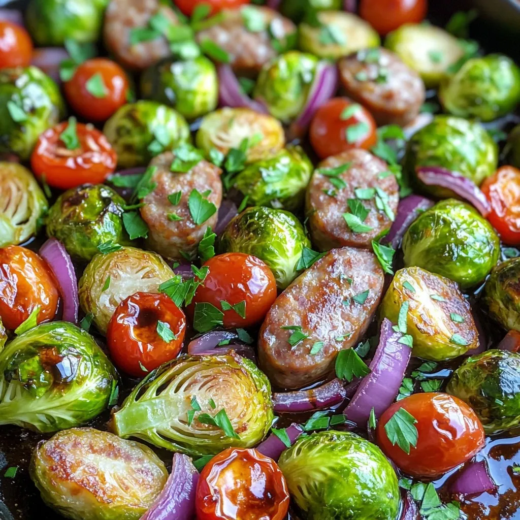 - 1 lb Brussels sprouts, halved - 1 lb smoked chicken sausage, sliced - 1 medium red onion, thinly sliced - 1 cup cherry tomatoes, halved - 3 tablespoons balsamic vinegar - 2 tablespoons extra virgin olive oil - 1 teaspoon garlic powder - 1 teaspoon dried oregano - Salt and freshly cracked black pepper - Fresh parsley, finely chopped Let’s talk about what you need for this dish. First, we have the main ingredients. Brussels sprouts are the star. They bring a nice crunch and a bit of bitterness that balances well with the sausage. You will also need smoked chicken sausage. This adds a savory flavor and makes the dish heartier. Then, we have red onion, which gives a sweet kick, and cherry tomatoes for a juicy burst. Next, let’s look at the seasoning. Balsamic vinegar is key. It adds a sweet and tangy flavor that really brings everything together. The extra virgin olive oil helps everything cook nicely and adds richness. Garlic powder and oregano give it that classic taste we all love. Finally, don’t forget salt and black pepper to enhance all the flavors. For the garnish, fresh parsley adds a pop of color and freshness. It makes the dish look vibrant and inviting. Use these ingredients to create a meal that is not just tasty but also visually appealing. Enjoy the process of preparing this delightful dish! Set your oven to 400°F (200°C). This high heat helps the Brussels sprouts caramelize nicely. In a large bowl, combine: - 1 lb Brussels sprouts, halved - 1 lb smoked chicken sausage, sliced into ¼-inch rounds - 1 medium red onion, thinly sliced - 1 cup cherry tomatoes, halved Mix these ingredients well. This step ensures even cooking and great flavor. Drizzle the mixture with: - 2 tablespoons extra virgin olive oil - 3 tablespoons balsamic vinegar Next, sprinkle: - 1 teaspoon garlic powder - 1 teaspoon dried oregano - Salt and freshly cracked black pepper, to taste Use your hands or a spatula to toss everything. This coats the veggies and sausage in flavor. Spread the mixture on a large baking sheet. Make sure to keep it in a single layer. This helps everything roast evenly. Place the baking sheet in the oven and roast for 25-30 minutes. Stir the mixture halfway through for even browning. Once roasted, take the baking sheet out and let it cool for 5 minutes. Just before serving, sprinkle some finely chopped parsley over the top. This adds color and freshness to your dish. To get the best caramelization, spread your food in a single layer on the baking sheet. This helps the Brussels sprouts roast evenly. If they are too close together, they will steam instead. You want them to brown nicely for great flavor and texture. For a touch of extra flavor, consider drizzling balsamic glaze over the dish just before serving. This adds a sweet finish that contrasts well with the savory sausage and Brussels sprouts. It also makes the dish look more appealing. You can serve the meal right from the sheet pan for a rustic vibe. This makes it easy for guests to help themselves. If you prefer a fancier look, transfer the meal to a large platter. Either way, the dish will impress your family and friends. {{image_4}} You can easily swap in different sausages. If you prefer turkey, use turkey sausage. It gives a lighter flavor but still works well. Pork sausage adds a rich taste that pairs nicely with Brussels sprouts. Just pick what you like best. Feel free to mix in other veggies. Bell peppers add sweetness and color. Sweet potatoes bring a nice creaminess when roasted. You can also add zucchini for a fresh crunch. Each of these veggies can change the dish's flavor and texture, so have fun with it! You can make this dish gluten-free by checking the sausage label. Some brands have gluten-free options. For a vegetarian version, try using plant-based sausage. You can also skip the sausage and add more vegetables. This way, everyone can enjoy this tasty meal! After you enjoy the dish, cool any leftovers. Place them in an airtight container. This will keep the flavors fresh. Store the container in the fridge. Leftovers can last for up to three days. To keep the Brussels sprouts crisp, avoid stacking them too high. To reheat, you have two easy options. You can use a microwave or an oven. For the microwave, place a portion on a safe dish. Heat it on high for about one to two minutes. Check and stir halfway for even warming. For the oven, preheat to 350°F (175°C). Spread the leftovers on a baking sheet. Heat for about 10-15 minutes or until warm. If you want to save some for later, freezing works well. First, let the dish cool completely. Then, place it in a freezer-safe container. You can also use freezer bags, removing excess air. It will keep well for up to three months. To thaw, place it in the fridge overnight. Reheat as usual before enjoying. You can use both fresh and frozen Brussels sprouts. Fresh ones taste best. They will roast nicely and get a crisp texture. If you use frozen sprouts, thaw them first. This helps avoid extra moisture. Pat them dry with a towel. This way, they will brown well. Leftovers of this dish can last about 3 to 4 days in the fridge. Store them in an airtight container. Make sure they cool down before sealing. This keeps them fresh and tasty for your next meal. Yes, you can prep this dish ahead of time. Chop the Brussels sprouts and sausage. Mix them with the seasonings and store in the fridge. You can do this up to 24 hours in advance. Just remember to roast them right before serving. Look for a deep golden color and a tender bite. They should be soft but not mushy. Stir them halfway through roasting to ensure even cooking. If they look caramelized, they are done and ready to eat! This dish combines Brussels sprouts, smoked chicken sausage, and tomatoes for a tasty meal. We covered all the steps, from prepping to roasting, to lock in flavor. Remember, using a single layer helps those veggies get nice and brown. Feel free to swap in your favorite sausage or veggies to suit your taste. Leftovers are easy to store or freeze for later. Enjoy making this dish and sharing it with others for a healthy dinner!