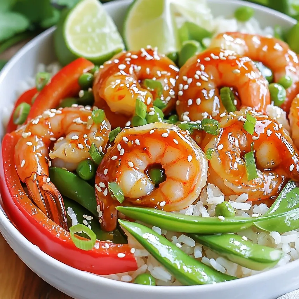 - 1 pound large shrimp, peeled and deveined - 1 cup jasmine rice - 1 tablespoon olive oil - 3 tablespoons honey - 2 tablespoons Sriracha sauce - 2 tablespoons soy sauce - 1 teaspoon garlic powder - 1 teaspoon ground ginger - Salt and black pepper - 1 red bell pepper, thinly sliced - 1 cup snap peas, ends trimmed - 2 green onions, finely sliced - Sesame seeds for garnish The first step is gathering all your ingredients. You need large shrimp for a tasty base. Jasmine rice offers a lovely, fluffy texture. The olive oil helps cook the shrimp perfectly. Next, focus on the marinade. Honey brings sweetness, while Sriracha adds heat. Soy sauce gives a savory depth. Garlic powder and ground ginger enhance the flavor. Don't forget salt and black pepper to taste! For veggies, a red bell pepper adds color and crunch. Snap peas are crisp and fresh. Green onions add a mild onion flavor. Lastly, sesame seeds give a nice touch when garnished. This mix creates a balanced dish with vibrant flavors. Each ingredient plays a role in making this meal delightful. - Rinse rice under cold water. This helps remove any extra starch. - Combine rice with 1 ½ cups of water in a medium pot. Bring to a boil. - Reduce heat to low, cover, and simmer for about 15 minutes. The rice should be fluffy and the water absorbed. - Remove from heat and let it sit, covered, for a few minutes. - In a large mixing bowl, whisk together the honey, Sriracha sauce, soy sauce, garlic powder, ground ginger, and a pinch of salt and black pepper. - This mix creates a sweet and spicy flavor that coats the shrimp perfectly. - Add the peeled and deveined shrimp to the marinade. Toss gently to coat each shrimp well. - Let the shrimp marinate for about 15 minutes. This allows the flavors to seep in. - Heat olive oil in a large non-stick skillet over medium-high heat. - Once the oil is shimmering, add the marinated shrimp in a single layer. - Cook for 2-3 minutes on each side, until they turn pink and opaque. - In the same skillet, add the sliced red bell pepper and snap peas. - Stir frequently and sauté for about 3-4 minutes. You want them tender yet still crisp. - Return the cooked shrimp to the skillet with the sautéed vegetables. - Gently stir to combine and cook for an additional minute. This ensures everything is heated through. - To serve, divide the fluffy jasmine rice among four bowls. - Top each bowl with the honey Sriracha shrimp and vegetable mix. - Garnish with sliced green onions and a sprinkle of sesame seeds for a nice touch. To get the best flavor, adjust the Sriracha to your taste. If you love heat, add more Sriracha. If you prefer mild, use less. This balance makes the shrimp perfect for your palate. Remember, the honey will help tone down the spice, so play around with it. Shrimp cook quickly, so avoid overcooking them. Cook them just until they turn pink and opaque. Usually, this takes about 2-3 minutes per side. If you overcook them, they get rubbery, and no one likes that. Keep a close eye on them while they sizzle. Make your rice bowls look great by garnishing with lime wedges. Place them on the side for a fresh burst of flavor. For an aesthetic look, arrange the shrimp and veggies on top of the rice. Use different colors to create a vibrant dish. This makes your meal not only tasty but also beautiful. {{image_4}} You can easily switch the shrimp for other proteins. Chicken works well in this dish. Simply cut the chicken into bite-sized pieces. Marinate it just like the shrimp. Tofu is another great choice. Use firm tofu and press it to remove extra water. Cut it into cubes and marinate. Both options provide tasty flavors. If you want to lower carbs, consider using brown rice or cauliflower rice. Brown rice offers more fiber and nutrients. It adds a nutty flavor that pairs well with the dish. Cauliflower rice is a great low-calorie choice. It absorbs flavors well and keeps the meal light. Adding more veggies boosts the nutrition of your rice bowl. Broccoli is a great option. Steam or sauté it until tender. Carrots bring a nice crunch and sweetness. Slice them thin for quick cooking. Zucchini adds a fresh taste and cooks fast. Mix and match these veggies for a colorful bowl. After enjoying your Honey Sriracha Shrimp Rice Bowls, store any leftovers in an airtight container. This keeps the shrimp and rice fresh for up to three days. Make sure the container seals tightly. This prevents moisture loss and keeps flavors intact. If you want to save the dish for later, you can freeze the shrimp and rice. For best results, freeze each component separately. Place the shrimp in a freezer-safe bag, pressing out the air. Store the rice in another bag or container. This way, you can enjoy them later without losing texture. When you're ready to eat your frozen or refrigerated leftovers, reheat them carefully. For the shrimp, use a skillet over medium heat. Stir until hot, about 5 minutes. For the rice, add a splash of water and cover it in a pot on low heat. This method helps the rice stay fluffy and moist. Avoid the microwave if you can; it can dry out your food. Serve these bowls with simple sides. Here are some tasty ideas: - Steamed broccoli - Crisp cucumber salad - Fresh mango slices - Garlic bread - Edamame These sides add great colors and textures. They also balance the sweet and spicy shrimp. Yes, you can prep this dish ahead of time. Here’s how to do it: - Cook the rice and store it in the fridge. - Marinate the shrimp early and keep it in the fridge. - Chop vegetables and store them in an airtight container. When you're ready, just cook the shrimp and veggies. This makes busy nights easier! To balance the sweetness, try these tips: - Use less honey if you want less sweetness. - Add more Sriracha for extra heat. - Mix in lime juice to add tartness. Taste as you go to find the right mix for you! This blog post guides you through making tasty Honey Sriracha Shrimp Rice Bowls. You learned about the ingredients, step-by-step cooking instructions, and helpful tips. Mixing shrimp, rice, and veggies creates a healthy meal. Remember, you can switch the protein or rice for your taste. Storing leftovers is simple, and reheating keeps them fresh. Enjoy your cooking adventure!