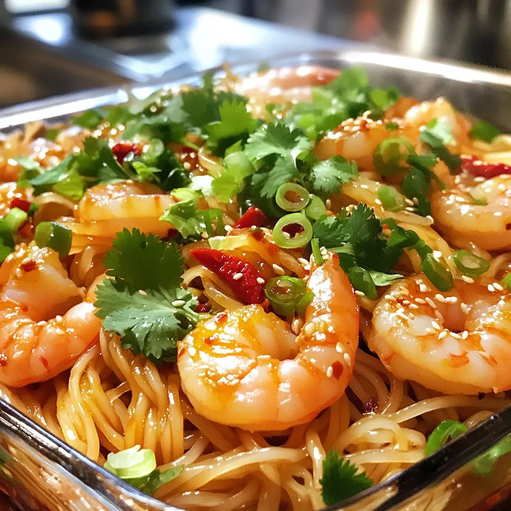 - 200g rice noodles - 250g fresh shrimp, peeled and deveined - 4 cloves garlic, finely minced - 1 red chili, finely chopped - 2 tablespoons soy sauce - 1 tablespoon sesame oil - 1 tablespoon vegetable oil - 2 green onions, sliced - Fresh cilantro for garnish - Salt and black pepper For this Minute Spicy Garlic Shrimp Noodles dish, gather these fresh ingredients. Rice noodles form the base of the meal. Shrimp adds a delightful protein that cooks quickly. Garlic and chili give the dish its spicy kick. Soy sauce and sesame oil provide depth of flavor. Green onions and cilantro add freshness and color. Don't forget to season with salt and black pepper to enhance the taste. Each ingredient plays a key role. When combined, they create a quick and tasty meal perfect for busy days. Enjoy the balance of flavors and textures that make this dish so satisfying. First, cook the rice noodles. Follow the package directions. Make sure they are al dente. This means they should be firm but not hard. When they are done, drain them carefully. Set them aside in a bowl. Next, heat vegetable oil in a large skillet over medium-high heat. Wait until the oil shimmers. Now, add the minced garlic. Then, add the finely chopped red chili. Sauté these for about one minute. You want the garlic to smell nice and get a light golden color. Be careful not to burn it. Now, it’s time to cook the shrimp. Add the shrimp to the pan. Season them with salt and black pepper. Sauté for 2 to 3 minutes. Stir occasionally until the shrimp turn pink and opaque. This shows they are fully cooked. Once the shrimp are ready, add the rice noodles to the skillet. Drizzle soy sauce and sesame oil over the mixture. Toss everything gently together. Stir-fry for another 2 minutes. This lets the noodles soak up the flavors well. Finally, add the sliced green onions to the pan. Mix them well into the noodles. Remove the skillet from the heat right away. This will keep the green onions fresh and crisp. To get the best texture, cook the rice noodles until they are al dente. This means they should be firm but not hard. Follow the package directions closely, and don’t overcook. After cooking, drain them well. Rinse under cold water to stop cooking. This step keeps the noodles from sticking together. If you want more heat, add extra chili or use a chili sauce. For less spice, reduce the amount of red chili. Always taste as you go. You can also add a pinch of sugar to balance the heat. This trick can help if the dish feels too spicy for your liking. To take the dish up a notch, consider adding more seasonings. A splash of lime juice brightens the flavors. You can also try a dash of fish sauce for depth. Fresh herbs like basil or mint can add freshness. If you love umami, add a sprinkle of chopped mushrooms or a few drops of soy sauce. Each of these options can bring a new twist to your shrimp noodles. {{image_4}} You can add colorful veggies to your Minute Spicy Garlic Shrimp Noodles. Some great options include: - Bell peppers - Snap peas - Broccoli - Carrots - Spinach These veggies make the dish more vibrant and nutritious. Just cook them with the garlic and chili before adding the shrimp. If you want to change the protein, use chicken or tofu. Both options work well with the flavors in the dish. For chicken, slice it thin and cook it the same way as shrimp. For tofu, use firm tofu. Sauté it until golden for a nice texture. You can also try other seafood like scallops or fish. To make this dish gluten-free, swap the soy sauce for tamari or coconut aminos. Both options give you a similar taste without gluten. Check your rice noodles too; many are gluten-free, but it’s good to read the label. Enjoy a delicious meal that fits your diet! Store any leftover Minute Spicy Garlic Shrimp Noodles in an airtight container. Let the dish cool first. This helps keep flavors fresh. It’s best to eat leftovers within two days. If you wait too long, the shrimp may lose quality. To reheat, the best method is using a skillet. Add a splash of water or soy sauce. Heat over medium until warm. Stir often to avoid sticking. This method keeps the noodles soft and tasty. You can also use the microwave. Just cover with a damp paper towel. Heat for 1-2 minutes, checking every 30 seconds. If you want to freeze the dish, cool it completely first. Place it in a freezer-safe container. Try to remove as much air as possible. It can last up to three months in the freezer. To enjoy, thaw it overnight in the fridge. Reheat it as mentioned earlier for the best taste. It takes just 15 minutes to make this dish. The prep time is about 10 minutes, and the cooking time is quick. You can cook the rice noodles while sautéing the shrimp. Everything comes together fast, making it a perfect meal for busy days. Yes, you can use frozen shrimp! Just thaw them first. To thaw, place them in cold water for about 15 minutes. Pat them dry before cooking. This way, they will sear nicely and absorb the flavors. You can use other noodles like spaghetti or udon. If using spaghetti, cook it for 8-10 minutes. For udon, follow the package instructions, usually around 5-7 minutes. Just adjust the cooking time to make sure they are al dente. This recipe for Minute Spicy Garlic Shrimp Noodles is simple and tasty. You learned about the key ingredients, step-by-step cooking, and useful tips. Feel free to mix in veggies or try different proteins to suit your taste. Store any leftovers right, so you can enjoy them later. Remember, cooking is fun and a chance to explore different flavors. Try this dish and make it your own! Happy cooking!