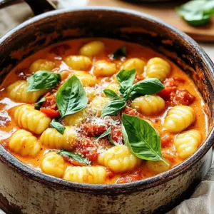- 1 package (16 oz) gnocchi - 2 tablespoons olive oil - 1 small onion, diced - 3 cloves garlic, minced - 1 can (14 oz) crushed tomatoes - 1 cup vegetable broth - 1 cup heavy cream (or coconut cream) - 1 teaspoon dried oregano - 1 teaspoon red pepper flakes (optional) - Salt and pepper to taste - 1 cup fresh basil leaves, roughly chopped - Grated Parmesan cheese (optional) - Alternative herbs and spices - Vegetables to add for extra nutrition - Cheese toppings and variations For this creamy tomato basil gnocchi, I love using fresh ingredients. The gnocchi really shines in this rich sauce. The crushed tomatoes add a deep flavor. I use vegetable broth for a savory base. The heavy cream gives the dish its creaminess. You can swap it with coconut cream for a dairy-free option. Fresh basil brings a bright, herbal taste. Grated Parmesan on top adds a salty kick. Feel free to make it your own! You can add veggies like spinach or mushrooms for more nutrients. You might use different herbs like thyme or parsley for a twist. - Sauté onion and garlic Heat 2 tablespoons of olive oil in a large pot over medium heat. Add 1 small diced onion. Cook for 3 to 4 minutes. The onion should be soft and clear. Next, add 3 minced garlic cloves. Stir and cook for 1 minute more. Make sure the garlic does not brown. - Combine sauce ingredients Pour in 1 can of crushed tomatoes and 1 cup of vegetable broth. Then, add 1 cup of heavy cream or coconut cream if you want it dairy-free. Mix everything well. The sauce should look rich and creamy. - Simmering and adding gnocchi Raise the heat until the sauce starts to simmer. Add 1 package of gnocchi to the pot. Sprinkle in 1 teaspoon of dried oregano and optional red pepper flakes for spice. Stir to coat the gnocchi in sauce. - Cooking time and stirring recommendations Cover the pot with a lid and let it cook for 5 to 7 minutes. Stir the mixture every couple of minutes to stop it from sticking. The gnocchi should be soft and soak up the flavors. - Incorporating fresh basil Take the pot off the heat and fold in 1 cup of roughly chopped fresh basil leaves. This adds a bright flavor to the dish. - Seasoning and serving tips Season your gnocchi with salt and pepper to taste. Let the dish sit for a few minutes so it thickens. Serve warm and top with grated Parmesan cheese if you like. You can also add a sprig of fresh basil on top for a nice look. - To prevent sticking, stir the gnocchi often while cooking. - Use enough sauce to cover the gnocchi. This helps them cook evenly. - You can adjust creaminess by adding more or less heavy cream. - For heat, sprinkle in red pepper flakes to taste. Start small and add more if you like. - Serve the gnocchi warm in shallow bowls for a nice look. - Garnish with fresh basil and a sprinkle of grated Parmesan cheese for extra flair. {{image_4}} You can easily adapt this dish to meet your needs. For those avoiding dairy, use coconut cream instead of heavy cream. This will give your dish a rich and creamy texture without the dairy. You can also try gluten-free gnocchi. Many brands offer options made from potatoes or rice. These alternatives taste great and keep the dish satisfying. Want to switch up the taste? Try adding different herbs to enhance the flavor. Fresh thyme, parsley, or rosemary can bring a fresh twist. You can also add protein to make it heartier. Cooking chicken or shrimp in the pot gives you a full meal in one dish. Just add them at the same time you put in the gnocchi. Incorporating seasonal vegetables can also change the dish. For spring, add peas or asparagus for a pop of color. In fall or winter, consider adding spinach or butternut squash. These veggies not only taste great but also boost the nutrition. They make the meal feel cozy and warm, perfect for colder months. To store your creamy tomato basil gnocchi, let it cool first. Then, transfer it to an airtight container. This helps keep the flavors fresh. You can store it in the fridge for up to three days. After that, the flavor and texture may decline. If you want to freeze the gnocchi, follow these steps. Cool the dish completely, then spoon it into freezer-safe bags. Flatten the bags for easy stacking. You can freeze it for up to three months. When ready to enjoy, thaw it overnight in the fridge. Reheat your gnocchi carefully to keep its taste and texture. For the microwave, use a safe bowl and cover it. Heat in short bursts, stirring in between. For stovetop, warm it in a pan over low heat. Add a splash of broth or cream to restore creaminess. Yes, you can use homemade gnocchi. Homemade gnocchi often has a softer texture. They also absorb sauce flavors better than store-bought ones. If you make them, cook them just like the store-bought kind. The taste will be fresher and more unique. To make this dish vegetarian, use vegetable broth instead of chicken broth. You can also add more veggies. Try spinach, mushrooms, or zucchini for extra flavor and nutrition. These options will keep it hearty and delicious. If your sauce is too thick, add a splash of vegetable broth or water. Stir it well to mix it in. You can also add more heavy cream for a creamier texture. This will make it rich and smooth again. The total time for this dish is about 20 minutes. You spend around 10 minutes on prep and 10 minutes cooking. It’s quick and easy, perfect for a busy weeknight meal. This creamy tomato basil gnocchi recipe is simple and delicious. You only need a few key ingredients, like gnocchi, olive oil, and crushed tomatoes. Customize it with herbs, veggies, or cheese to fit your taste. Follow the step-by-step guide for perfect cooking and presentation. In my experience, this dish is satisfying and easy to make. Enjoy it fresh or store it for later. With these tips, I hope you feel excited to try this recipe. It’s a meal that anyone can make and love!