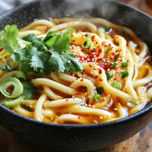 For the Spicy Honey Garlic Udon, you will need: - 200g udon noodles - 2 tablespoons honey - 2 tablespoons soy sauce - 1 tablespoon sesame oil - 3 cloves garlic, minced - 1 tablespoon fresh ginger, grated - 1 red chili, finely chopped - 2 green onions, sliced diagonally - Salt and pepper to taste To make your dish pop, consider these garnishes: - 1 tablespoon sesame seeds - Fresh cilantro leaves If you run out of any items, here are some swaps: - Use rice noodles if you lack udon. - Maple syrup can replace honey. - Olive oil works if you don't have sesame oil. - For a milder dish, skip the red chili or use bell pepper. Using these ingredients, you can create a delicious meal in just 15 minutes! Start by boiling water in a large pot. Once it bubbles, add 200g of udon noodles. Cook them for about 3 to 5 minutes until they are firm but tender. After cooking, drain the noodles well and set them aside. This step is key to getting the perfect texture. In a small bowl, mix 2 tablespoons of honey, 2 tablespoons of soy sauce, and 1 tablespoon of sesame oil. Whisk these together until smooth. This sauce gives the dish its sweet and savory flavor. Set it aside for later. Grab a large skillet or wok. Heat 1 tablespoon of oil over medium heat. Add 3 cloves of minced garlic, 1 tablespoon of grated ginger, and 1 finely chopped red chili. Stir these for 1-2 minutes. You want the garlic to turn golden and fragrant. This mix adds depth to your dish. Now, add the cooked udon noodles to the skillet. Pour the honey garlic sauce over the noodles. Use tongs or a spatula to toss everything together. Stir-fry for 2-3 minutes. This helps the noodles soak up all that delicious sauce. Take the skillet off the heat. Fold in 2 sliced green onions. Season with salt and pepper to taste. Toss again to make sure everything is mixed well. Serve the spicy honey garlic udon in bowls. Top with sesame seeds and fresh cilantro for a pop of color and flavor. Enjoy this quick and tasty meal! To cook udon noodles, start with boiling water. Use a big pot so they have room. Follow the package instructions, usually 3-5 minutes. You want them al dente, or slightly firm. Drain them well and set aside. This keeps them from getting mushy. Adjust the spice to fit your taste. Use one red chili for mild heat. Want it spicier? Add more chili or a pinch of red pepper flakes. If you like it less spicy, skip the seeds in the chili. Taste your dish as you go. This way, you control the heat. For the sauce to stick, coat the noodles while they are hot. Mix the honey, soy sauce, and sesame oil well. Pour it over the noodles right after cooking. Toss them quickly to coat each strand. If needed, add a splash of water to help. This makes sure every bite is delicious. {{image_4}} You can make this dish vegetarian easily. Use plant-based noodles instead of udon. You can also add more veggies. Try bell peppers, broccoli, or snow peas. These add color and crunch. You can sauté them with the garlic and ginger. This makes the dish more filling and tasty. For extra protein, add tofu or tempeh. Both options work great in this recipe. For tofu, press it to remove water and then cube it. Sauté it until golden before adding the sauce. If you prefer chicken or shrimp, cook them first, then combine with the udon. They soak up the sauce flavor well. Feel free to change the sauce for fun flavors. You can use hoisin sauce for a sweeter taste. Teriyaki sauce adds a nice glaze, too. If you like it spicy, add sriracha or chili paste. Mix different sauces for your unique version. Experiment with what you have on hand! After cooking, let the spicy honey garlic udon cool down. Place it in an airtight container. This way, it stays fresh. It can last in the fridge for up to three days. Make sure to cover it well to avoid drying out. When you’re ready to enjoy leftovers, heat them gently. You can use a microwave or a skillet. If using a microwave, cover the bowl to keep moisture in. Heat for about one to two minutes. Stir halfway for even warming. If using a skillet, add a splash of water or oil to prevent sticking. Heat on medium-low for about five minutes, stirring often. You can freeze the spicy honey garlic udon too. Place it in a freezer-safe container. Make sure to leave some space for expansion. It can stay frozen for up to three months. When you want to eat it, thaw it in the fridge overnight. Then, reheat as mentioned before. This keeps the flavor and texture nice. Yes, you can use other noodles. Soba or rice noodles work well. Just cook them as per their package instructions. Each type gives a unique taste and texture. The spice level depends on the chili you use. One red chili gives a mild heat. If you want it spicier, add more chili or use a hotter pepper. Adjust to your taste for a perfect kick. Spicy honey garlic udon pairs great with protein. Grilled chicken, shrimp, or tofu enhances the meal. A simple side salad or steamed veggies also makes a nice addition. Store leftovers in an airtight container. They stay fresh for up to three days in the fridge. Reheat in a pan over medium heat. Add a splash of water to keep them moist. Yes, you can prepare the sauce ahead. Store it in the fridge for up to a week. When ready, cook the noodles and toss them with the sauce for a quick meal. You learned how to make a tasty udon dish with easy steps. This guide covered key ingredients, cooking instructions, and helpful tips. I discussed variations for different tastes and how to store leftovers. You can now create a meal that suits your style. Enjoy making your own spicy honey garlic udon. It’s simple and fun! Trust me, you’ll impress your friends and family with this dish.