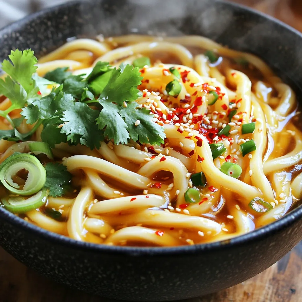 For the Spicy Honey Garlic Udon, you will need: - 200g udon noodles - 2 tablespoons honey - 2 tablespoons soy sauce - 1 tablespoon sesame oil - 3 cloves garlic, minced - 1 tablespoon fresh ginger, grated - 1 red chili, finely chopped - 2 green onions, sliced diagonally - Salt and pepper to taste To make your dish pop, consider these garnishes: - 1 tablespoon sesame seeds - Fresh cilantro leaves If you run out of any items, here are some swaps: - Use rice noodles if you lack udon. - Maple syrup can replace honey. - Olive oil works if you don't have sesame oil. - For a milder dish, skip the red chili or use bell pepper. Using these ingredients, you can create a delicious meal in just 15 minutes! Start by boiling water in a large pot. Once it bubbles, add 200g of udon noodles. Cook them for about 3 to 5 minutes until they are firm but tender. After cooking, drain the noodles well and set them aside. This step is key to getting the perfect texture. In a small bowl, mix 2 tablespoons of honey, 2 tablespoons of soy sauce, and 1 tablespoon of sesame oil. Whisk these together until smooth. This sauce gives the dish its sweet and savory flavor. Set it aside for later. Grab a large skillet or wok. Heat 1 tablespoon of oil over medium heat. Add 3 cloves of minced garlic, 1 tablespoon of grated ginger, and 1 finely chopped red chili. Stir these for 1-2 minutes. You want the garlic to turn golden and fragrant. This mix adds depth to your dish. Now, add the cooked udon noodles to the skillet. Pour the honey garlic sauce over the noodles. Use tongs or a spatula to toss everything together. Stir-fry for 2-3 minutes. This helps the noodles soak up all that delicious sauce. Take the skillet off the heat. Fold in 2 sliced green onions. Season with salt and pepper to taste. Toss again to make sure everything is mixed well. Serve the spicy honey garlic udon in bowls. Top with sesame seeds and fresh cilantro for a pop of color and flavor. Enjoy this quick and tasty meal! To cook udon noodles, start with boiling water. Use a big pot so they have room. Follow the package instructions, usually 3-5 minutes. You want them al dente, or slightly firm. Drain them well and set aside. This keeps them from getting mushy. Adjust the spice to fit your taste. Use one red chili for mild heat. Want it spicier? Add more chili or a pinch of red pepper flakes. If you like it less spicy, skip the seeds in the chili. Taste your dish as you go. This way, you control the heat. For the sauce to stick, coat the noodles while they are hot. Mix the honey, soy sauce, and sesame oil well. Pour it over the noodles right after cooking. Toss them quickly to coat each strand. If needed, add a splash of water to help. This makes sure every bite is delicious. {{image_4}} You can make this dish vegetarian easily. Use plant-based noodles instead of udon. You can also add more veggies. Try bell peppers, broccoli, or snow peas. These add color and crunch. You can sauté them with the garlic and ginger. This makes the dish more filling and tasty. For extra protein, add tofu or tempeh. Both options work great in this recipe. For tofu, press it to remove water and then cube it. Sauté it until golden before adding the sauce. If you prefer chicken or shrimp, cook them first, then combine with the udon. They soak up the sauce flavor well. Feel free to change the sauce for fun flavors. You can use hoisin sauce for a sweeter taste. Teriyaki sauce adds a nice glaze, too. If you like it spicy, add sriracha or chili paste. Mix different sauces for your unique version. Experiment with what you have on hand! After cooking, let the spicy honey garlic udon cool down. Place it in an airtight container. This way, it stays fresh. It can last in the fridge for up to three days. Make sure to cover it well to avoid drying out. When you’re ready to enjoy leftovers, heat them gently. You can use a microwave or a skillet. If using a microwave, cover the bowl to keep moisture in. Heat for about one to two minutes. Stir halfway for even warming. If using a skillet, add a splash of water or oil to prevent sticking. Heat on medium-low for about five minutes, stirring often. You can freeze the spicy honey garlic udon too. Place it in a freezer-safe container. Make sure to leave some space for expansion. It can stay frozen for up to three months. When you want to eat it, thaw it in the fridge overnight. Then, reheat as mentioned before. This keeps the flavor and texture nice. Yes, you can use other noodles. Soba or rice noodles work well. Just cook them as per their package instructions. Each type gives a unique taste and texture. The spice level depends on the chili you use. One red chili gives a mild heat. If you want it spicier, add more chili or use a hotter pepper. Adjust to your taste for a perfect kick. Spicy honey garlic udon pairs great with protein. Grilled chicken, shrimp, or tofu enhances the meal. A simple side salad or steamed veggies also makes a nice addition. Store leftovers in an airtight container. They stay fresh for up to three days in the fridge. Reheat in a pan over medium heat. Add a splash of water to keep them moist. Yes, you can prepare the sauce ahead. Store it in the fridge for up to a week. When ready, cook the noodles and toss them with the sauce for a quick meal. You learned how to make a tasty udon dish with easy steps. This guide covered key ingredients, cooking instructions, and helpful tips. I discussed variations for different tastes and how to store leftovers. You can now create a meal that suits your style. Enjoy making your own spicy honey garlic udon. It’s simple and fun! Trust me, you’ll impress your friends and family with this dish.