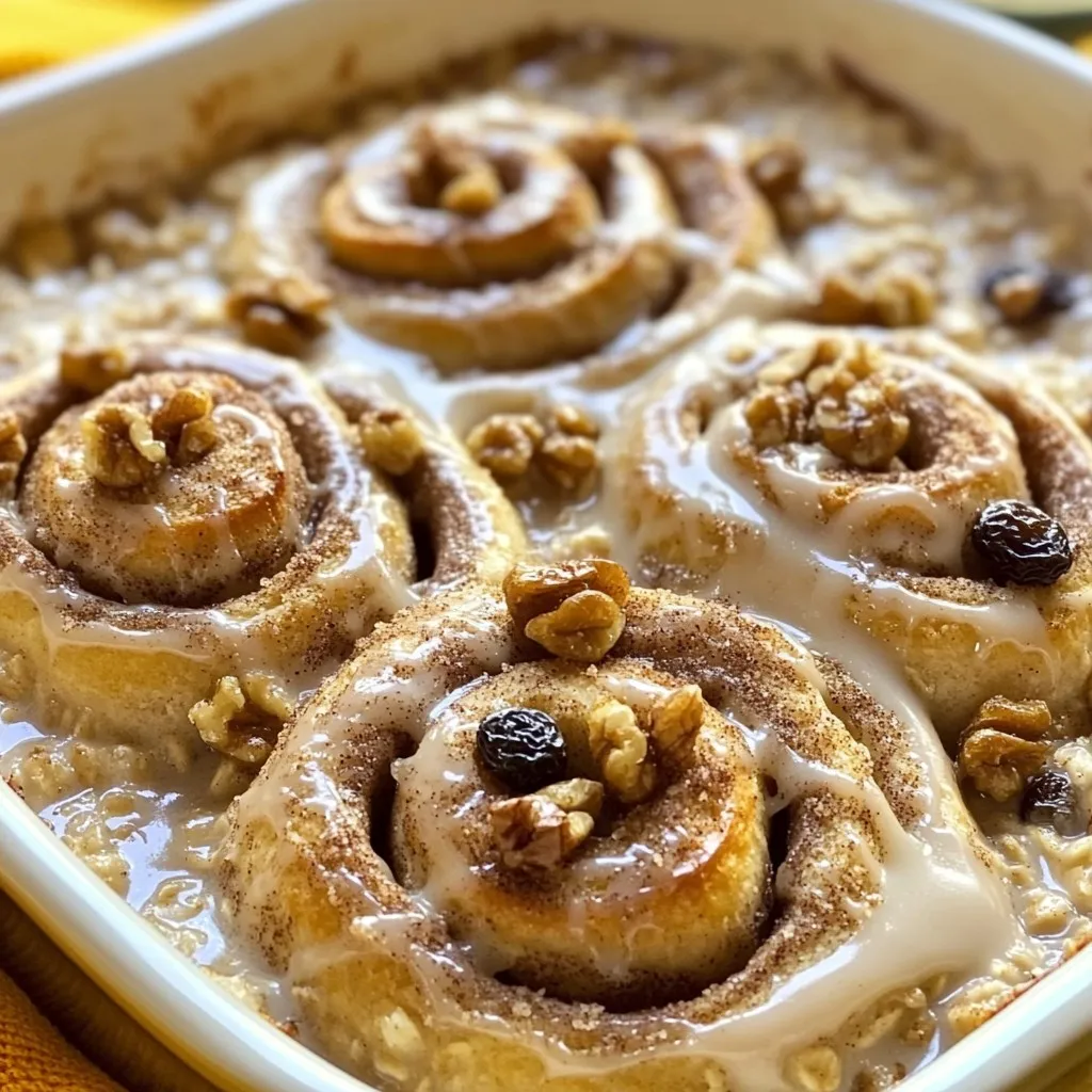 - 2 cups rolled oats - 2 cups almond milk (or milk of your choice) - 1 tablespoon maple syrup - 1 teaspoon pure vanilla extract - 1 teaspoon baking powder - 1 teaspoon ground cinnamon - 1/2 teaspoon ground nutmeg - 1/4 teaspoon salt - 1/2 cup chopped walnuts or pecans - 1/4 cup raisins or sultanas (optional) - 1 tablespoon brown sugar (for topping) - 2 tablespoons cream cheese (or a dairy-free alternative) - 1 tablespoon milk (for glaze) - Mixing bowls - Baking dish (8x8 inch) - Spatula - Small bowl for glaze - Each serving has about 200 calories. - Contains healthy carbs, protein, and fats. - Oats provide fiber and help with digestion. - Nuts add good fats and protein. - Cinnamon may help control blood sugar. 1. First, preheat your oven to 350°F (175°C). This step is key for even baking. 2. Next, grease an 8x8 inch baking dish with cooking spray. You can also line it with parchment paper for easier clean-up. 1. In a large mixing bowl, combine the dry and wet ingredients. Add the rolled oats, almond milk, maple syrup, vanilla extract, baking powder, ground cinnamon, nutmeg, and salt. Mix well until the oats are moistened. 2. After mixing, gently fold in the chopped walnuts or pecans. If you like, add raisins for a touch of sweetness. 1. Now, transfer the oat mixture into the greased baking dish. Use a spatula to spread it evenly. 2. Sprinkle brown sugar on top for a crispy finish. 3. Place the baking dish in the oven and bake for 25-30 minutes. Your baked oats are ready when they are golden brown on top! To get that crispy top, sprinkle brown sugar right before baking. This layer caramelizes and gives a sweet crunch. Make sure to spread your oat mix evenly in the dish. This helps the oats bake evenly and prevents any gooey spots. You can spice things up! Try adding nutmeg or cardamom for a unique twist. If you don’t like raisins, use chopped apples or dried cranberries. They add sweetness and a nice chew. For a great presentation, serve your baked oats in bowls. Top them with more chopped nuts and a dash of cinnamon. A dollop of yogurt adds creaminess and balances the sweet flavors. You can also drizzle extra cream cheese glaze for a rich finish. {{image_4}} You can easily make this recipe vegan. Just use plant-based milk and dairy-free cream cheese. For a gluten-free option, swap rolled oats with certified gluten-free oats. Both options keep the taste and texture yummy. For a twist, try chocolate chip cinnamon roll baked oats. Just add 1/2 cup of chocolate chips to the mix. The rich chocolate flavor pairs well with cinnamon. Another fun choice is apple pie flavored baked oats. Stir in 1 cup of diced apples and a touch more cinnamon for a fall-inspired treat. You can add seasonal fruits and nuts for extra flavor. In spring, use fresh strawberries or berries. In the fall, apples and walnuts shine bright. These ingredients not only taste great but also add nutrition. Enjoy different flavors throughout the year! To keep your baked oats fresh, store them properly. Place leftovers in an airtight container. This helps keep them moist and prevents drying out. You can also cover them tightly with plastic wrap. Store them in the fridge for up to five days. If you plan to enjoy them later, let them cool first. To reheat your baked oats without losing texture, the oven is best. Preheat your oven to 350°F (175°C). Place a portion on a baking sheet and cover it with foil. Heat for about 10-15 minutes. This keeps the oats warm and soft. If you’re in a hurry, use the microwave. Heat for 30-60 seconds, but watch closely to avoid drying them out. Freezing baked oat squares is easy. First, cut them into individual portions. Wrap each square in plastic wrap. Then, place them in a freezer-safe bag. They can last up to three months in the freezer. When you want to eat them, thaw overnight in the fridge. Reheat as mentioned above for the best taste. You can use any milk you like. Cow's milk works well. If you want a nut-free option, try oat or soy milk. Coconut milk adds a nice flavor too. Just make sure it is unsweetened if you want to control the sweetness. Yes, you can prepare the oat mixture the night before. Just mix everything and store it in the fridge. In the morning, pour it into the baking dish and bake. This saves time and makes breakfast easy. The baked oats are ready when the top turns golden brown. You can also poke it with a fork. If it comes out clean, it is done. Let it cool for a few minutes before serving. Yes! Instead of nuts, you can use seeds like sunflower or pumpkin seeds. These add crunch without the nuts. You can also skip the nuts entirely if you prefer. Just enjoy the oats and spices! This blog post covered how to make delicious baked oats. We explored ingredients, tools, and steps needed to create this tasty dish. I shared tips on getting the right texture and flavor. We also discussed variations for different diets and how to store leftovers. Baked oats are fun, easy, and healthy. You can enjoy them any time of year, using different flavors and toppings. Now, it's time to enjoy your creation and impress your friends and family!