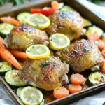 - 4 bone-in, skin-on chicken thighs - 2 tablespoons olive oil - 2 fresh lemons Chicken thighs give the dish a rich flavor and juicy texture. The skin crisps up nicely, adding crunch. Olive oil helps to coat the chicken and veggies, making them tender. Fresh lemons add brightness and zest, enhancing the overall taste. - 1 teaspoon dried thyme - 1 teaspoon dried oregano - 1 teaspoon smoked paprika Dried thyme and oregano bring depth to the dish. They add earthy notes that pair well with chicken. Smoked paprika gives a subtle warmth and a hint of smokiness. Together, these seasonings create a flavorful blend that enhances each bite. - 1 cup baby carrots, halved - 1 red bell pepper, sliced into strips - 1 medium zucchini, sliced into rounds Baby carrots add sweetness and color. Red bell pepper brings a crunchy and juicy texture. Zucchini rounds cook evenly and soak up the flavors. These veggies not only add nutrition but also make the dish visually appealing. Preheating your oven is crucial. When you set it to 425°F (220°C), it helps the chicken get crispy and the veggies roast perfectly. A hot oven ensures even cooking, which is key for great taste. Whisking the lemon-herb mix is easy and fun. In a bowl, combine olive oil, juice, zest, minced garlic, dried thyme, oregano, smoked paprika, salt, and black pepper. Use a fork or a whisk to mix well until all the flavors blend together nicely. For the chicken, place the thighs in a large bowl. Pour half of the lemon-herb mix over them. Use your hands to toss the chicken well, making sure every piece is coated. This step is important for flavor. In another bowl, add the carrots, bell pepper, and zucchini. Drizzle the rest of the mix on top and toss until everything shines with that lovely marinade. Grab a big sheet pan. Lay the chicken thighs skin-side up on one side. On the other side, spread the veggies out. Make sure they’re not too close together. This spacing helps everything cook evenly and get that nice roast. Put the sheet pan in your preheated oven. Bake for about 35-40 minutes. Keep an eye on the chicken. It should turn golden brown and crispy. Use a meat thermometer to check if it’s done. The internal temperature should reach 165°F (74°C). This ensures your meal is safe and delicious. To get crispy chicken skin, start with bone-in, skin-on thighs. The skin traps moisture and keeps the meat juicy. Here are some tips to help you achieve that perfect crunch: - Dry the Skin: Pat the chicken skin dry with paper towels. This helps remove moisture. - Use High Heat: Preheat your oven to 425°F. High heat crisps the skin quickly. - Space it Out: Arrange the chicken thighs on the sheet pan with space. This allows hot air to circulate around them. - Baste with Fat: Drizzle some olive oil on the skin before baking. This helps with browning. Cooking time can vary based on your oven. Here are some tips to optimize your bake: - Oven Type Matters: If you have a convection oven, reduce the cooking time by 5-10 minutes. The fan circulates heat, cooking faster. - Check the Temp: Always check the chicken's internal temperature. It should reach 165°F for safe eating. - Baking Times: Bake for 35-40 minutes. If your chicken is large, it may need a few extra minutes. Pair your lemon herb chicken with simple sides for a complete meal. Here are some ideas: - Grain Options: Serve with fluffy rice or quinoa for added texture. - Salads: A fresh green salad with lemon vinaigrette complements the dish well. - Bread: Warm, crusty bread is perfect for soaking up juices. - Wine Pairing: A crisp white wine, like Sauvignon Blanc, enhances the lemon flavors. {{image_4}} You can easily swap veggies based on what you have. Seasonal vegetables work great here. Try using asparagus, broccoli, or even sweet potatoes. Each veggie adds its own flavor and texture. You can roast root vegetables like carrots and beets. Just cut them into equal sizes for even cooking. This flexibility keeps the dish fresh. If you want a change from chicken thighs, try chicken breasts. They cook faster, so adjust your time. You can also use plant-based proteins. Tofu or tempeh works well and soaks up all the flavors. Use the same lemon-herb mixture to keep things tasty. Just remember to press and cube the tofu before cooking. Adjusting seasonings can change the whole dish. If you love spice, add some cayenne or chili powder. For a more earthy taste, use cumin or coriander. You can also play with fresh herbs. Basil or cilantro can bring a new twist. Experiment and find out what you love. Cooking is all about personal taste! After you enjoy your meal, store the leftovers in the fridge. Use an airtight container to keep the chicken and veggies fresh. This method helps maintain flavor and texture. Leftovers can last up to three days in the fridge. Always label the container with the date. This way, you’ll know when to eat them. To reheat your chicken and veggies, use an oven or air fryer. Preheat your oven to 350°F (175°C). Place the chicken and veggies on a baking sheet. Heat for about 15 minutes or until warm. The oven keeps the chicken crispy. If using an air fryer, set it to 350°F and cook for about 5-7 minutes. You can freeze leftovers for long-term storage. First, let the chicken and veggies cool completely. Then, place them in a freezer-safe bag or container. Remove as much air as possible to prevent freezer burn. Label the bag with the date. You can freeze the dish for up to three months. To defrost, move it to the fridge overnight before reheating. Yes, you can use boneless chicken. Boneless chicken cooks faster and is easier to eat. However, bone-in chicken has more flavor and stays juicier. If you use boneless thighs, check for doneness after 25-30 minutes. With bone-in, it takes about 35-40 minutes. Adjust cooking times based on the cut you choose. To check if the chicken is done, use a meat thermometer. The chicken should reach an internal temperature of 165°F (74°C). Look for golden brown skin and juices that run clear. If the juices are pink, it needs more time. Always check the thickest part of the chicken for the best results. You can serve this dish with many sides. Try fluffy rice or creamy mashed potatoes for a filling meal. A fresh green salad adds a nice crunch. Garlic bread pairs well too. You can also add a tangy sauce or dip to elevate the flavors. Enjoy mixing and matching your favorites! This blog post shared details about making sheet pan lemon herb chicken. You learned about key ingredients like chicken thighs, fresh lemons, and veggies. I provided step-by-step instructions for easy cooking. You found tips for crispiness and serving ideas. Don't hesitate to try different veggies and protein options. Enjoy this tasty dish with your family, and know it’s simple to make. By following these guidelines, you can create a healthy and flavorful meal that everyone will love. Happy cooking!