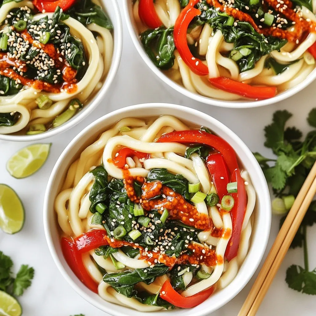 - 200g udon noodles - 2 tablespoons spicy chili crisp - 2 tablespoons soy sauce - 2 cloves garlic, finely minced - 1 teaspoon fresh ginger, grated - 1 red bell pepper, thinly sliced - 1 cup baby spinach - 2 scallions, finely chopped - 1 tablespoon sesame seeds - Fresh cilantro leaves (optional) The main ingredients for Spicy Chili Crisp Udon Noodles include udon noodles, spicy chili crisp, and soy sauce. Udon noodles are thick, chewy, and perfect for soaking up flavors. The spicy chili crisp adds a kick. Soy sauce brings a salty depth that balances the heat. For aromatics and vegetables, we use garlic, ginger, red bell pepper, and baby spinach. Garlic and ginger give a fragrant base. Red bell pepper adds sweetness and color, while baby spinach offers freshness and nutrition. Finally, the garnishes of scallions, sesame seeds, and fresh cilantro elevate the dish. Scallions add a mild onion taste. Sesame seeds provide crunch. Cilantro gives a fresh finish, but it’s optional for those who may not enjoy it. Use these ingredients to create a delightful dinner that excites your taste buds! - Boiling and Draining Start by filling a large pot with water. Add salt and bring it to a boil. Once boiling, add 200g of udon noodles. Cook them for about 8-10 minutes or until they are tender. When done, drain the noodles in a colander. - Rinsing to Halt Cooking Rinse the drained noodles under cold water. This stops them from cooking further and helps prevent sticking. Set the noodles aside to drain fully. - Whisking Sauce Ingredients In a small bowl, combine 2 tablespoons of spicy chili crisp, 2 tablespoons of soy sauce, and 1 tablespoon of sesame oil. Use a whisk to mix until smooth and well combined. - Adjusting Spice Level Taste the sauce. If you want more heat, add extra chili crisp. Remember, you can always add more, but you can’t take it out! - Cooking Garlic and Ginger Heat 1 tablespoon of vegetable oil in a large pan over medium heat. Add 2 cloves of minced garlic and 1 teaspoon of grated ginger. Cook for about 30 seconds, stirring constantly. The garlic and ginger should be fragrant and golden. - Adding Bell Pepper and Spinach Toss in 1 red bell pepper, sliced thin. Cook for 2-3 minutes until it starts to soften. Then, add 1 cup of baby spinach. Stir until the spinach wilts, which takes about a minute. - Tossing Ingredients Together Add the drained udon noodles to the pan with the veggies. Pour the sauce over the noodles. Use tongs to gently toss everything until the noodles are coated. - Heating Thoroughly Continue to heat the mixture for 2-3 minutes. This ensures the noodles are hot and the flavors meld together. - Presentation Tips Remove the pan from the heat. Serve the noodles in individual bowls. Top with chopped scallions, sesame seeds, and optional fresh cilantro. This adds color and freshness. - Suggested Serving Ware Use deep, wide bowls for a great presentation. Drizzle a little extra chili crisp on top for flair. Serve with chopsticks and lime wedges for a zesty touch! - To stop noodles from sticking, rinse them after draining. - Stir noodles often while boiling to keep them separated. - For perfect texture, follow the package cooking time closely. - If you prefer softer noodles, cook a minute longer. - Add soy sauce or hoisin for more depth. - Mix in chili oil for extra heat. - Include proteins like chicken, tofu, or shrimp for a hearty meal. - For a vegetarian option, add chickpeas or edamame. - Pair with steamed dumplings or a fresh salad. - Serve with a side of pickled vegetables for crunch. - Enjoy with a light beer or green tea for balance. - A cold sparkling water enhances the spicy notes. {{image_4}} Gluten-Free Alternatives If you want a gluten-free meal, use rice noodles instead of udon noodles. They cook fast and soak up sauce well. You can also try gluten-free soy sauce. Look for brands that are certified gluten-free. Vegan Options To make this dish vegan, use tamari instead of soy sauce. You can replace the spicy chili crisp with a vegan version or make your own at home. Just blend oil, garlic, and your favorite spices for heat. Spicy vs. Mild You can change the spice level to match your taste. For a mild dish, use less chili crisp. Add a splash of lime juice for freshness without too much heat. If you like it hot, feel free to add more chili crisp or even some chili flakes. Cold Udon Noodle Salad Try this recipe as a cold noodle salad. After cooking the udon, cool it completely. Toss the noodles with the sauce and vegetables, then chill in the fridge. It’s perfect for hot days and adds a refreshing twist. Japanese Style vs. Fusion Stick to a classic Japanese style by keeping the ingredients simple. Use only udon, soy sauce, and a few veggies. For a fusion approach, add ingredients like avocado or even mango for a sweet touch. Adding Unique Ingredients Feel free to mix in other veggies like carrots, or snap peas. You can also add proteins like tofu or shrimp. These additions make the dish richer and more filling. Experiment to find your favorite combination! - Refrigeration Tips: Let the noodles cool down. Store them in an airtight container. They stay fresh for up to three days in the fridge. - Freezing Instructions: Place the noodles in a freezer bag. Squeeze out the air before sealing. They can last in the freezer for about a month. - Methods for Best Texture: Use a microwave or stovetop. If using a microwave, cover the noodles to keep moisture. Stir every minute. For stovetop, add a splash of water and heat gently. - Avoiding Sogginess: Don’t overcook when reheating. Heat just until warm to keep the noodles firm. - How Long It Lasts in Fridge: Properly stored, the noodles can last three days in the fridge. - Signs of Spoilage: Check for any off smell or slimy texture. If you see mold, discard them immediately. Spicy chili crisp is a spicy oil-based condiment. It has crunchy bits of garlic, onion, and spices. Some popular brands are Lao Gan Ma and Fly By Jing. You can find it in many grocery stores or Asian markets. Look in the Asian food aisle or online for the best options. Yes, you can easily make spicy chili crisp at home! Here’s a simple recipe: - Essential Ingredients Required: - 1 cup vegetable oil - 1/4 cup dried chili flakes - 1/4 cup chopped garlic - 2 tablespoons chopped onion - Salt to taste 1. Heat the oil in a pan until warm. 2. Add garlic and onion; cook until golden. 3. Stir in chili flakes and salt. 4. Let it cool and store in a jar. To make udon noodles vegan, check the package for egg. Many brands offer egg-free options. If you find egg, choose a brand that uses only wheat and water. Adjust the recipe by omitting any meat or animal products. Udon noodles are made from wheat flour. They are low in fat and provide energy. Here’s some nutritional info: - Nutritional Info: - 200g serving has about 200 calories - Good source of carbs for energy - Low in fat Dietary considerations include gluten, so those with gluten allergies should avoid them. Udon noodles can fit well in a balanced diet when paired with veggies and proteins. You’ve learned how to make a tasty udon noodle dish. We explored the key ingredients, from udon noodles to spicy chili crisp. I shared simple steps for cooking and tips for flavor. Variations let you adjust to your taste, whether vegan or spicy. Remember, leftovers are easy to store and reheat. Enjoy this dish any day, and share it with friends. Cooking can bring joy and great meals to your table. Now, grab your ingredients and get started!
