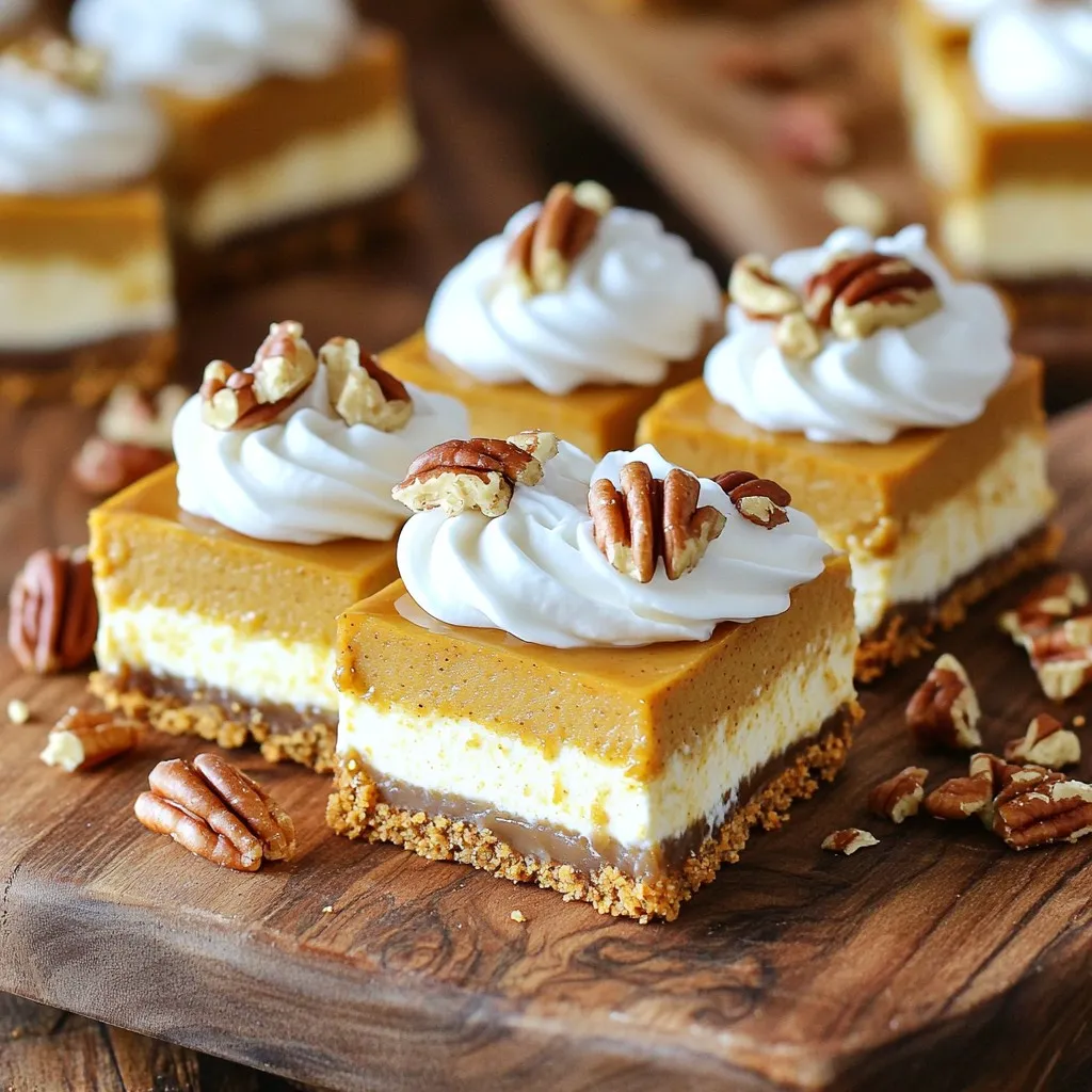 - 1 ½ cups graham cracker crumbs - ½ cup unsalted butter, melted - 2 tablespoons brown sugar - 2 (8 oz) packages cream cheese, softened - ½ cup granulated sugar - 1 cup pumpkin puree (not pumpkin pie filling) - 1 teaspoon pure vanilla extract - 1 teaspoon ground cinnamon - ½ teaspoon ground nutmeg - ½ teaspoon ground ginger - 1 cup whipped cream (store-bought or homemade) - Whipped cream and chopped pecans for topping (optional) The graham cracker crumbs form the base. They give the bars a sweet and crunchy crust. The melted butter binds the crumbs together, making a firm layer. Brown sugar adds extra sweetness and depth to the crust. Cream cheese creates the creamy filling. It gives a rich texture and flavor. Granulated sugar sweetens the filling, balancing the spices. Pumpkin puree offers a smooth base and a lovely orange color. Vanilla extract enhances the overall flavor. Ground cinnamon, nutmeg, and ginger add warmth and spice. Whipped cream lightens the filling, giving it a fluffy texture. Finally, whipped cream and pecans as toppings add extra flavor and visual appeal. When choosing graham crackers, look for ones with few additives. This keeps the crust simple and tasty. Use fresh, unsalted butter for the best flavor. For cream cheese, pick a full-fat option. This gives the bars a rich taste and smooth texture. Always use 100% pumpkin puree, not pie filling, for better control of flavor. Check spices for freshness as they can lose flavor over time. Lastly, if you make whipped cream at home, use cold heavy cream for the best results. To start, gather your graham cracker crumbs, melted butter, and brown sugar. In a medium bowl, mix these ingredients well. You want a crumbly texture that sticks together nicely. Once mixed, firmly press this mixture into the bottom of an 8x8 inch baking dish. Use the back of a glass or measuring cup to pack it down evenly. This will create a strong base for your cheesecake bars. Next, you will make the creamy pumpkin filling. In a large bowl, beat the softened cream cheese and granulated sugar with an electric mixer. Mix it on medium speed until it turns smooth and creamy. Then, add the pumpkin puree, vanilla extract, ground cinnamon, nutmeg, and ginger. Keep mixing until everything is well combined. After that, gently fold in the whipped cream using a spatula. This step adds lightness to the filling, so be careful not to deflate it too much. Now it’s time to put everything together. Pour the pumpkin cheesecake filling over the crust. Use a spatula to spread it evenly and smooth out the top. Once it's all nice and flat, cover the dish with plastic wrap. Refrigerate it for at least 4 hours or, for the best results, overnight. This helps the bars set properly. When you're ready to serve, slice the chilled bars into squares or rectangles. You can add whipped cream and chopped pecans on top for extra flair, if you like! To get the right texture, use softened cream cheese. Cold cream cheese will not mix well. Beat it until smooth before adding other ingredients. When you fold in the whipped cream, do it gently. This keeps the filling light and fluffy. If you mix too hard, the filling may become dense. Aim for a creamy, smooth texture that holds its shape. Pumpkin flavor shines through when you use quality pumpkin puree. Avoid pumpkin pie filling, as it has added spices and sugar. Add spices like cinnamon, nutmeg, and ginger in balanced amounts. Taste the filling before pouring it into the crust. Adjust sweetness with more sugar if needed. A touch of vanilla extract enhances the overall flavor, making it more delicious. For a stunning look, cut the bars neatly into squares. Arrange them on a nice platter to impress your guests. Top each bar with a dollop of whipped cream. A sprinkle of cinnamon adds a festive touch. Drizzle caramel sauce over the bars for added sweetness. You can also add chopped pecans for crunch. This makes each bite a delightful experience! {{image_4}} You can easily change the flavor of your cheesecake bars. Try adding extra spices like allspice or cloves. This gives a warm kick. You can also mix in pumpkin pie spice if you want a stronger pumpkin flavor. For a twist, use maple syrup instead of granulated sugar. This adds depth to the taste. The crust does not have to be just graham crackers. You can use crushed ginger snaps for a spicy touch. Oreos give a rich chocolate flavor. If you want a gluten-free option, try almond flour mixed with melted butter. It gives a nutty flavor and a nice crunch. Get creative with your toppings! You can add chocolate chips for a sweet surprise. Dried cranberries or raisins add a chewy texture. For a festive look, use crushed candy corn or sprinkles. Don't forget to top with whipped cream and chopped pecans. A drizzle of caramel sauce makes it even more special. Each bite can be a new experience! To keep your no-bake pumpkin pie cheesecake bars fresh, wrap them tightly. Use plastic wrap or aluminum foil. You can also store them in an airtight container. This helps keep the bars moist and tasty. Make sure to place them in the fridge. They will stay fresh for several days this way. If you want to keep the bars longer, freezing is a great option. First, let the bars chill completely. Then cut them into squares. Wrap each square in plastic wrap. After that, place the wrapped squares in a freezer-safe bag or container. They can last in the freezer for up to three months. When you are ready to enjoy them, let them thaw in the fridge overnight. These cheesecake bars can last in the fridge for about five days. After that, they may start to lose flavor and texture. Watch for any signs of spoilage. If you see any mold or if they smell off, it’s best to throw them away. Always trust your senses. If something seems wrong, don’t eat it! Yes, you can use store-bought pumpkin puree. It saves time and works well. Make sure to choose pure pumpkin puree, not pumpkin pie filling. The filling has added sugar and spices, which can change the taste and texture of your bars. The bars should chill for at least 4 hours. For the best results, chill them overnight. This helps the bars set properly and improves the flavor. You want them to be firm and easy to cut into squares. Yes, you can make several substitutions. If you need a gluten-free option, use gluten-free graham crackers. For a dairy-free version, try vegan cream cheese. You can also use coconut whipped cream instead of regular whipped cream. Always check labels to ensure they meet your dietary needs. This blog post covered everything you need for pumpkin cheesecake bars. We looked at the key ingredients and their roles. I shared steps for a great crust and filling. You learned tips for perfect consistency and flavor. Plus, I offered fun variations and storage advice. Remember, these bars can be adapted to suit your taste. Enjoy making them and impressing your friends with delicious results!