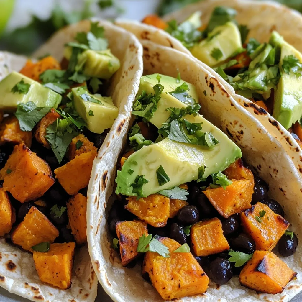 - 2 medium sweet potatoes, peeled and diced into 1/2-inch cubes - 1 can (15 oz) black beans, thoroughly rinsed and drained - 1 tablespoon extra virgin olive oil - 1 teaspoon chili powder - 1 teaspoon ground cumin - 1/2 teaspoon smoked paprika - Salt and freshly cracked black pepper to taste - 8 small corn tortillas - 1 ripe avocado, thinly sliced - 1/4 cup fresh cilantro, roughly chopped - Lime wedges for serving - Optional: Your favorite salsa for topping These ingredients create a hearty filling for your tacos. Sweet potatoes add a nice sweetness, while black beans give protein. The seasonings—chili powder, cumin, and smoked paprika—bring warmth and depth to each bite. Don't forget the toppings! Fresh avocado and cilantro add creaminess and brightness. When you pick your ingredients, choose quality and fresh items. This makes a big difference in flavor and nutrition. For the tortillas, go for corn; they add a nice texture and taste. You can mix and match toppings too. If you love spice, add jalapeños or a spicy salsa on top! To start, set your air fryer to 390°F (200°C). Preheating takes about 5 minutes. This step is key for even cooking. A hot air fryer helps the sweet potatoes crisp up nicely. In a large bowl, mix together the diced sweet potatoes and rinsed black beans. Drizzle 1 tablespoon of olive oil over the mix. Add 1 teaspoon each of chili powder and cumin, and 1/2 teaspoon of smoked paprika. Season with salt and freshly cracked black pepper. Toss everything well until the sweet potatoes are coated. Carefully place the filling into the air fryer basket. Spread it evenly to help it cook well. Air fry the mixture for 15 to 20 minutes. Shake the basket halfway through to ensure even cooking. The sweet potatoes should be tender and slightly crisp when done. While the filling cooks, warm your corn tortillas. You can use a dry skillet over medium heat for about 30 seconds on each side. This makes them soft and pliable. Alternatively, wrap them in a damp paper towel and microwave for about 20 seconds. Once your filling is ready, take a warm tortilla. Spoon a generous amount of the sweet potato and black bean mixture into the center. Serve your tacos hot, right after assembling. Enjoy the sweet and savory flavors in each bite. For extra fun, offer lime wedges and salsa on the side for added flavor. To get your sweet potatoes crispy, space them well in the air fryer. This allows hot air to circulate around the food. If you crowd the basket, the sweet potatoes will steam instead of crisp. Adjust cooking times based on your air fryer model. Some run hotter than others. Start with 15 minutes and check for doneness. You want them tender and slightly crisp on the outside. Feel free to add different toppings to your tacos. Sliced radishes, diced tomatoes, or crumbled feta can boost flavor. You can also try a drizzle of tahini or spicy mayo for a unique twist. If you want to change the filling, consider using roasted zucchini or corn. You can swap black beans for pinto or chickpeas. These options keep the dish fresh and exciting! {{image_4}} For a vegan twist, use plant-based toppings. Try adding fresh salsa, vegan cheese, or spicy avocado crema. You can also swap black beans for pinto beans or chickpeas. Both choices add a nice texture and flavor. If you need gluten-free choices, go for corn tortillas. They fit well with the filling and are naturally gluten-free. You can also use lettuce wraps instead. If you want to add more crunch, try adding cabbage or crunchy veggies. To spice things up, add diced jalapeños or serrano peppers to the sweet potato and black bean mix. This adds heat and flavor. You can also drizzle hot sauce over the tacos. Salsas with a kick can elevate the taste too. Enjoy finding the right balance of heat! To keep your tacos fresh, store them in an airtight container. Let them cool before sealing. Place the leftovers in the fridge. They stay good for about 3 days. If you want to keep them longer, freeze the filling. It can last up to 3 months. Just remember, the tortillas may get soggy after freezing. When it's time to enjoy your leftovers, reheat them right. For the best taste, use the air fryer. Heat it to 350°F (175°C) and warm the filling for about 5 minutes. This keeps the mixture crispy. If you use a microwave, put the filling in a bowl. Heat it in short bursts. This helps avoid soggy tacos. Warm the tortillas separately in a skillet or microwave. Enjoy your delightful meal just like the first time! Yes, you can use frozen sweet potatoes. Just make sure to thaw them first. Drain any excess water. This helps them cook evenly. If you skip this step, the texture might change. You can also cut them into smaller pieces for quicker cooking. To spice things up, add jalapeños or chopped chili peppers. You can also use hot sauce in the filling. A pinch of cayenne pepper adds a nice kick too. Adjust the spice level to fit your taste. Remember, you can always add more, but you can’t take it out. Yes, you can prep these tacos in advance. Cook the filling and store it in the fridge for up to three days. Warm it up when ready to serve. You can also warm the tortillas ahead of time. Just keep them in a clean cloth to stay warm. Great toppings include sliced avocado and fresh cilantro. Lime wedges add a zesty flavor. You can also try salsa for an extra twist. Crumbled feta cheese or dairy-free cheese works well too. Experiment with your favorites to find your perfect combo! This blog post covered how to make tasty tacos using sweet potatoes and black beans. I shared step-by-step instructions to guide you through preparing the filling, air frying, and assembling your tacos. You learned tips for making them crispy and adjusting the recipe to your liking. These tacos are easy to customize. Enjoy them hot with your preferred toppings. Store any leftovers properly so you can enjoy them later. Happy cooking!