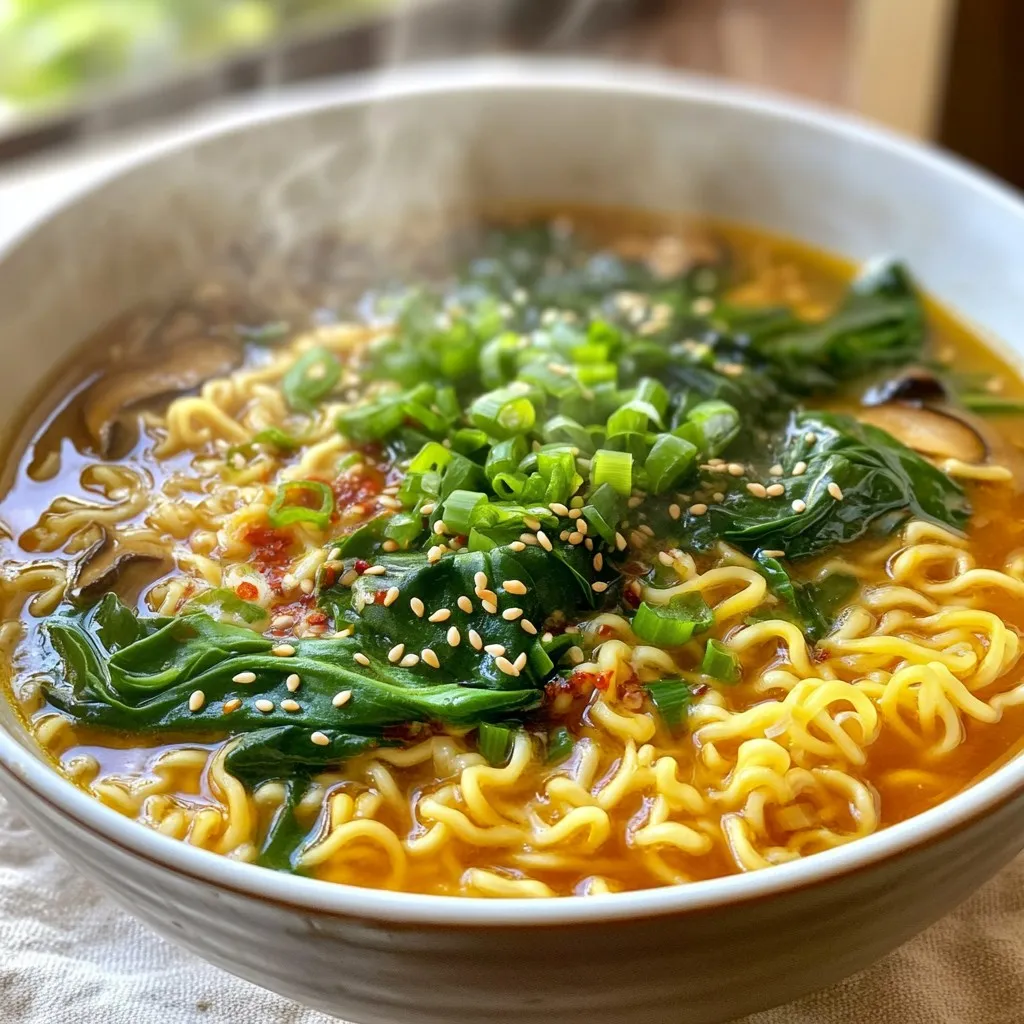 - 2 packs of instant ramen noodles (discard flavor packets) - 4 cups vegetable broth - 4 cloves of garlic, finely minced - 1 tablespoon fresh ginger, freshly grated - 2 tablespoons soy sauce - 1 tablespoon chili paste (adjust quantity based on preferred spice level) - 1 tablespoon sesame oil - 1 cup baby spinach, washed and drained - 1 cup sliced mushrooms (shiitake or button work well) - 1 green onion, finely chopped (for garnish) - Sesame seeds (optional, for garnish) To make Minute Spicy Garlic Ramen, you need simple yet flavorful ingredients. Start with two packs of instant ramen noodles. Discard the flavor packets that come with them. You will want a good base for your broth. For this, use four cups of vegetable broth. It adds depth and richness. Next, add aromatics to boost flavor. Use four cloves of garlic, minced finely, and one tablespoon of freshly grated ginger. These add a great kick. For seasoning, grab two tablespoons of soy sauce and one tablespoon of chili paste. Adjust the chili paste to make it spicier or milder, depending on your taste. You’ll also need one tablespoon of sesame oil for cooking. It gives a nice nutty flavor. For fresh veggies, add one cup of baby spinach and one cup of sliced mushrooms. Shiitake or button mushrooms work well. Finally, for garnishing, use one green onion, chopped finely, and sesame seeds, if you like. These will add a nice touch to your finished dish. This collection of ingredients creates a quick, tasty meal that you can make in just 15 minutes. Let's get cooking! Start by heating 1 tablespoon of sesame oil in a large pot over medium heat. Once the oil is hot, add 4 cloves of minced garlic and 1 tablespoon of freshly grated ginger. Sauté these aromatics for about 1 minute. You want them fragrant and golden, not burnt. This step builds a strong flavor base for your ramen. Next, add 1 cup of sliced mushrooms to the pot. Shiitake or button mushrooms work well here. Stir the mushrooms in with the garlic and ginger. Cook them for about 3 to 4 minutes. This softens the mushrooms and helps them release their moisture. You will notice how the aroma deepens at this stage. Now, pour in 4 cups of vegetable broth. Turn the heat up to bring the mixture to a vigorous boil. Once boiling, add 2 packs of instant ramen noodles. Discard the flavor packets that come with the noodles. Cook the noodles for 3 to 4 minutes. Stir occasionally to help them separate and cook evenly. They should be tender but not mushy. Once the noodles are cooked, stir in 2 tablespoons of soy sauce and 1 tablespoon of chili paste. Taste the broth and adjust the chili paste if you want more heat. Finally, add 1 cup of washed and drained baby spinach. Stir gently until the spinach is just wilted, about 1 minute. Remove the pot from the heat and ladle the ramen into bowls. For a nice finish, garnish each bowl with chopped green onions and sprinkle with sesame seeds if you like. Enjoy your Minute Spicy Garlic Ramen hot! To make your ramen even tastier, you can adjust the spice levels. If you like it hot, add more chili paste. Start with one tablespoon, then taste and add more if needed. You can also add extras like a splash of lime juice or a sprinkle of fresh herbs. These will brighten up the dish. Try adding cooked chicken or tofu for protein. This will make your meal more filling. This ramen is quick to make! You can prep and cook it all in under one minute. Start by heating the sesame oil. While it heats, mince the garlic and grate the ginger. Once the oil is hot, add the garlic and ginger. Stir them for about one minute until they smell great. Then, add the mushrooms. They need about three to four minutes to cook. After that, pour in the broth and boil it. Add the noodles when it’s boiling and cook for three to four minutes. Each step is fast, so keep an eye on the time! A beautiful bowl makes your ramen even more enjoyable. Serve it hot in a nice bowl. For a fresh look, add a wedge of lime on the side. You can use chopsticks for a fun touch. Garnish your ramen with chopped green onions and a sprinkle of sesame seeds. This adds color and a nice crunch. Enjoy your tasty creation! {{image_4}} You can easily swap out the spinach and mushrooms. Try using kale instead of spinach. Kale adds a nice crunch. For mushrooms, you can use bell peppers or zucchini. Both will give your ramen a fresh taste. Just chop them into small pieces. Cook them with the garlic and ginger until soft. This change adds color and nutrients to your dish. The broth you use can change the flavor of your ramen. While the recipe uses vegetable broth, you can use chicken or beef broth. This makes your ramen heartier and adds depth. If you love rich flavors, chicken broth is an excellent choice. Beef broth brings a savory taste that many enjoy. Choose a broth that fits your taste or what you have on hand. The spice level can make or break your ramen. If you love heat, add more chili paste. Start with a small amount and taste as you go. You can also try adding new spices like cayenne pepper or crushed red pepper. These spices can boost the heat without changing the flavor too much. If you prefer milder dishes, cut back on the chili paste. Adjust it to fit your taste buds. To keep your Minute Spicy Garlic Ramen fresh, store it in an airtight container. This will help prevent any air from spoiling the taste. Place the cooled ramen in the fridge. It can last for about 3 days in the refrigerator. Make sure to separate the noodles from the broth if possible. This keeps the noodles from getting too soft. When you're ready to enjoy your leftovers, reheat them carefully. You can use a pot on the stove or a microwave. If using a pot, add a splash of water or broth to keep it moist. Heat on medium until it's hot. If using a microwave, cover the bowl and heat in short bursts. Stir in between to ensure even heating. This keeps the flavors bright and fresh. You can freeze ramen, but it’s best to freeze the broth and noodles separately. Cool them down first, then place them in freezer-safe bags or containers. They can last for about 2 months in the freezer. When you’re ready to eat, thaw them in the fridge overnight. Reheat the broth and cook the noodles fresh for the best taste. Yes, you can use other types of noodles. If you want a different texture, try udon or soba noodles. Rice noodles are also a great choice for a gluten-free option. Just cook them according to their package directions. Keep in mind that cooking times may vary. If you don’t have chili paste, use sriracha or red pepper flakes. You can also add hot sauce for a kick. If you prefer less spice, try using sweet chili sauce. Adjust the amount to suit your taste. To make this dish vegetarian, use vegetable broth and skip any meat-based toppings. You can add tofu for protein and texture. Other great additions include bok choy or bell peppers. These will keep your ramen hearty and plant-based. This blog post covered how to make a tasty bowl of ramen. We explored ingredients and steps, from sautéing garlic and ginger to boiling noodles. I shared tips to enhance flavor and manage cooking time. We also discussed fun variations and clever storage ideas. In the end, this easy recipe lets you enjoy ramen your way. Experiment with new ingredients to make it yours. Happy cooking!