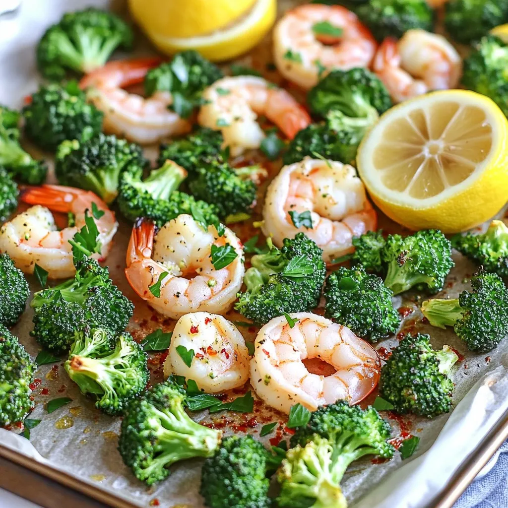 - 1 pound large shrimp, peeled and deveined - 4 cups broccoli florets - 4 tablespoons extra virgin olive oil - 4 cloves garlic, finely minced - 1 lemon, zested and juiced - 1 teaspoon smoked paprika - 1 teaspoon red pepper flakes (optional) - Salt and freshly cracked black pepper - Fresh parsley, finely chopped In this recipe, the main ingredients shine brightly. The shrimp provides a sweet and light base. Broccoli adds a nice crunch and color. The olive oil coats everything in rich flavor. It helps the dish roast well in the oven. For flavor, garlic is a must. It brings a strong, warm taste. The lemon zest and juice add brightness. Smoked paprika gives a hint of smokiness that makes each bite interesting. If you like heat, you can add red pepper flakes. Just a little can make the dish come alive. Seasoning with salt and black pepper is key for balance. Lastly, I love to sprinkle fresh parsley on top. It adds color and a fresh taste. This dish is not just tasty; it's also a feast for the eyes! - Preheat oven to 425°F (220°C). - Combine shrimp and broccoli in a mixing bowl. Start by warming your oven. This heat helps the shrimp and broccoli cook just right. In a big bowl, toss the shrimp with the broccoli florets. Make sure they mix well. This step sets the stage for the tasty flavors to come. - Add olive oil, garlic, lemon zest, lemon juice, smoked paprika. - Season with salt and pepper, and toss thoroughly. Next, pour in the olive oil. Then, add the minced garlic, lemon zest, and lemon juice. Sprinkle in the smoked paprika. Season with salt and freshly cracked black pepper. This mix brings out bold flavors. Use your hands or a spatula to toss everything together. You want each piece to be coated in this zesty mixture. - Prepare sheet pan with parchment paper. - Spread mixture evenly and bake for 10-12 minutes. Now, line a sheet pan with parchment paper. This keeps your food from sticking and makes cleanup easy. Spread the shrimp and broccoli evenly on the pan. This helps them roast nicely. Place the pan in your preheated oven. Bake for about 10-12 minutes. The shrimp will turn pink and opaque, while the broccoli stays crisp. Keep an eye on it; you want them cooked, but not overdone. To cook shrimp perfectly, look for two key signs. First, it should turn a lovely pink color. Second, it should be opaque. When you see these signs, your shrimp is done! For the broccoli, keep it crisp by not overcooking. Bake it for about 10-12 minutes. This way, it stays bright green and crunchy. If you feel unsure, check it a minute early. You want it tender but not mushy. When it comes to serving, presentation matters. Serve the shrimp and broccoli over a fluffy bed of rice or quinoa. A lemon wedge on the side adds a nice touch. It gives a fresh look and a burst of flavor. You can also use a large, flat plate to show off the colors. You can make this dish even more exciting! Add a pinch of cayenne for spice. Fresh herbs like basil or cilantro can also boost the flavor. To balance the taste, consider a drizzle of honey or a splash of soy sauce. These additions can create a new twist on this classic dish. Experiment and enjoy! {{image_4}} You can swap shrimp for other proteins. Chicken works great and adds a hearty bite. Use boneless chicken breast, cut into bite-sized pieces. For a vegetarian option, try tofu. Firm tofu holds up well when roasted. Cooking times vary: - Chicken takes about 15-20 minutes to cook through. - Tofu needs about 12-15 minutes to get golden and crisp. Mix it up with different vegetables! Bell peppers add sweetness, while asparagus gives a nice crunch. Zucchini is another great choice; it cooks quickly and adds moisture. Adjust cooking times: - Bell peppers and zucchini can roast in about 10-12 minutes. - Asparagus may need a little more time, around 12-15 minutes. Get creative with your seasonings! Try adding cumin or curry powder for a unique twist. Fresh herbs like thyme or rosemary can also brighten the dish. Citrus variations: - Lime adds a tangy kick if you want a twist. - Orange zest can bring a sweet note to balance flavors. Feel free to explore these variations to find your favorite version of this dish! To keep your shrimp and broccoli fresh, cool the dish quickly. Place leftovers in a shallow container. This helps them cool faster. Use an airtight container to prevent odors. Store in the fridge for up to three days. If you want to keep it longer, freeze it. Transfer leftovers to a freezer-safe bag. Remove as much air as possible. This will prevent freezer burn. When reheating, use the oven for the best texture. Preheat your oven to 350°F (175°C). Place the shrimp and broccoli on a baking sheet. Heat for about 10 minutes, or until warm. If you're in a hurry, you can use the microwave. Heat in 30-second intervals on medium power. Check often to avoid overcooking. The shrimp should remain tender, and the broccoli should stay crisp. Your shrimp and broccoli should stay fresh for three days in the fridge. After that, check for any changes. Signs of spoilage include a sour smell or slimy texture. If you see any signs, it’s best to toss it out. If frozen, it can last for up to three months. However, for the best taste, eat it within one month. Always trust your senses. If it looks or smells off, don’t eat it. Yes, you can prepare this dish ahead of time. - To save time, chop the broccoli and mince the garlic a day before. - Store the shrimp in the fridge, covered, until you are ready to cook. - Combine the shrimp with the broccoli and seasoning just before baking. This way, you keep the shrimp fresh and flavorful. Absolutely, you can spice it up! - Add more red pepper flakes for extra heat. - Try a dash of hot sauce or a pinch of cayenne pepper. - For a kick, use chili garlic sauce in place of garlic. Adjust the spice to fit your taste. You have many options for shrimp substitutes. - Chicken breast works well; cut it into small pieces. - Firm tofu gives a nice texture; press it first to remove water. - Use scallops or fish like salmon for a different flavor. Adjust cooking time as needed, since proteins cook differently. This dish is easy and rewarding. You learned about key ingredients like shrimp and broccoli, and how to mix and bake them perfectly. Remember the tips for cooking times and texture. You can even switch proteins or veggies for variety. Store leftovers right to enjoy later. Testing flavors can lead to new favorites. Try these ideas, and you’ll impress anyone at the table. Cooking simple meals like this can be fun and fulfilling. Enjoy your cooking journey!