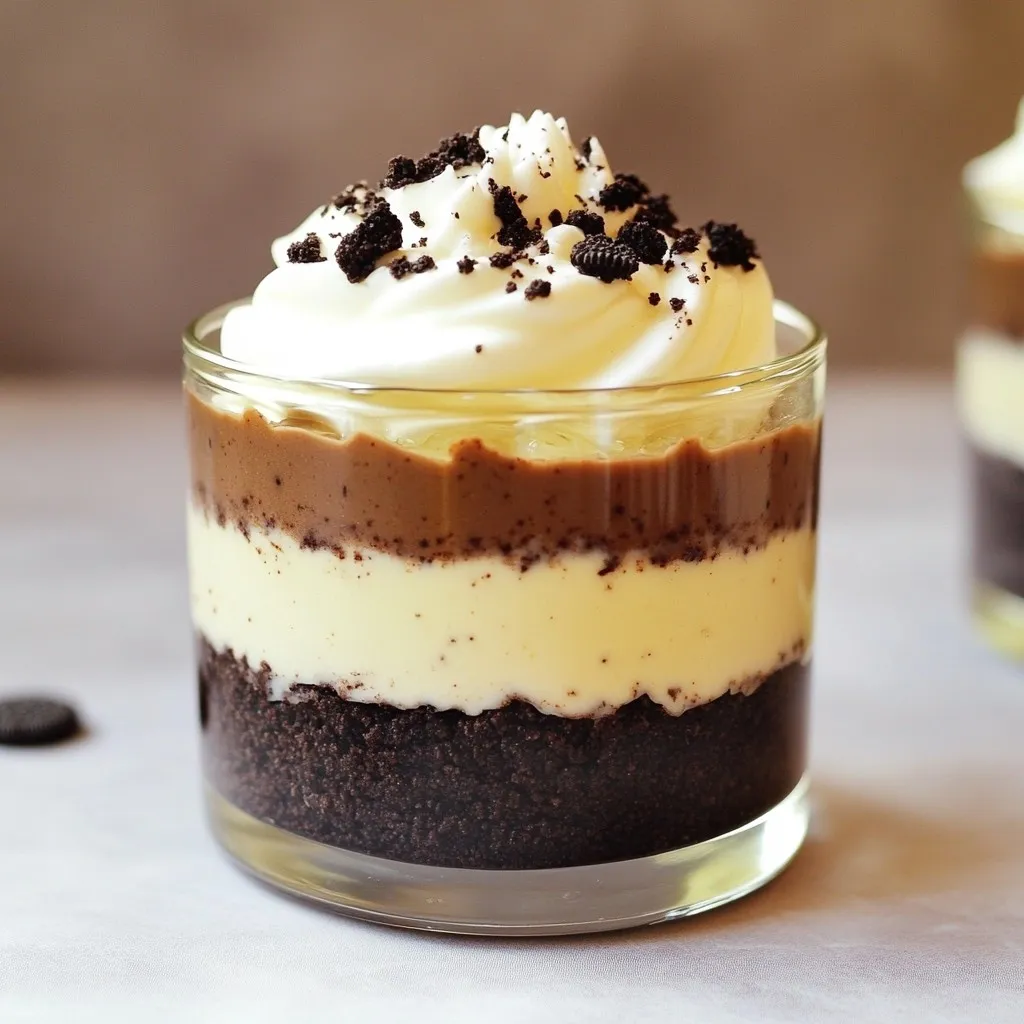 You need a few key items to make these tasty treats. Here’s what to gather: - 20 Oreo cookies, finely crushed (plus extra for garnish) - 4 tablespoons unsalted butter, melted - 8 oz cream cheese, at room temperature - 1/2 cup granulated sugar - 1 teaspoon pure vanilla extract - 1 1/2 cups heavy whipping cream - 1/2 cup sour cream - 1 tablespoon powdered sugar (for the whipped cream) These ingredients create a rich and creamy flavor that everyone will love. When picking your ingredients, freshness matters. Choose the best quality cream cheese for a smooth texture. Make sure it’s at room temperature to mix easily. Use fresh heavy cream for that perfect fluffiness in your cheesecake. For the Oreos, feel free to pick your favorite flavor. The classic ones work great, but mint or peanut butter Oreos add fun twists. Always check the expiration dates on all items for the best taste. Get creative with toppings! Here are some fun ideas to try: - Extra crushed Oreos for a crunchy finish - Chocolate syrup for sweetness - A sprig of mint for a pop of color - Whipped cream to make it look fancy These options can make your cheesecake cups even more appealing. Enjoy mixing and matching to find your favorite combination! To start, grab a medium bowl. Add 20 finely crushed Oreo cookies and 4 tablespoons of melted butter. Mix them well until all the cookie crumbs are coated. This step makes a tasty and crunchy base. Next, take about 2 tablespoons of this mixture and place it in each serving cup. Use the back of a spoon to press it down firmly. This will form a stable crust for your cheesecake cups. Now for the creamy part! In a larger bowl, beat 8 oz of softened cream cheese with 1/2 cup of granulated sugar. Use an electric mixer for about 2-3 minutes until it's smooth and creamy. Then, add 1 teaspoon of pure vanilla extract and 1/2 cup of sour cream. Mix until everything is well combined. In another bowl, whip 1 1/2 cups of heavy cream at high speed until stiff peaks form, which takes around 3-5 minutes. Gradually sprinkle 1 tablespoon of powdered sugar into the whipped cream while mixing. Finally, gently fold this whipped cream into the cream cheese mixture until it's light and fluffy. It’s time to put it all together! Spoon or use a piping bag to fill each cup with the cream filling. Make sure to fill them about three-quarters of the way full. To add a nice touch, sprinkle some crushed Oreo cookie pieces on top of each cup. This not only looks great but adds extra flavor. Place the cups in the fridge to chill for at least 4 hours, or overnight for the best texture. Enjoy your delicious no bake Oreo cheesecake cups! To get a smooth texture, mix the cream cheese well. Beat it with sugar until creamy. The heavy cream should be whipped to stiff peaks. This helps the filling stay light and fluffy. When you fold in the whipped cream, be gentle. This keeps the air in and helps the cheesecake cups stay airy. Avoid using cold cream cheese. It must be at room temperature for the best mix. Don’t overbeat the whipped cream. If you do, it may become grainy. Also, don’t skip the chilling time. Letting the cups chill for at least four hours helps them set properly. This is key for a great texture. For a nice look, serve the cups on a colorful platter. Garnish with extra crushed Oreo cookies on top. You can also add a sprig of mint for color. A drizzle of chocolate syrup adds extra charm and flavor. This makes your dessert not just tasty, but beautiful too! {{image_4}} You can easily change the flavor of your cheesecake cups. Try mixing in different cookies. For example, use peanut butter cookies for a nutty twist. Swap Oreos with chocolate wafers for a rich taste. You can even add fruit flavors! Mix in fresh berries or a swirl of fruit puree. This adds a nice touch of color and taste. Think about adding a layer of chocolate ganache on top for extra richness. The options are endless! Making these cheesecake cups gluten-free is simple! Use gluten-free Oreo cookies instead of regular ones. For a vegan version, swap the dairy items for plant-based options. Use vegan cream cheese and coconut cream for the filling. You can also use maple syrup instead of sugar for a natural sweetener. These changes keep the dessert tasty and fun for everyone! Need to serve more guests? You can easily double or triple the recipe. Just adjust the ingredients in the same ratio. If you want fewer cups, halve the ingredients. This dessert is great because it keeps well in the fridge. You can make a big batch and serve it over a few days. If you need smaller portions, use mini cups instead of regular ones. It’s a fun way to enjoy the treat! I recommend storing your No Bake Oreo Cheesecake Cups in the fridge. Use an airtight container to keep them fresh. You can also cover each cup with plastic wrap. This helps prevent them from drying out. If you plan to serve them later, keep them in the fridge until it's time to enjoy. These cheesecake cups last up to 5 days in the fridge. Just make sure to keep them sealed well. If you want to freeze them, they can last for up to 2 months. To freeze, place them in a safe container. Make sure to leave some space for expansion. Thaw them in the fridge overnight before serving. There's no need to reheat these cheesecake cups. They are best served cold. If you have leftovers, just pop them back in the fridge. Enjoy them straight from the fridge for a cool treat. If you like, you can add more crushed Oreo cookies on top before eating. Yes, you can make No Bake Oreo Cheesecake Cups ahead of time. They taste better when they chill. I recommend making them the night before. This gives them time to set well in the fridge. You can store them in the refrigerator for up to three days. Just cover them with plastic wrap. The best way to serve these cups is chilled. Place them on a pretty platter for a nice look. You can add extra crushed Oreos on top for a fun touch. A sprinkle of cocoa powder or a drizzle of chocolate syrup also works great. For an extra pop of color, add a mint leaf as a garnish. Yes, you can substitute cream cheese. A good option is Greek yogurt. It gives a nice tangy taste. Softened mascarpone cheese also works well. If you want a dairy-free option, try a cashew cream. Just soak cashews in water overnight, then blend until smooth. This keeps the creamy texture while being dairy-free. No Bake Oreo Cheesecake Cups are easy and fun to make. We covered essential ingredients, tips for quality, and tasty toppings. You learned how to prepare the crust, make the creamy filling, and assemble the cups. I shared common mistakes and serving ideas for better results. Remember, you can make variations for taste and dietary needs. Store them properly for later enjoyment. Now, get creative and enjoy these treats with friends and family!