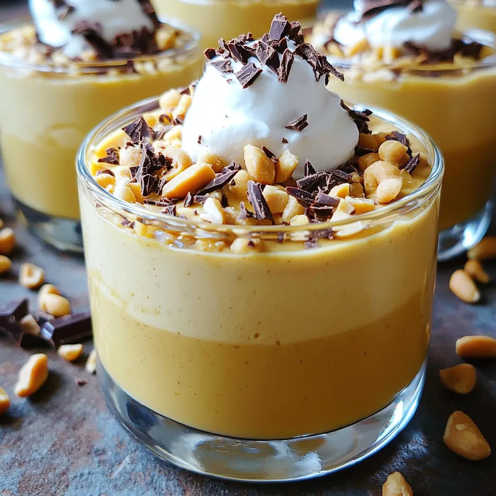 - 1 cup Greek yogurt (plain or vanilla) - 1/2 cup natural peanut butter - 1/4 cup honey or maple syrup (adjust to taste) - 1 scoop vanilla protein powder - 1 teaspoon vanilla extract - 1/4 teaspoon salt - 1/4 cup whipped cream (optional, for a lighter texture) - Chopped peanuts and dark chocolate shavings (for garnish) The stars of this mousse are Greek yogurt and peanut butter. Greek yogurt gives a creamy base and packs protein. Peanut butter adds rich flavor and healthy fats. Honey or maple syrup sweetens it just right. You can get creative with add-ins. Try mixing in: - A pinch of cinnamon for warmth. - A dash of cocoa powder for a chocolate twist. - A handful of crushed cookies for crunch. These add-ins can make the mousse more fun and tasty. Feel free to explore and find your favorite combo! Each ingredient brings something good for you: - Greek yogurt: High in protein and calcium, it helps build muscle and supports bones. - Natural peanut butter: Offers healthy fats and protein. It keeps you full longer. - Honey or maple syrup: Natural sweeteners that provide quick energy without refined sugar. - Vanilla protein powder: Boosts protein intake, helping with muscle repair and growth. - Whipped cream (optional): Adds lightness and creaminess, making it feel special. - Chopped peanuts and dark chocolate: Provide crunch and antioxidants, adding extra flavor and health benefits. This mousse is not just a treat; it’s also a smart choice for your body! To start, grab a large mixing bowl. Add 1 cup of Greek yogurt and 1/2 cup of natural peanut butter. Drizzle in 1/4 cup of honey or maple syrup. Then, add 1 scoop of vanilla protein powder, 1 teaspoon of vanilla extract, and 1/4 teaspoon of salt. Mix these ingredients with an electric mixer on medium speed. Beat until the mixture is smooth and creamy. Don’t forget to scrape the sides of the bowl. This step helps remove lumps from the peanut butter. If you want a lighter mousse, fold in 1/4 cup of whipped cream. Use a spatula for this. Be gentle to keep the air in the mousse. This creates a fluffy texture that feels great in your mouth. The whipped cream adds a nice touch, making each bite enjoyable. Spoon the mousse into serving cups or decorative bowls. Cover them and refrigerate for at least 30 minutes. This step helps the mousse set and blend flavors. Just before serving, sprinkle chopped peanuts and dark chocolate shavings on top. This adds a crunchy texture and a burst of flavor. Enjoy your Protein Peanut Butter Yogurt Mousse as a snack or dessert! To get the best texture, use full-fat Greek yogurt. It gives a rich taste. When mixing, beat the ingredients until smooth and creamy. Scrape the bowl often. This helps avoid lumps from the peanut butter. If you want a lighter mousse, fold in whipped cream gently. This adds air and makes it fluffy. Taste your mousse before serving. You can add more honey or maple syrup if needed. One common mistake is not mixing long enough. If you rush, your mousse may be grainy. Another mistake is using cold ingredients. Let your yogurt and peanut butter sit out for a bit. This makes them easier to blend. Also, be careful not to overfold the whipped cream. This can deflate your mousse and ruin the texture. Lastly, don't skip the salt. It boosts the flavors in your mousse. You can make this mousse your own with easy changes. Try different nut butters like almond or cashew. For a chocolate twist, add cocoa powder or chocolate chips. Want extra crunch? Toss in some granola or crushed cookies. You can also switch the sweetener. Agave or coconut sugar works well too. Use flavored protein powder for a fun change. These simple tweaks can create a unique mousse just for you. {{image_4}} You can switch honey or maple syrup for other sweeteners. Stevia or agave syrup works well. These options can change the flavor and sweetness level. Stevia is often much sweeter, so use less. Agave has a mild taste and blends nicely. Each sweetener can give your mousse a unique twist. This gives you flexibility to fit your taste. To make this mousse dairy-free or vegan, use plant-based yogurt. Almond or coconut yogurt can work great. Replace the honey with maple syrup for a vegan option. Use a vegan protein powder too. This way, everyone can enjoy this creamy delight without dairy. Even without milk, you still get a rich flavor. Want to jazz up your mousse? Add cocoa powder for a chocolate version. A teaspoon of cinnamon or nutmeg can add warmth. You can also try adding a splash of coffee for a mocha flavor. For a fruity twist, blend in some berries. Each flavor addition can create a new dessert experience. Just remember to adjust the sweetness to balance the flavors. To keep your Protein Peanut Butter Yogurt Mousse fresh, store it in an airtight container. This way, the mousse stays smooth and tasty. If you use a bowl, tightly cover it with plastic wrap. Label the container with the date you made it. This helps you know when to enjoy it. When stored properly, the mousse lasts about 3 to 5 days in the fridge. The flavor will stay great during this time. However, for the best taste and texture, try to eat it within 3 days. After that, the mousse may start to lose its creaminess. Do not heat the mousse. It is best served cold. If it seems too thick after storage, gently stir in a little milk or yogurt. This helps make it smooth again. Taste it and adjust sweetness if needed. Enjoy your mousse as a cool treat! Yes, you can use non-fat yogurt. However, Greek yogurt adds creaminess and protein. Non-fat yogurt may make the mousse less rich and thick. The best protein powder is one that you enjoy. I like vanilla whey or plant-based options. Both add flavor and protein without being too overpowering. To lower calories, use less peanut butter or honey. You can also skip the whipped cream. Consider using a low-calorie sweetener if you want more sweetness. Yes, you can freeze the mousse. Store it in an airtight container. It will last about one month, but the texture may change when thawed. Yes, this recipe is great for meal prep. You can make it ahead and store it in the fridge. It keeps well for up to three days, making it a quick snack or dessert. You now have a solid understanding of making protein peanut butter yogurt mousse. We explored key ingredients, their benefits, and how to prepare and serve the dish. I shared tips to enhance texture and flavor, along with common mistakes to avoid. We discussed fun variations, storage tips, and answered important questions. You can easily customize the mousse to fit your taste. Enjoy this tasty treat guilt-free, knowing it fuels your body, too.