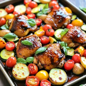 - 4 boneless, skinless chicken thighs - 2 cups baby potatoes, halved - 1 cup assorted bell peppers, sliced - 1 cup zucchini, sliced - 1 cup cherry tomatoes - 1/4 cup balsamic vinegar - 3 tablespoons olive oil - 2 tablespoons Dijon mustard - 2 teaspoons garlic powder - 1 teaspoon dried oregano - Salt and pepper to taste For this dish, chicken thighs work best. They stay juicy and tender. Baby potatoes provide a hearty base, while bell peppers, zucchini, and cherry tomatoes add vibrant colors and flavors. The balsamic vinegar, olive oil, and Dijon mustard create a rich marinade that infuses every bite with taste. - Fresh basil leaves - Additional seasonings Fresh basil leaves add a pop of color and flavor. You can sprinkle extra salt, pepper, or even some crushed red pepper for heat. These optional garnishes help elevate your dish, making it not only tasty but also visually appealing. Preheating the Oven Preheat your oven to 425°F (220°C). A hot oven helps the chicken and veggies roast well. Preparing the Marinade In a large bowl, combine 1/4 cup balsamic vinegar, 3 tablespoons olive oil, and 2 tablespoons Dijon mustard. Add 2 teaspoons garlic powder, 1 teaspoon dried oregano, and salt and pepper to taste. Whisk it all together until mixed well. Marinating the Chicken Add 4 boneless, skinless chicken thighs to the marinade. Toss the chicken gently until it's fully coated. Let it marinate for about 15 minutes. This time allows the chicken to soak up the flavors. Arranging Ingredients on the Sheet Pan On a large sheet pan, spread out 2 cups of halved baby potatoes, 1 cup of sliced bell peppers, 1 cup of sliced zucchini, and 1 cup of cherry tomatoes. Drizzle a little olive oil over the veggies and sprinkle with salt and pepper. Toss them to coat evenly. Baking Time and Temperature Make a space in the center of the pan and place the marinated chicken thighs there. Pour any leftover marinade over everything. Bake in the preheated oven for 25-30 minutes. The chicken should reach an internal temperature of 165°F (74°C). The veggies will become tender and caramelized. Enjoy the great smells while it cooks! Recommended Cooking Times Cook the chicken and veggies for 25 to 30 minutes. You want the chicken thighs to be fully cooked. They should reach an internal temperature of 165°F (74°C). The veggies should be tender and slightly caramelized. Use a meat thermometer for best results. Ensuring Chicken is Cooked Properly Always check the thickest part of the chicken. If it’s no longer pink and the juices run clear, it’s done. If not, put it back in the oven for a few more minutes. This step ensures you serve safe, tasty food. Adding Extra Seasonings Feel free to boost the flavor! Add more garlic powder or a pinch of red pepper flakes for heat. You can also sprinkle some smoked paprika or fresh herbs like thyme or rosemary. These small changes can make a big difference. Using Fresh Ingredients Always choose fresh veggies. Fresh bell peppers, zucchini, and tomatoes give the best taste and texture. Organic ingredients can add even more flavor. If you can, use fresh herbs like basil for garnish. They add a pop of color and freshness. {{image_4}} You can easily change the veggies in this dish. Try using broccoli, carrots, or asparagus. These will give a nice crunch and taste. For a twist, add sweet potatoes or squash. Remember, the key is to keep the colors bright and the textures varied. If you want to switch the chicken, consider using boneless thighs or breast. You could also use turkey or pork. For a plant-based option, try chickpeas or firm tofu. Just make sure to adjust the cooking time for these proteins. In spring, consider adding peas or fresh asparagus. These veggies are bright and sweet. They pair well with the balsamic flavor. For summer, try using corn, green beans, or eggplant. These add a nice seasonal flair. When fall arrives, think about using root vegetables. Carrots, parsnips, and sweet potatoes work well. They bring warmth and heartiness to the dish. In winter, Brussels sprouts and cauliflower are great choices. They hold up well in the oven and taste fantastic. - Refrigeration Tips: Allow your chicken and veggies to cool before storing. Use an airtight container to keep them fresh. Store in the fridge for up to three days. - Freezing Instructions: If you want to freeze leftovers, place them in a freezer-safe container. They last for about three months in the freezer. Thaw in the fridge overnight before reheating. - Best Methods for Reheating: The oven is best for reheating this dish. Preheat to 350°F (175°C). You can also use a microwave, but the oven keeps it crispy. - Recommended Times and Temperatures: Heat in the oven for about 15-20 minutes until warm. If using a microwave, heat in 1-minute bursts until hot. Ensure the chicken reaches 165°F (74°C) for safe eating. How long can I marinate the chicken? You can marinate the chicken for about 15 to 30 minutes. This time lets the flavors soak in well. If you have more time, you can marinate it longer, even overnight, in the fridge for deeper flavor. Can I use chicken breasts instead of thighs? Yes, you can use chicken breasts. They will cook faster than thighs. Just ensure they reach the right temperature to stay juicy. What temperature should the chicken reach? The chicken should reach an internal temperature of 165°F (74°C). Use a meat thermometer to check for safety. This ensures your chicken is cooked through and safe to eat. Can I make this dish ahead of time? Yes, you can prepare this dish ahead of time. You can marinate the chicken and chop the veggies. Store them in the fridge for up to a day. When you are ready, just bake them together for a quick meal. This article covered the main ingredients for a tasty chicken and vegetable dish. We talked about key components like the marinade and fresh garnishes. I shared step-by-step instructions to help you prepare and cook easily. Tips for perfecting the dish and flavor ideas were included too. In the end, this meal is simple and adaptable. Use seasonal ingredients and leftovers wisely. Enjoy cooking and impressing others with your skills!