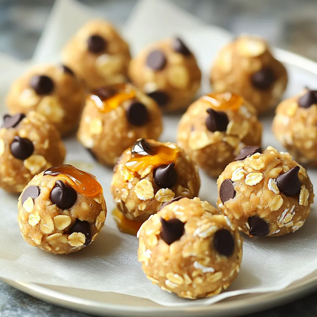 To make these tasty No-Bake Cookie Dough Protein Bites, gather these key ingredients: - 1 cup rolled oats - 1/2 cup natural peanut butter - 1/4 cup honey or pure maple syrup - 1/4 cup vanilla protein powder - 1/2 cup mini dark chocolate chips - 1/4 teaspoon salt - 1 teaspoon pure vanilla extract - Optional: 1/4 cup chopped nuts (like walnuts or almonds) These simple ingredients come together quickly to create a yummy snack. You can easily swap some ingredients based on what you have. If you're out of rolled oats, quick oats work well too. For nut butter, try almond butter if you need a change. If you prefer a vegan option, use maple syrup instead of honey. You can also switch the protein powder for any flavor you like, such as chocolate or even unflavored. If you want a nut-free version, skip the nuts and use seeds like sunflower seeds instead. These protein bites not only taste great but also pack a nutritional punch. Each bite is a good source of protein, healthy fats, and fiber. Here’s a quick look at what one bite offers: - Calories: About 100 - Protein: 4g - Carbohydrates: 10g - Fat: 5g - Fiber: 2g These numbers can vary based on your choices in ingredients, like the type of nut butter or protein powder. Enjoy these bites as a healthy snack or a pre-workout boost! Start by grabbing a large mixing bowl. In this bowl, add 1 cup of rolled oats. Next, scoop in 1/2 cup of natural peanut butter. You can choose creamy or crunchy based on what you like. Then, pour in 1/4 cup of honey or pure maple syrup for a vegan option. Add 1/4 cup of vanilla protein powder and 1/4 teaspoon of salt. Finally, include 1 teaspoon of pure vanilla extract. Now, it's time to mix! Use a spatula or your hands to blend the ingredients. Keep mixing until you form a dough that sticks together but is still easy to handle. This step is crucial as it makes sure every bite is tasty. Once your mixture is ready, it’s time to shape the protein bites. Use a tablespoon to scoop out some dough. Roll this into a ball about 1 inch wide. You should be able to make about 12 bites from the mixture. As you roll, place the balls on a parchment-lined baking sheet or plate. This step helps them not stick together. Make sure to leave some space between each bite so they don’t touch. After forming the bites, it's time for them to chill. Place the baking sheet or plate in the refrigerator. Let the bites chill for at least 30 minutes. This helps them firm up and makes them more enjoyable to eat. Once chilled, they are ready to enjoy! For best freshness, store them in an airtight container in the fridge. This recipe makes a great snack that’s both healthy and delicious! Mixing correctly makes a big difference in your bites. Start with a large bowl. Add the rolled oats, peanut butter, honey, protein powder, salt, and vanilla extract. Use your hands or a spatula to mix. Keep mixing until it’s a sticky dough. If it feels too dry, add a bit more peanut butter or honey. If it’s too wet, add more oats. Want more texture? Add chopped nuts like walnuts or almonds. These give a nice crunch. For extra flavor, try adding a pinch of cinnamon or a dash of sea salt on top. Mini dark chocolate chips are a must for sweetness. If you like, swap them for dried fruits like cranberries or raisins. These protein bites are great as snacks! Serve them after school or before a workout. You can also pack them in lunchboxes. For a fun twist, roll them in shredded coconut or crushed nuts. Friends will love these bites at parties too. Enjoy them fresh or chilled for a cool treat! {{image_4}} To make these protein bites vegan, simply swap honey for pure maple syrup. This sweetener keeps the bites sticky and sweet. You can also use plant-based protein powder instead of whey. Both changes keep the bites delicious and suitable for a vegan diet. There are many ways to change the flavor of your protein bites. You can mix in spices like cinnamon or nutmeg for warmth. Adding a tablespoon of cocoa powder gives a rich chocolate flavor. For a fruity twist, try adding dried cranberries or raisins. These options add fun textures and tastes. If you want to lower sugar, consider using stevia or monk fruit. These are natural sweeteners that can keep the flavor sweet without adding calories. You can use them in place of honey or maple syrup. Just start with a small amount and taste as you mix. This way, you can find the perfect balance for your bites. You can store these protein bites in an airtight container. This helps keep them fresh and tasty. Place a layer of parchment paper between layers to avoid sticking. I like to use a glass container for easy viewing. In the fridge, these protein bites last for about one week. If you freeze them, they can last for up to three months. Just make sure to wrap each bite well before freezing. Thaw them in the fridge for a few hours before enjoying. To prevent sticking, use parchment paper on your storage container. You can also lightly dust the bites with some extra protein powder. Another tip is to roll them in crushed nuts or oats to add a barrier. This keeps them from fusing together. Yes, you can use different nut butters. Almond butter, cashew butter, or sunflower seed butter work great. Each nut butter adds its unique flavor and texture. If you choose a nut butter with added sugar, cut back on other sweeteners. These protein bites last about one week in the refrigerator. Store them in an airtight container to keep them fresh. You can also check for any signs of spoilage like an off smell or change in texture. Yes, you can freeze these protein bites. Place them in a single layer on a baking sheet to freeze them first. Once they are firm, transfer them to an airtight container or freezer bag. They will last for about three months in the freezer. Just thaw them in the fridge before enjoying! This blog post covered key points on making protein bites. You learned about ingredients, how to mix them, and tips for the best results. We explored tasty variations and storage options to keep them fresh. These bites are easy, healthy, and fun to make. With these simple steps, you can enjoy a nutritious snack anytime. Try different flavors and share your creations with friends.