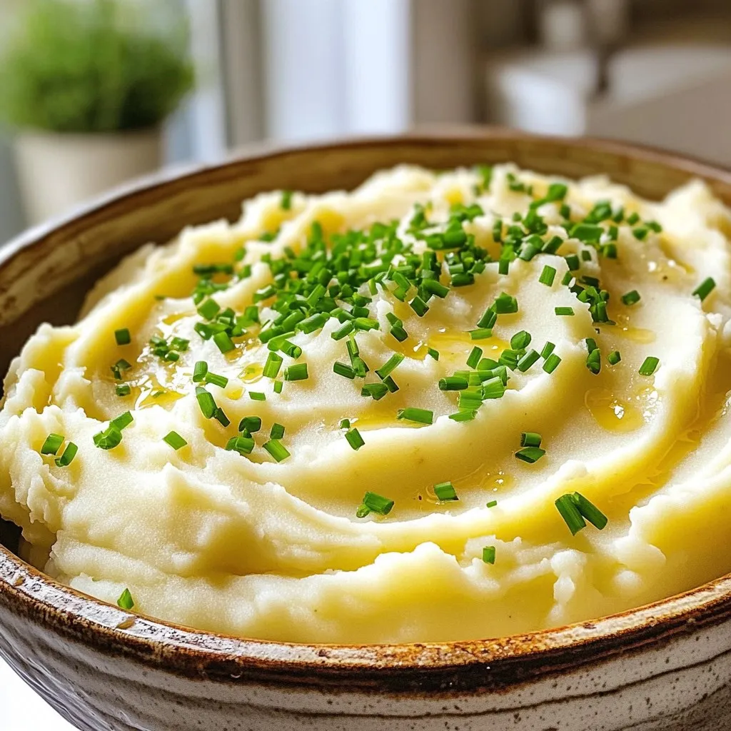 To create Slow Cooker Creamy Garlic Mashed Potatoes, you need a few key items: - 3 pounds Yukon Gold potatoes, peeled and cut into uniform cubes - 5 cloves garlic, finely minced - 1 cup chicken or vegetable broth (low sodium recommended) - 1 cup heavy cream - 1 stick (1/2 cup) unsalted butter, cut into small cubes - 1 teaspoon salt (adjust to taste) - 1/2 teaspoon freshly ground black pepper - 1/4 cup sour cream - 2 tablespoons fresh chives, finely chopped (for garnish) These ingredients work together to create a rich and creamy texture, with garlic adding a lovely depth of flavor. If you want to switch things up, there are some good alternatives: - You can use Russet potatoes for a fluffier texture. - For a lighter option, swap heavy cream with half-and-half or milk. - If you prefer a vegan dish, replace butter with olive oil and use plant-based cream. - Use roasted garlic instead of raw for a sweeter, milder taste. Feel free to mix and match these options to suit your taste or dietary needs. The quality of your ingredients makes a big difference. Here’s why: - Potatoes: Yukon Gold potatoes are creamy and buttery. They mash beautifully. - Garlic: Fresh garlic gives the best flavor. Avoid pre-minced options. - Broth: Low-sodium broth lets you control the salt level in your dish. - Cream and Butter: Use high-quality dairy for the richest taste. Investing in good ingredients leads to better results. You’ll notice the difference in flavor and texture. Start by peeling 3 pounds of Yukon Gold potatoes. Cut them into 1-inch cubes. This size helps them cook evenly. Next, finely mince 5 cloves of garlic. The garlic adds a rich flavor to the potatoes. Place the cubed potatoes in the slow cooker. Spread the minced garlic evenly over the potatoes. Pour in 1 cup of chicken or vegetable broth. This keeps the potatoes moist while cooking. Add 1 stick of unsalted butter, cut into small cubes. Sprinkle in 1 teaspoon of salt and 1/2 teaspoon of black pepper. Stir gently to combine everything. Cover the slow cooker and set it to low for 6-7 hours or high for 3-4 hours. The potatoes should be fork-tender when done. Once the potatoes are soft, it’s time to mash. Use a potato masher or an electric hand mixer. Mash until you reach your desired smoothness. Slowly add 1 cup of heavy cream and 1/4 cup of sour cream. Stir continuously to make the mixture creamy. Taste and adjust the seasoning with more salt or pepper as needed. For an extra kick, mix in more minced garlic or chopped chives. Serve warm and enjoy! To get that creamy texture, use Yukon Gold potatoes. Their starch content gives a smooth finish. Cut the potatoes into even cubes, around one inch. This ensures they cook evenly. After cooking, mash them well. Then, slowly mix in the heavy cream and sour cream. This step is key for creaminess. A good potato masher or an electric hand mixer works best for mashing. I prefer the hand mixer for a super smooth consistency. A slow cooker is essential to keep everything cooking gently. Use a sturdy cutting board and a sharp knife for chopping the potatoes. These tools make prep quick and easy. Avoid using high-starch potatoes like Russets. They can make the mash gluey. Don’t skip the broth; it adds flavor and moisture. Also, be careful not to overmix after adding the cream. Overmixing can lead to a gummy texture. Lastly, taste before serving. Adjust the salt and pepper to your liking for the best flavor. {{image_4}} You can make these mashed potatoes extra special. Try adding cheese for a rich flavor. Creamy cheddar or tangy goat cheese works well. Just mix in about one cup after mashing. Fresh herbs can also add a bright taste. Chives, rosemary, or thyme are great choices. Chop them finely and stir them in. This will make your dish pop with flavor. Want to make this dish vegan? No problem! Swap the heavy cream for coconut milk. It keeps the creaminess but adds a nice twist. Use vegan butter in place of regular butter. You can also skip the sour cream. Instead, try adding a little lemon juice for tang. This keeps the dish light and fresh. When serving, think about presentation. A rustic bowl makes the dish look inviting. Garnish with fresh chives or a drizzle of olive oil. For a festive touch, add some crispy bacon bits. You can pair these mashed potatoes with roast chicken or grilled veggies. They make a perfect side for any meal. To store leftover mashed potatoes, let them cool first. Transfer the potatoes to an airtight container. I recommend using glass or plastic containers with tight lids. Make sure to cover them well to avoid drying out. Stored this way, they last in the fridge for up to three days. When reheating, you want to keep them creamy. Place the mashed potatoes in a pot over low heat. Add a splash of milk or cream to help with creaminess. Stir often to avoid sticking. Heat until warm and creamy, about 5-10 minutes. You can also use the microwave, but stir every minute to heat evenly. You can freeze creamy mashed potatoes for longer storage. First, let them cool completely. Then, spoon them into freezer-safe bags or containers. Remove as much air as possible before sealing. They can be frozen for up to a month. To thaw, place them in the fridge overnight. Reheat as described above for best results. Yes, you can use other potatoes. Russet potatoes are great for a fluffy texture. Red potatoes are waxy and creamy but may result in a denser mash. Each type brings a unique flavor and feel. Experiment to find your favorite! To speed up the cooking time, cut the potatoes into smaller cubes. Use the high setting on your slow cooker for 3-4 hours. Alternatively, you can boil the potatoes on the stove until fork-tender, then mash and mix with the other ingredients. This method saves time without losing flavor. You can add many things to enhance the taste. Try mixing in more garlic for a stronger flavor. Cheese, like cheddar or Parmesan, adds richness. Fresh herbs, such as rosemary or thyme, give a fresh twist. You can also use smoked paprika for a subtle heat. Get creative and make it your own! In this blog post, we explored how to make creamy garlic mashed potatoes in a slow cooker. We covered key ingredients, their quality, and how they impact flavor. You learned step-by-step instructions for prepping, cooking, and mashing. Tips and tricks helped you avoid common mistakes and achieve the best texture. We also discussed variations for different tastes and dietary needs, along with storage and reheating tips. With these insights, you can enjoy perfect mashed potatoes every time. Happy cooking!