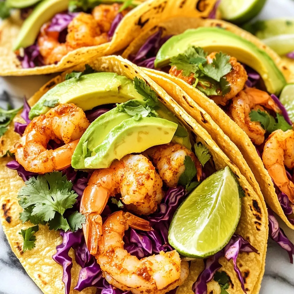 - 1 pound large shrimp, peeled and deveined - 1 tablespoon extra virgin olive oil - 2 teaspoons chili powder - 1 teaspoon garlic powder - 1 teaspoon ground cumin - Zest and juice of 1 fresh lime - Sea salt and freshly cracked black pepper to taste - 8 small corn tortillas - 1 cup red cabbage, thinly sliced - 1 ripe avocado, sliced - Fresh cilantro sprigs for garnish - Lime wedges, for serving To make these tacos, you need quality ingredients. Start with large shrimp. They should be fresh, peeled, and deveined. This makes cooking easier and ensures a good texture. Next, add olive oil. It adds richness and helps the spices stick. The chili powder gives your shrimp a nice kick. Garlic powder adds depth, while ground cumin gives a warm flavor. Lime is key! Use both the zest and juice from a fresh lime. It brightens the dish. Don't forget sea salt and black pepper for seasoning. For the tacos, choose small corn tortillas. They hold the filling well. Add a cup of thinly sliced red cabbage for crunch and color. A ripe avocado brings creaminess to balance flavors. Finally, garnish with fresh cilantro for a pop of flavor and serve with lime wedges for extra zing. Gather these ingredients, and you're ready to create a delicious meal! To start, gather your shrimp and a mixing bowl. Add the peeled and deveined shrimp into the bowl. Next, pour in 1 tablespoon of olive oil. Then, sprinkle in 2 teaspoons of chili powder, 1 teaspoon of garlic powder, and 1 teaspoon of ground cumin. Add the zest and juice of 1 lime. Season with sea salt and freshly cracked black pepper to taste. Use a spatula to mix well. Make sure every shrimp is coated in the marinade. Let it sit for 15-20 minutes at room temperature. This helps the shrimp absorb all the flavors. Preheating your air fryer is key. It helps the shrimp cook evenly and quickly. Set the air fryer to 400°F (200°C) while the shrimp marinates. This way, it's ready as soon as your shrimp is. Once the shrimp is marinated, it’s time to cook. Place the shrimp in the air fryer basket in one layer. Avoid overcrowding the basket. Cook for 6-8 minutes. Shake the basket halfway through. This step ensures all shrimp cooks evenly. Look for the shrimp to turn pink and opaque. That means they’re done! While the shrimp cooks, warm your tortillas. You can use a skillet or a microwave. For the skillet method, heat each tortilla for about 30 seconds on both sides. If using a microwave, wrap them in a damp paper towel and heat for about 30 seconds. This keeps them soft and easy to fold. Now, let’s assemble the tacos! Take a warm tortilla and add a nice amount of cooked shrimp in the center. Next, add a handful of sliced red cabbage for crunch. Finish with a few slices of avocado for creaminess. Layering is key for great flavor and texture. For the final touch, garnish with fresh cilantro sprigs. Squeeze some lime juice over each taco to brighten the flavors. Arrange the tacos on a colorful platter. Add lime wedges around for decoration. This makes it easy for everyone to add more lime if they want. Enjoy your tasty tacos! To make shrimp tasty, marinate them well. Combine shrimp with olive oil, chili powder, garlic powder, ground cumin, lime zest, lime juice, sea salt, and black pepper. Stir to coat the shrimp evenly. Marinate for 15 to 20 minutes. This time helps flavors soak in deeply. For spices, feel free to add a pinch of smoked paprika or cayenne for extra kick. Adjust seasoning based on your taste. Use fresh lime juice for the best flavor. Fresh ingredients make a big difference. Avoid overcrowding the air fryer basket. If you pack it too tight, shrimp will steam instead of crisp. Cook in batches if needed. Keep space for hot air to circulate. Check for doneness by looking for pink, opaque shrimp. They should curl slightly when done. If unsure, use a meat thermometer. Shrimp is safe to eat at 120°F (49°C). To keep tortillas soft, warm them just before serving. Use a skillet on medium heat. Place tortillas on the skillet for 30 seconds on each side. This method gives them a nice, warm texture. You can also use the microwave. Wrap tortillas in a damp paper towel and heat for 30 seconds. This helps keep them pliable and easy to fold. Both methods work well, so choose what fits your time best. {{image_4}} You can easily switch shrimp for chicken or fish. Chicken works well when cut into small pieces. Marinate it just like shrimp. Cook until it reaches a safe temperature of 165°F. Fish, like tilapia or cod, can also shine here. Use a similar marinade, adjusting the cooking time to about 4-6 minutes. If you want a vegetarian option, consider using tofu or jackfruit. For tofu, press it to remove water, then marinate and cook. Jackfruit can be shredded and seasoned for a meaty texture. Change up the spices to create new tastes. Try smoked paprika for a smoky kick or cayenne for heat. You can also mix in some cumin or coriander for a different flavor layer. For sauces, think beyond lime. A creamy chipotle sauce adds heat and richness. A fresh mango salsa can add sweetness and brightness. Just blend diced mango with lime juice and cilantro for a refreshing twist. Pair these tacos with fresh sides. A simple side salad with ripe tomatoes and cucumbers works great. Consider serving with corn on the cob for sweetness. For drinks, a cold beer or a fruity mocktail complements the flavors well. You can also serve chips and salsa as a crunchy side. This keeps the meal fun and vibrant. To keep leftover shrimp fresh, place it in an airtight container. Store it in the fridge. It will last for up to three days. For best taste, eat it sooner. If you want to store shrimp for longer, freezing is a good option. Place shrimp in a freezer bag, removing as much air as possible. Label the bag with the date. Frozen shrimp can last up to three months. When ready to eat, thaw shrimp overnight in the fridge. To keep tortillas fresh, store them in their original packaging. You can also wrap them in foil or plastic wrap. This method helps prevent them from drying out. If you need to reheat tortillas, you can do this easily. Warm them in a skillet on medium heat for about 30 seconds on each side. Alternatively, you can microwave them. Wrap the tortillas in a damp paper towel and microwave for about 30 seconds. It's best to store tacos unassembled. This way, the tortillas stay crisp. If you already assembled tacos, eat them within a few hours. The shelf life of assembled tacos is short. The longer they sit, the soggier they get. If you have leftover assembled tacos, keep them in the fridge. They will last for about one day. Reheat them gently in the air fryer or oven to keep them warm and crispy. To make shrimp tacos spicy, you can add a few options: - Cayenne pepper: Mix in a pinch for heat. - Hot sauce: Drizzle some on top before serving. - Jalapeños: Chop and add fresh slices in the tacos. - Chipotle powder: Use this for a smoky flavor and heat. Try these options to find your perfect spice level! Yes, you can use frozen shrimp! Here’s how: - Thaw in the fridge: Place the shrimp in the fridge overnight. - Quick thaw method: Submerge shrimp in cold water for 15-20 minutes. Make sure to pat them dry before marinating. This helps the spices stick well. If you want a creamy texture without avocado, try these options: - Greek yogurt: It adds creaminess and a tangy flavor. - Sour cream: This is another great choice for richness. - Hummus: Use plain or flavored hummus for a unique twist. - Guacamole: If you have it, this works well too! These alternatives keep your tacos tasty and satisfying. Cooked shrimp can last for up to 3-4 days in the fridge. Here are some tips: - Store in an airtight container: This keeps them fresh. - Cool before storing: Let them cool to room temperature first. If you won’t eat them in time, freezing is a great option! Yes, air fryer tacos can be very healthy! Here’s why: - Less oil: Air frying uses less oil than frying. - Retains nutrients: Shrimp is a lean protein with many nutrients. - Fresh toppings: Using fresh veggies like cabbage adds fiber. You can enjoy your tacos without the guilt! In this blog post, we explored making delicious shrimp tacos using fresh ingredients and simple steps. We covered marinating shrimp, cooking in the air fryer, and warming tortillas. We also discussed tips for flavor, variations for proteins, and proper storage. These easy tacos can impress anyone. With a few changes, you can tailor them to your tastes. Enjoy the fun of cooking and savoring your shrimp tacos!