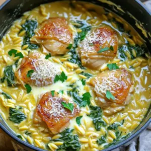 - 1 lb (450g) boneless, skinless chicken thighs, diced into bite-sized pieces - 2 tablespoons unsalted butter - 4 cloves garlic, minced (about 1 tablespoon) - 1 cup orzo pasta - 3 cups low-sodium chicken broth - 1 cup heavy cream - 1 cup fresh spinach, tightly packed - ½ cup grated Parmesan cheese (plus extra for serving) - 1 teaspoon dried Italian herb blend - Salt and freshly cracked black pepper, to taste - Fresh parsley, finely chopped (for garnish) - Cups and Tablespoons: Use measuring cups for liquids. A tablespoon measures small amounts like butter. - Weight Measurements: Use a kitchen scale for chicken to ensure accuracy. Searing the Thighs Start by melting the unsalted butter in a large pot over medium heat. When the butter bubbles, add the diced chicken thighs. Make sure to season them well with salt and pepper. Cook the chicken for 5-7 minutes. Stir occasionally until the chicken turns golden brown and is no longer pink inside. Seasoning Tips Use a good amount of salt and freshly cracked black pepper. This adds great flavor to the chicken. You can also try adding some dried Italian herbs for extra taste. Timing for Garlic Once the chicken is done, it’s time to add the minced garlic. Stir it in and sauté for about 1 minute. You want it to become fragrant but not burn. Burnt garlic can ruin the dish. Avoiding Burnt Garlic Keep your heat at medium and watch the garlic closely. If it starts to brown too fast, lower the heat. This step is key to keeping the garlic tasty and vibrant. Adding Broth and Simmering Now, add the orzo pasta to the pot and stir it well. Pour in 3 cups of low-sodium chicken broth and raise the heat to bring it to a gentle simmer. Let it cook uncovered for about 10 minutes. Stir occasionally to prevent sticking. Achieving Al Dente Texture You want the orzo to absorb the broth and become al dente. This means it should be firm but not hard. Check it around the 10-minute mark. If it’s still too firm, let it simmer for a few more minutes. Heavy Cream Benefits Using heavy cream makes this dish rich and smooth. It adds a nice thickness to the sauce. This cream helps the flavors blend well. You can also try mixing in some cream cheese for an extra boost of creaminess. Additional Cheese Options Parmesan cheese gives a great taste. You can also use cheddar or mozzarella. These cheeses melt well and add a nice pull. Feel free to mix cheeses for fun flavors. Overcooking the Orzo Be careful not to overcook the orzo. It cooks quickly, usually in about 10 minutes. If you leave it too long, it can get mushy. Make sure to stir and check for that perfect bite. Burning the Garlic Garlic burns fast, so watch it closely. Add it to the pot after the chicken cooks. Sauté it for just a minute. If it burns, it will taste bitter and ruin the dish. Side Dishes to Pair This creamy chicken orzo goes well with a fresh salad. You can also serve it with garlic bread. Roasted vegetables add color and crunch, making your meal complete. Best Serving Practices Serve the orzo hot in shallow bowls. This way, everyone can enjoy the creamy sauce. Top it with extra cheese and parsley for a pretty finish. Enjoy each bite! {{image_4}} Substituting Chicken You can swap chicken thighs for leaner chicken breasts. This choice cuts fat and calories. You can also use turkey for a different flavor. Each option keeps the dish tasty and satisfying. Adding More Vegetables Boost nutrition by adding more veggies! Try diced bell peppers, mushrooms, or zucchini. These not only add color but also increase fiber. Fresh broccoli or peas can pack a punch of flavor too. Adding Different Herbs Fresh herbs can elevate your dish. Try basil, thyme, or rosemary for a new twist. You can also add fresh dill for a unique taste. Just chop and sprinkle them in during cooking. Infusing with Lemon A splash of lemon juice brightens the dish. Add it right before serving for a fresh kick. Lemon zest adds even more flavor and aroma. This simple change makes the dish feel lighter. Gluten-Free Options To make this dish gluten-free, choose gluten-free orzo. There are many brands available that taste great. This way, everyone can enjoy this creamy delight without worry. Dairy-Free Alternatives To make this dish dairy-free, swap heavy cream for coconut milk. It gives a nice creaminess while keeping the flavor rich. Nutritional yeast can replace Parmesan for a cheesy taste. - Proper Containers: Use airtight containers for best results. Glass or plastic containers work well. - Shelf Life: Store in the fridge for up to three days. This keeps the dish fresh and tasty. - Best Method to Reheat: Use the stove for even heating. Warm on low heat to keep the dish creamy. - Avoiding Dryness: Add a splash of chicken broth or cream while reheating. This helps maintain moisture. - Freezing Before Cooking: You can freeze the chicken and orzo mixture. Just do not add cream or spinach yet. - Thawing and Reheating: Thaw overnight in the fridge. Reheat on the stove, then add cream and spinach. Stir well to combine. Yes, you can! While orzo gives a nice texture, other pasta works too. Recommended Substitutes: - Small Shells: They hold sauce well. - Farfalle: This butterfly shape adds fun. - Ditalini: Perfect for a creamy dish. Each pasta brings its own flair. Just adjust cooking times as needed. Adding heat is easy! Spice it up to fit your taste. Adding Heat with Ingredients: - Red Pepper Flakes: Start with a pinch and add more as needed. - Hot Sauce: Drizzle in your favorite sauce while cooking. - Jalapeños: Chop them finely and mix in with the chicken. These additions boost flavor and heat. Just remember to start small to avoid overpowering the dish. Yes, meal prep is a great way to enjoy this dish later! Preparation Tips for Meal Prep: - Cook and Cool: Make the dish and let it cool before storing. - Use Airtight Containers: This keeps it fresh in the fridge. - Reheat Gently: Warm it on low heat. Add a splash of cream if it’s too thick. Making it ahead saves time and keeps meals easy! This blog post detailed how to create a delicious chicken and orzo dish. I covered key ingredients, step-by-step cooking methods, and tips for perfecting it. Remember to watch the garlic and orzo to avoid mistakes. Explore variations for healthier and flavorful options. Proper storage can keep your meal fresh. The right seasoning and garnishing can elevate your dish. Enjoy the process and make it your own. Cooking is about creativity and fun. You now have the tools to impress and enjoy!