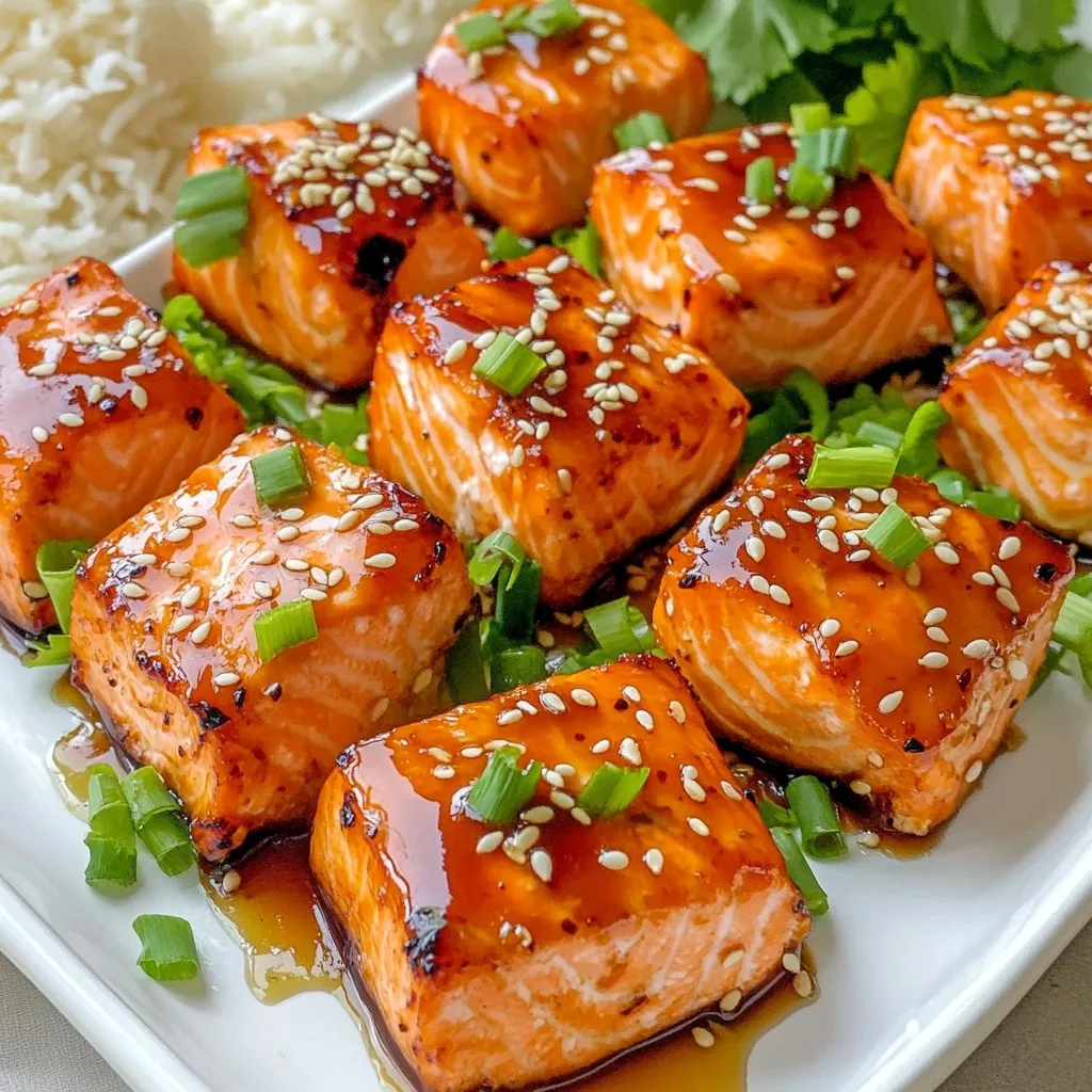 - 1 pound fresh salmon fillet, skin removed and cut into bite-sized cubes - 1/4 cup teriyaki sauce (store-bought or homemade) - 1 tablespoon honey for sweetness - 1 tablespoon sesame oil for richness - 2 cloves fresh garlic, minced finely - 1 teaspoon freshly grated ginger for an aromatic touch - 1 tablespoon sesame seeds for garnish - 2 green onions, finely chopped for freshness - Salt and pepper to taste Using fresh salmon fillets makes a big difference in taste. Cut them carefully into cubes, about one inch each. The salmon bites soak up the teriyaki flavor well. You can use store-bought teriyaki sauce or make your own. I often mix soy sauce, brown sugar, and a dash of rice vinegar for a quick version. Adding honey gives the bites a sweet touch. It balances the salty teriyaki sauce nicely. Sesame oil brings a rich, nutty flavor that enhances the dish. For aromatics, fresh garlic and ginger really shine. Mince the garlic finely for a stronger taste. Grate the ginger to release its oils. Garnish with sesame seeds for crunch. They add a nice texture. Green onions are perfect for freshness and color. You can also sprinkle salt and pepper for extra flavor. Adjust these to your taste. This ingredient list is simple, yet every item plays an important role. Each bite bursts with flavor. To start, gather your ingredients. In a medium bowl, combine the teriyaki sauce, honey, sesame oil, minced garlic, and grated ginger. Whisk these together until smooth. This marinade packs a punch of flavor and is key to making the salmon delicious. Next, take your salmon fillet and cut it into bite-sized cubes. Coat each cube in the marinade. Make sure each piece is covered well. Cover the bowl with plastic wrap or a lid. Let it marinate in the fridge for 15 minutes. This step helps the salmon soak up all those tasty flavors. After marinating, preheat your air fryer to 380°F (193°C). Let it heat for about 5 minutes. This ensures a good cooking temperature. Once hot, remove the salmon from the fridge. Pat the salmon cubes dry with a paper towel. This step helps the outside get crispy. Arrange the salmon bites in the air fryer basket. Make sure to space them out. Avoid overcrowding the basket for even cooking. Cook the salmon for 8-10 minutes. Shake the basket halfway through. The bites are ready when they are cooked through and slightly crispy on the edges. Carefully remove the salmon bites from the air fryer. Drizzle any leftover marinade over them. Garnish with sesame seeds and chopped green onions. A sprinkle of salt and pepper adds the final touch. Enjoy your tasty snack! Patting the salmon cubes dry is key. Moisture makes it hard for the salmon to crisp up. Use a paper towel to gently press on the cubes. This step helps achieve a crunchy exterior. It also allows the marinade to stick better. Do not overcrowd the air fryer basket. Spacing the salmon bites allows hot air to circulate. This circulation is important for even cooking. If you add too many pieces, they might steam instead of fry. Cook in batches if needed for the best results. You can change the marinade to fit your taste. Want it sweeter? Add more honey. Prefer spicy? Try adding Sriracha or red pepper flakes. This flexibility makes the recipe fun and personal. You can create a unique flavor every time you cook! {{image_4}} You can change the flavor of your teriyaki salmon bites by using different marinades. A homemade teriyaki sauce is easy to make. Just mix soy sauce, brown sugar, garlic, and ginger. This gives you a fresh taste. If you like heat, add Sriracha or red pepper flakes. This will spice things up and wake up your taste buds. Just a little will do! If you want to switch things up, try chicken or tofu. Chicken works well with teriyaki flavors too. Just cut it into bite-sized pieces like the salmon. Tofu is a great option for a plant-based meal. Use firm tofu for the best texture. Marinate it just like the salmon. Pair your teriyaki salmon bites with vegetables for a healthy meal. Steamed broccoli or carrots complement the flavors nicely. You can also serve them with rice. Fluffy white or brown rice soaks up the teriyaki sauce well. A fresh salad can add a crunchy touch. Enjoy your meal! To keep your teriyaki salmon bites fresh, store them in an airtight container. Make sure the lid seals tightly. This helps keep moisture and flavors locked in. Place the container in your fridge. Leftovers will stay good for up to three days. If you want to enjoy them later, storing them right is key. The best way to reheat your salmon bites is in the air fryer. Preheat the air fryer to 350°F (175°C). Place the salmon bites in the basket in a single layer. Heat them for about 5 minutes. This method keeps them crispy, just like when you first cooked them. You can also use the microwave, but this may make them soggy. If you want to freeze your salmon bites, let them cool first. Spread them on a baking sheet in a single layer. Freeze them for about an hour. Once frozen, transfer them to a freezer-safe bag or container. Make sure to remove as much air as possible. They can stay in the freezer for up to two months. To thaw, place them in the fridge overnight. You can then reheat them in the air fryer for a quick snack. To check for doneness, look for a few signs. The salmon should be opaque and flake easily with a fork. The ideal internal temperature is 145°F (63°C). Use a meat thermometer for an accurate read. When the edges of the salmon bites look crispy, they are ready to eat. Yes, you can use frozen salmon. Just make sure to thaw it completely before marinating. This helps the marinade soak in well. You can thaw salmon in the fridge overnight or use the microwave for a quick option. Pat the salmon dry before adding it to the marinade. This helps achieve that crispy texture. There are many delicious sides to pair with teriyaki salmon bites. Here are some great options: - Steamed rice for a filling base - A fresh salad with crisp veggies - Roasted vegetables for added flavor - Noodles tossed in soy sauce or sesame oil These sides will complement the rich flavors of the salmon perfectly. Enjoy your meal! In this article, we discussed how to make delicious teriyaki salmon bites. We covered essential ingredients like fresh salmon, teriyaki sauce, and seasonings. I shared step-by-step instructions for preparing the marinade and air frying the salmon. I also gave tips for achieving the perfect crispiness and offered variations for different tastes. Remember, you can store leftovers properly and reheat them easily. With these steps, you can enjoy tasty salmon bites that suit your flavor preferences. Enjoy cooking and sharing these bites with friends and family!