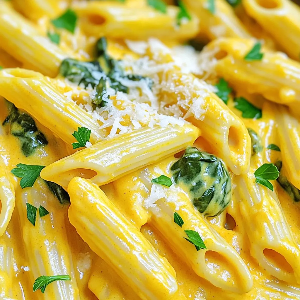 To make this dish, gather these main ingredients: - 12 oz penne pasta - 1 cup pumpkin puree - 1 cup fresh spinach, roughly chopped - 1 cup heavy cream - 1/2 cup grated Parmesan cheese - 2 tablespoons unsalted butter - 2 cloves garlic, finely minced - 1/2 teaspoon ground nutmeg - Salt and freshly cracked pepper to taste - Fresh parsley, chopped for garnish These ingredients create a rich and creamy sauce, perfect for coating the pasta. Check your pantry for these staples: - Unsalted butter: Adds richness to your sauce. - Ground nutmeg: Gives warmth and depth to the flavor. - Salt: Enhances all the flavors in the dish. - Pepper: Adds a bit of heat to balance the creaminess. These items are key to making the sauce flavorful and well-seasoned. Using fresh ingredients makes a big difference. - Fresh spinach: Offers a vibrant color and nutrition. - Pumpkin puree: Choose either canned or freshly made for best taste. - Fresh parsley: Brightens the dish when added as a garnish. Fresh ingredients ensure that your creamy pumpkin spinach Alfredo penne tastes its best. First, fill a large pot with water. Add a generous amount of salt to the water. Bring the water to a rolling boil. Once boiling, add 12 oz of penne pasta. Cook the pasta according to the package directions until it is al dente. This usually takes about 8 to 10 minutes. Drain the pasta in a colander and set it aside to keep warm. Grab a spacious skillet and place it on medium heat. Add 2 tablespoons of unsalted butter and let it melt. When the butter is melted, add 2 cloves of finely minced garlic. Sauté the garlic for 1 to 2 minutes until it smells great and turns light golden. Be careful not to let it burn! Now, add 1 cup of pumpkin puree and 1 cup of heavy cream to the skillet. Stir everything well until it mixes smoothly. Let this mixture simmer gently for about 5 minutes. Stir occasionally to avoid sticking. Next, add 1 cup of roughly chopped fresh spinach to the skillet. Stir it in and cook until the spinach wilts, which takes about 2 to 3 minutes. After that, slowly mix in 1/2 cup of grated Parmesan cheese and 1/2 teaspoon of ground nutmeg. Season with salt and freshly cracked pepper to taste. Keep stirring until the cheese melts and the sauce becomes creamy. Now it's time to combine the pasta and sauce. Add the warm penne to the skillet. Toss the pasta with the creamy pumpkin sauce until every piece is coated. Cook for another 2 to 3 minutes so the flavors blend well. Once everything is cooked, remove the skillet from heat. Let the dish cool for about a minute. For a beautiful finish, garnish the pasta with chopped fresh parsley. Serve the creamy pumpkin spinach Alfredo penne warm in shallow bowls. For an extra touch, drizzle a bit of heavy cream over the top and sprinkle more Parmesan cheese. Enjoy this delightful dish! To make the sauce extra creamy, use full-fat heavy cream. Avoid low-fat options as they can change the texture. Stir the sauce gently so it stays smooth. Adding a bit more Parmesan cheese helps too. It thickens the sauce and boosts the flavor. Don’t rush this step; letting it simmer for a few minutes helps the flavors blend well. Pair this creamy pumpkin spinach Alfredo penne with a green salad. A simple salad with mixed greens and cherry tomatoes works great. You can also serve garlic bread on the side. The crunch and flavor of the bread complement the creamy sauce. For protein, grilled chicken or roasted shrimp adds a nice touch. One common mistake is overcooking the pasta. Keep it al dente, as it will cook more in the sauce. Another mistake is not stirring the sauce enough. Stirring helps prevent sticking and burning. Lastly, don’t skip the nutmeg. It adds warmth and depth to the sauce. Remember, small details make a big difference! {{image_4}} You can easily make this dish vegan. Just swap the heavy cream for coconut cream. This will keep it rich and creamy. Use nutritional yeast instead of Parmesan for a cheesy flavor. It adds a nice depth without dairy. Choose a vegan butter or olive oil for cooking. These changes keep the flavor while making it plant-based. Want to add protein? Chicken works great in this dish. Cook it in the skillet before adding the sauce. Shrimp also adds a nice touch. Just sauté them until they turn pink, then mix them in. For a plant-based option, try tofu. Press it to remove water, then cube and sauté until golden. Each option adds heartiness to your creamy pasta. If you want to change up the pasta, there are many options. Whole wheat penne adds fiber and a nutty taste. Gluten-free penne is a great choice for those with allergies. You can even try spaghetti or fusilli for fun shapes. Each type of pasta gives a new texture and experience to the dish. Storing leftovers properly is key to keeping your creamy pumpkin spinach Alfredo penne fresh. First, allow the dish to cool down to room temperature. Next, transfer it to an airtight container. This helps keep moisture out and prevents odors from seeping in. It’s best to store it in the fridge. Enjoy your leftovers within three days for the best taste. When reheating, you want to keep that creamy texture. Start by placing the pasta in a skillet over low heat. Add a splash of heavy cream or water to help loosen the sauce. Stir gently to warm it up evenly. Avoid high heat; this can cause the sauce to separate. If you prefer the microwave, use a bowl with a lid. Heat in short bursts, stirring in between. If you want to freeze the creamy pumpkin spinach Alfredo penne, it’s best to do so before adding the pasta. You can store the sauce in a freezer-safe container for up to three months. When ready to use, thaw it in the fridge overnight. Then, reheat and mix in freshly cooked penne. This way, you maintain the best flavor and texture for your meal. Yes, you can use frozen spinach. Thaw it first and drain the water. Frozen spinach is convenient and still tasty. Just add it to the sauce in place of fresh spinach. To make more servings, double or triple the ingredients. For four servings, use 24 oz of penne and 2 cups of pumpkin puree. Keep the same cooking times, but check the pasta for doneness. If you lack heavy cream, use a mix of milk and butter. Combine 3/4 cup of milk with 1/4 cup of melted butter. It gives a rich taste, though not as thick. Yes, choose gluten-free penne pasta. Many brands offer tasty options made from rice or corn. Just cook it as you would regular pasta. This way, everyone can enjoy the dish! This dish combines creamy pumpkin, fresh spinach, and penne pasta for a tasty meal. I shared tips for making the sauce extra creamy and suggested pairing options. You can also customize the recipe with proteins and different pasta types. Don't forget to store leftovers properly to enjoy later. With simple steps and fun variations, you can impress anyone at the dinner table. Enjoy creating your own perfect creamy pumpkin spinach Alfredo penne!