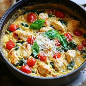 - 1 lb boneless, skinless chicken breasts, cut into bite-sized pieces - 1 cup orzo pasta - 2 tablespoons olive oil - 1 medium onion, diced - 3 cloves garlic, minced - 1 cup cherry tomatoes, halved - 1 cup baby spinach - 1 cup low-sodium chicken broth - 1 cup heavy cream - 1 teaspoon dried Italian herbs (oregano, basil, thyme mix) - Salt and pepper, to taste - ½ cup grated Parmesan cheese - Fresh basil leaves, for garnish You can swap chicken breasts for chicken thighs for a juicy taste. If you want a lighter dish, use half-and-half instead of heavy cream. Don’t have orzo? Try small pasta shapes like ditalini or even quinoa. For a dairy-free option, use coconut cream and a nutritional yeast blend. Spinach can be replaced with kale or arugula for a different green touch. To make this dish, you need a large pot or Dutch oven. A wooden spoon helps to stir the ingredients well. A sharp knife makes cutting the chicken and veggies easier. Measuring cups and spoons ensure you use the right amounts. Have a cutting board handy for prep. Finally, a serving spoon will help dish out this creamy delight once it’s ready! 1. Gather all your ingredients. This makes cooking easier and more fun. 2. Chop the onion and mince the garlic. These add great flavor. 3. Cut the chicken into bite-sized pieces. This helps it cook evenly. 4. Halve the cherry tomatoes and measure the orzo. These are key ingredients. 5. Wash the baby spinach. Fresh greens add color and nutrition. 1. Heat olive oil in a large pot over medium heat. This helps to cook the onions. 2. Add the diced onion and sauté until soft. This takes about 3-4 minutes. 3. Stir in the minced garlic for one minute. This enhances the dish's aroma. 4. Add the chicken pieces. Season with salt and pepper for taste. 5. Cook the chicken until no longer pink, about 5-6 minutes. This ensures it's safe to eat. 6. Stir in the halved cherry tomatoes and Italian herbs. Cook for 2 minutes. 7. Pour in the chicken broth and bring to a gentle boil. This adds depth of flavor. 8. Add the orzo and reduce heat to a simmer. Cover and cook for 10-12 minutes. 9. Stir occasionally to prevent sticking. This keeps the orzo tender and creamy. 10. Once the orzo is cooked, lower the heat and pour in the heavy cream. 11. Stir well to combine and fold in spinach and Parmesan cheese. This creates a rich sauce. 12. Adjust seasoning with salt and pepper if needed. Taste as you go! - Use heavy cream for the best texture. It makes the sauce rich. - Stir the cream in slowly. This helps it blend well with other ingredients. - If the sauce is too thick, add a splash of chicken broth. This keeps it creamy. - Fold in the spinach at the end. This helps it stay vibrant and fresh. - Serve hot and enjoy the creamy goodness! To boost the flavor in your One-Pot Creamy Tuscan Chicken Orzo, start with fresh herbs. Use them instead of dried ones when possible. Fresh basil adds a bright taste at the end. A squeeze of lemon juice lifts the flavors too. For depth, consider adding a dash of white wine before the broth. This adds a subtle acidity that balances the cream. Lastly, don’t skip on the seasoning. Taste often and adjust salt and pepper as needed. Be careful not to overcook the orzo. It should be al dente, not mushy. Stir it occasionally while cooking to prevent sticking. Also, when adding the cream, do it slowly. This helps keep the sauce smooth. If you add it too fast, it can curdle. Remember to let the spinach wilt just before serving. This keeps it vibrant and fresh, enhancing both the look and taste. Serve your creamy orzo right from the pot for a cozy feel. Garnish with fresh basil and extra Parmesan cheese for a pop of color. Pair it with crusty bread for dipping. This adds a fun, interactive element to your meal. You can also serve it with a light salad on the side. A simple arugula salad with lemon vinaigrette works great to balance the richness. {{image_4}} To make this dish vegetarian, swap chicken for chickpeas or mushrooms. These options add protein and texture. Use vegetable broth instead of chicken broth. The same cooking steps work well. You can still enjoy creamy orzo with fresh herbs and cheese. Want more veggies? You can easily add extra ones. Try bell peppers, zucchini, or broccoli. Just chop them into small pieces. Add them when you add the tomatoes. They will cook and soften in the pot. This gives you more flavor and nutrition in each bite. If you want to change the protein, try shrimp or turkey. Shrimp cooks quickly and adds a nice flavor. For turkey, use ground turkey or turkey breast pieces. Adjust the cooking time based on the protein you choose. This keeps the dish exciting and allows you to use what you have. You can store One-Pot Creamy Tuscan Chicken Orzo in the fridge. Put it in an airtight container. It stays fresh for 3 to 4 days. Make sure it cools down before sealing. This helps keep the dish moist and tasty. If you want to save leftovers longer, freezing is a great choice. Place the orzo in a freezer-safe container. It will last for up to 2 months. To avoid freezer burn, use plastic wrap before the lid. When you’re ready to eat, let it thaw overnight in the fridge. To enjoy your creamy orzo again, reheat it on the stove. Add a splash of chicken broth or cream. This helps revive the creamy texture. Heat it over medium-low heat, stirring often. You can also use a microwave. Heat in short bursts, stirring in between. This keeps it warm and creamy without drying it out. Yes, you can make One-Pot Creamy Tuscan Chicken Orzo in advance. Cook it, then let it cool. Store it in the fridge for up to three days. When ready to eat, heat it gently on the stove. Add a splash of broth or cream to keep it creamy. You can use half-and-half or whole milk for a lighter option. If you want it dairy-free, use coconut cream or cashew cream. These options still add creaminess but with different flavors. To serve more people, just double the ingredients. Use 2 lbs of chicken and 2 cups of orzo. Keep the other ingredients in the same proportion. This way, everyone gets a hearty serving. This dish goes well with a simple green salad. You can also serve it with crusty bread for dipping. A glass of white wine like Pinot Grigio makes a nice touch. These choices enhance the meal and make it special. You have all the tools to make One-Pot Creamy Tuscan Chicken Orzo. We covered the key ingredients and how to adjust them. I shared step-by-step cooking tips and ideas for flavor. You can even make different variations to suit your needs. Remember to store and reheat it properly. With these tips, you can enjoy a tasty meal. Dive in and make this dish your own!